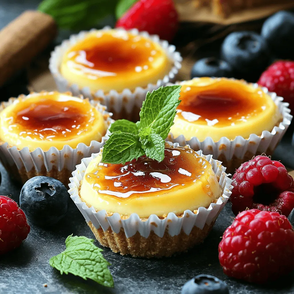 Mini Crème Brûlée Cheesecakes are a delightful twist on a classic dessert. They combine the creamy taste of cheesecake with a crunchy, caramelized topping. You can make them easily at home with the right ingredients. - 1 cup graham cracker crumbs - 3 tablespoons unsalted butter, melted - 2 tablespoons granulated sugar - 16 oz cream cheese, softened - 1 cup granulated sugar - 1 teaspoon vanilla extract - 2 large eggs - 1 cup heavy cream - 2 tablespoons brown sugar (for topping) If you need to make swaps, here are some ideas: - Use cookie crumbs instead of graham crackers for a different crust. - Swap unsalted butter with coconut oil for a dairy-free option. - You can replace cream cheese with a vegan cream cheese for a plant-based version. - Use maple syrup instead of granulated sugar for a unique flavor. These substitutions keep the essence of the dessert while allowing you to cater to your needs. Feel free to experiment! Baking the Graham Cracker Crust Start by preheating your oven to 325°F (163°C). In a medium bowl, mix 1 cup of graham cracker crumbs, 3 tablespoons of melted butter, and 2 tablespoons of granulated sugar. Stir this mix until the crumbs are coated. Next, press the crumb mixture evenly into the bottom of 12 muffin cups lined with paper liners. Bake these for 10 minutes. Once done, take them out and let them cool. Mixing the Cheesecake Batter In a large bowl, beat 16 oz of softened cream cheese until it’s smooth. Gradually add 1 cup of granulated sugar while mixing. Then, pour in 1 teaspoon of vanilla extract. Add 2 large eggs, mixing well after each one. Finally, slowly add 1 cup of heavy cream and mix on low until your batter is creamy. Cooling and Chilling Tips Divide the cheesecake batter evenly into the baked crusts, filling each about 2/3 full. Bake for 25-30 minutes. The centers should be set but still slightly jiggly. After baking, let them cool to room temperature. Then, refrigerate the cheesecakes for at least 4 hours, or overnight if you have time. This helps them set completely. Caramelizing the Topping Before serving, sprinkle a thin layer of brown sugar over each cheesecake. Using a kitchen torch, carefully caramelize the sugar until it turns golden and crispy. If you don’t have a torch, you can broil them in the oven for a couple of minutes. Make sure to watch them closely, so they don’t burn. For the full recipe, check the provided link. To make the best mini crème brûlée cheesecakes, avoid common mistakes. Here are some tips: - Overmixing the Batter: Mix just until smooth. Overmixing adds too much air, leading to cracks. - Skipping the Cooling Step: Always cool the cheesecakes to room temperature before chilling. This helps them set evenly. - Not Preheating the Oven: Make sure your oven is at the right temperature before baking. This ensures proper rising. Garnish your mini cheesecakes for a beautiful finish. Here are some ideas: - Fresh Berries: Add raspberries or strawberries on top. They add color and freshness. - Mint Leaves: A sprig of mint gives a nice touch. It also adds a hint of flavor. - Chocolate Shavings: For a rich look, sprinkle some chocolate shavings on top. Using the right tools makes your baking easier. Here are some recommended kitchen tools: - Muffin Tin: Choose a standard muffin tin for perfect portions. - Mixing Bowls: Have a few different sizes for mixing ingredients. - Kitchen Torch: Use this to caramelize the sugar. If you don’t own one, a broiler works too. - Spatula: A rubber spatula helps you mix and scrape the bowl clean. For the complete recipe, check out the Full Recipe section. {{image_2}} You can make mini crème brûlée cheesecakes even better by adding fruit or chocolate. Fresh berries like strawberries or raspberries brighten up the flavor. You could also add chocolate chips for a rich twist. Just fold in about half a cup of your chosen fruit or chocolate into the cheesecake batter before baking. This small change adds a fun surprise in every bite. If you need gluten-free or dairy-free options, you can still enjoy these treats. For a gluten-free crust, use crushed gluten-free cookies or oats instead of graham crackers. To make it dairy-free, swap cream cheese with a dairy-free alternative, like cashew cream. Coconut cream works well as a substitute for heavy cream. These adaptations keep the fun without losing flavor. Want to serve your cheesecakes in a different way? Try mini cheesecake parfaits or jars. Layer the crust, cheesecake filling, and toppings in clear jars. This makes a pretty display for parties or gatherings. You can even add granola or more fruit between the layers. It's a fun way to enjoy this classic dessert. For the full recipe, check out the detailed instructions above! Store your mini crème brûlée cheesecakes in the fridge. They stay fresh for up to five days. Keep them in an airtight container to prevent drying out. If you leave them uncovered, they may absorb other smells from the fridge. To serve, just take them out and enjoy! You can freeze these mini cheesecakes too! Wrap each one tightly in plastic wrap. Place them in a freezer-safe container. They can last up to two months in the freezer. When you want to eat them, take them out and place them in the fridge overnight. This method helps them thaw slowly. Avoid using the microwave, as it might change the texture. Enjoy your tasty treat whenever you like! For the full recipe, check out the complete details above. Can I make these cheesecakes ahead of time? Yes, you can make mini crème brûlée cheesecakes ahead of time. They taste great after chilling. I recommend making them a day before serving. This way, the flavors have time to blend. Just store them in the fridge until you are ready to serve. Why is my cheesecake cracking? Cracks in your cheesecake can happen for a few reasons. First, if you bake it too long, it can dry out and crack. Make sure to check for doneness. You want the centers to be slightly jiggly. Another tip is to avoid over-mixing your batter. Mixing too much can add air, which creates cracks as it bakes. Do these cheesecakes need to be served cold? These mini cheesecakes are best served cold. Chilling them helps set the texture. It also makes the topping crisp and nice. Before serving, you can torch the sugar for that classic brûlée effect. This gives a warm contrast to the cold cheesecake. Enjoy them chilled for the best experience! I covered everything you need to know about making mini crème brûlée cheesecakes. You learned the key ingredients, step-by-step instructions, and vital tips for success. We also explored fun variations and how to store your treats. Each part helps you create a tasty dessert that impresses. Remember, practice makes perfect, so don’t be afraid to experiment. Enjoy making these delightful cheesecakes, and share them with friends and family!