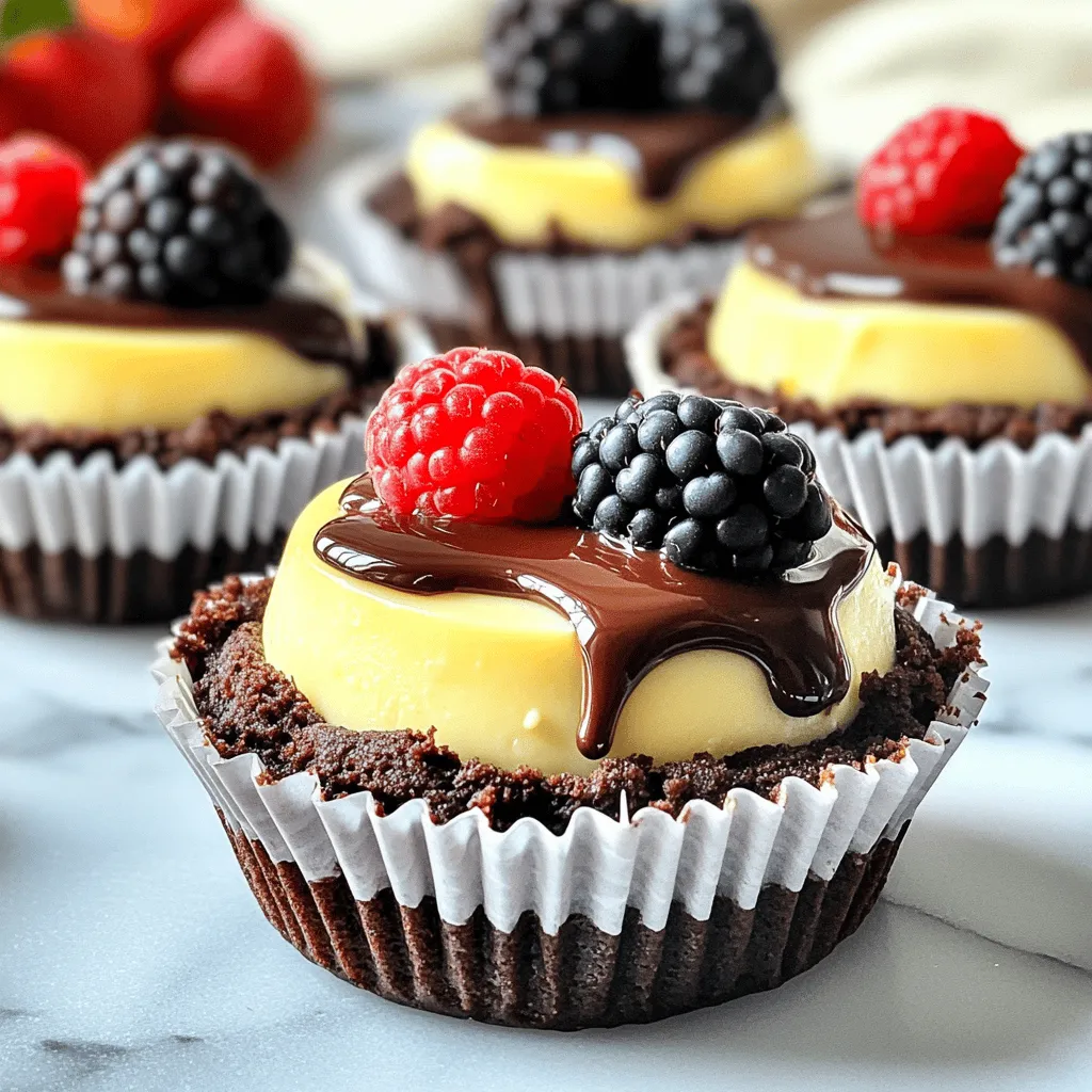 To make these mini cheesecakes, gather the following ingredients: - 1 cup brownie mix - 1/4 cup butter, melted - 1 egg - 8 oz cream cheese, softened - 1/2 cup granulated sugar - 1 teaspoon vanilla extract - 1 large egg - 1 tablespoon all-purpose flour - 1/4 cup sour cream These ingredients work together to create a rich and tasty treat. The brownie mix forms a sweet, fudgy base. The cream cheese gives a smooth, creamy topping. To make your mini cheesecakes even more special, consider these toppings: - Chocolate sauce - Fresh berries - Whipped cream Adding toppings not only enhances the flavor but also makes them look stunning. A drizzle of chocolate adds richness. Fresh berries bring a nice contrast with their tartness. You can make some swaps if you need to: - Use a gluten-free brownie mix for a gluten-free option. - Replace cream cheese with Greek yogurt for a lighter version. - Swap sour cream for plain yogurt if you prefer. These options keep the flavors but change the texture and health aspects. Feel free to experiment based on what you have at home. For the full recipe, check out the complete guide on making these delightful mini cheesecakes. To start, we need a rich brownie base. Grab a bowl and mix together: - 1 cup brownie mix - 1/4 cup butter, melted - 1 egg Stir until the mixture is thick and smooth. This step is key for a fudgy base. Next, take a muffin tin and line it with paper liners. Spoon about 1 tablespoon of the brownie mix into each liner. Make sure to smooth the top slightly with a spatula. Bake these for 10 minutes at 350°F (175°C). The smell will be amazing! Once baked, let them cool for a bit while you make the filling. Now, let’s whip up the cream cheese filling. In a large bowl, beat 8 oz of softened cream cheese until it’s creamy. Slowly add: - 1/2 cup granulated sugar - 1 teaspoon vanilla extract - 1 large egg - 1 tablespoon all-purpose flour - 1/4 cup sour cream Mix this until it’s smooth and free of lumps. The filling should be thick and velvety. This is where the magic happens! Pour the creamy filling over the cooled brownie bases, filling each liner about 3/4 full. It's time to bake again! Place the muffin tin back in the oven and bake for an additional 15-18 minutes. Keep an eye on them. The centers should be set but might jiggle a bit. Once done, turn off the oven and crack the door open. Let the cheesecakes cool for about 30 minutes inside the oven. This helps prevent cracks on top. After that, transfer them to the fridge for at least 2 hours. This cooling time is crucial for the perfect texture. You can now enjoy the full recipe anytime! To keep your cheesecakes smooth, avoid overmixing. While mixing, stop as soon as you see no lumps. Also, use room-temperature cream cheese. Cold cream cheese can cause lumps and cracks. Another tip is to lower the oven temperature slightly. Baking at a lower temp helps set the cheesecake without cracking. Bake your cheesecakes until the edges are firm but the center is slightly jiggly. This ensures a creamy texture. After baking, turn off the oven and leave the door cracked. This cools the cheesecakes slowly, reducing the chance of cracks. Finally, chill them in the refrigerator for at least two hours to set properly. Presentation makes your mini cheesecakes look even more tempting. Top each one with a drizzle of chocolate sauce or some fresh berries. A dollop of whipped cream adds a lovely touch too. Arrange them on a decorative plate for a stunning display. Don’t forget to share the Full Recipe with friends; they’ll love these treats! {{image_2}} You can easily change the flavors of your brownie bottom mini cheesecakes. Adding chocolate chips gives a rich texture. Try mixing in 1/2 cup of mini chocolate chips with the cream cheese filling. For a fruity twist, fold in fresh berries like raspberries or strawberries. You can also use pureed fruit for a smooth texture. If you love spices, consider adding a pinch of cinnamon or nutmeg to the filling. These flavors will create a delightful surprise in every bite. If you need a gluten-free option, don’t worry! You can use gluten-free brownie mix instead of regular mix. This swap keeps the taste and texture similar. For the cream cheese filling, just make sure your ingredients, like flour, are certified gluten-free. It’s an easy way to enjoy these treats without gluten. You can create mini cheesecakes inspired by your favorite desserts. For a s'mores flavor, mix in some graham cracker crumbs into the brownie base. Top the cheesecakes with mini marshmallows and a drizzle of chocolate sauce. If you love pumpkin pie, add pumpkin puree and spices to the cream cheese filling. This gives a nice fall flavor. Each of these variations adds a new twist, making every batch special. For the full recipe, check out the details above. To keep your brownie bottom mini cheesecakes fresh, store them in an airtight container. Place them in the refrigerator for up to five days. This keeps them cool and tasty. If you use toppings like berries or whipped cream, add them just before serving. That way, they stay fresh and look nice. You can freeze these mini cheesecakes for later enjoyment. To do this, let them cool completely first. Then, wrap each cheesecake in plastic wrap. After that, place them in a freezer-safe bag or container. They will keep well for about three months. When you want to eat them, just take them out and let them thaw in the fridge overnight. If you want to warm up your mini cheesecakes, the best way is to use a microwave. Place one cheesecake on a microwave-safe plate. Heat it for about 10 to 15 seconds. This warms them up without cooking them more. Enjoy them warm, or serve cold for a refreshing treat. For the full recipe, check the earlier sections and enjoy making these delicious bites! Yes, you can make the brownie bottom ahead of time. Just bake it and let it cool completely. After cooling, store it in an airtight container. You can keep it in the fridge for up to three days. This gives you more time to prepare the cream cheese filling later. If your cheesecakes are too runny, they likely need more time in the oven. Check if they are set by gently shaking the pan. If they jiggle too much, bake them a little longer. Another tip is to ensure your cream cheese is well softened and mixed. This helps create a thicker filling. Mini cheesecakes last about five days in the fridge. Store them in an airtight container to keep them fresh. If you want them to last longer, consider freezing them. Just wrap each cheesecake tightly in plastic wrap before freezing. In this guide, we explored making brownie bottom mini cheesecakes. We covered essential ingredients, tips for a smooth bake, tasty variations, and proper storage. Remember, you can swap ingredients for your personal touch. With care, you’ll create a cheesecake that wows. Enjoy sharing these treats with friends and family. Happy baking!