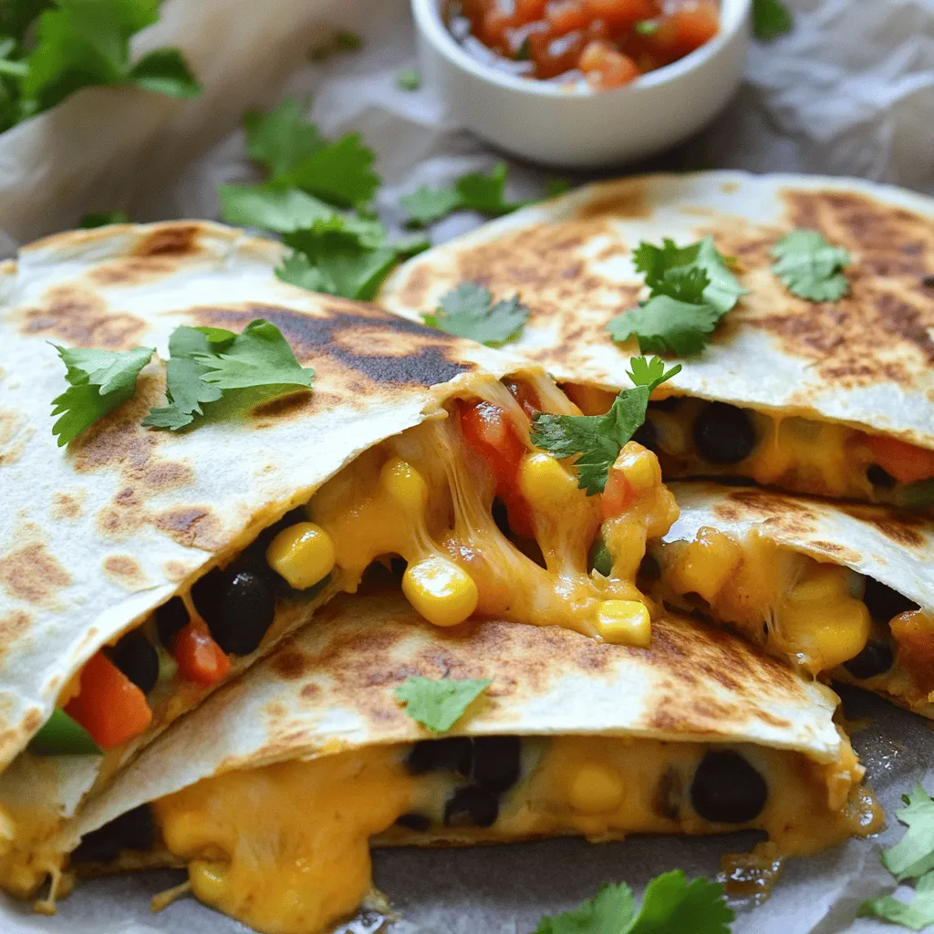To make the best air fryer quesadillas, you'll need the following: - 4 flour tortillas - 1 cup shredded cheddar cheese - 1 cup shredded mozzarella cheese - 1/2 cup cooked black beans, rinsed and drained - 1/2 cup corn kernels (fresh or frozen) - 1/2 bell pepper, finely chopped - 1/4 cup red onion, finely chopped These ingredients come together to create a creamy and crispy treat. The cheese melts perfectly, while the beans and corn add texture and flavor. You can change up your quesadillas with some fun extras: - Different types of cheese, like pepper jack or gouda - Additional vegetables, like spinach or mushrooms - Protein options like chicken or beef Feel free to mix and match based on what you like. This way, every quesadilla can be unique. Spices can elevate your quesadillas. Here are some key ones: - 1 teaspoon ground cumin - 1 teaspoon chili powder - Salt and pepper to taste These spices add warmth and depth. They help to make each bite flavorful and satisfying. For the full recipe, check out the Cheesy Fiesta Air Fryer Quesadillas! Preheat your air fryer to 375°F (190°C). This step takes about five minutes. A hot air fryer helps the quesadillas cook evenly. To get the best results, clean the basket before you start. A clean basket prevents sticking and makes cleanup easy. In a big bowl, mix the filling ingredients. Combine the cheeses, black beans, corn, bell pepper, red onion, cumin, chili powder, salt, and pepper. Stir until everything blends well. Take one flour tortilla and lay it flat. Place about half a cup of the mixture on one side, leaving space around the edges. Fold the tortilla over to make a half-moon shape. Repeat this process for the rest of the tortillas. Lightly spray the air fryer basket with cooking spray to avoid sticking. Place two quesadillas in the basket. Make sure to keep them in a single layer. Overcrowding can lead to uneven cooking. Cook the quesadillas for eight to ten minutes. Flip them halfway through to ensure they brown evenly. Once done, they should look golden and crispy. Let them cool for a minute before cutting them into wedges. To get that nice crispy texture, cook your quesadillas at 375°F (190°C) for 8-10 minutes. Flip them halfway through. This ensures even cooking. Use cooking spray on both sides of the quesadillas. This helps them crisp up nicely and prevents sticking. One common mistake is overcrowding the air fryer. If you add too many quesadillas, they won’t cook evenly. Always cook in a single layer. Another mistake is under-seasoning. Make sure to add enough salt, pepper, and spices to the filling. This will enhance the flavor and make every bite tasty. To make your quesadillas look great, garnish them with fresh cilantro. This adds color and freshness. You can also serve them with salsa and sour cream. These dips add flavor and make the meal more enjoyable. For a fun twist, try adding guacamole or a spicy sauce on the side. For the full recipe, check out the Cheesy Fiesta Air Fryer Quesadillas. {{image_2}} You can make your quesadillas even more tasty by adding more vegetables. Try adding spinach, mushrooms, or zucchini. These veggies cook well in the air fryer and add great flavor. You can also use dairy-free cheese options. Brands like Daiya or Follow Your Heart melt nicely. They keep your quesadillas creamy without dairy. If you crave meat, add chicken, beef, or shrimp to your quesadilla. Cooked chicken works well, and seasoned ground beef adds great flavor. Shrimp cooks quickly and gives a nice twist. For seasoning, use taco seasoning or a mix of cumin and paprika. This adds depth and makes your meaty quesadillas pop. For a gluten-free option, choose corn or almond flour tortillas. These alternatives taste great and work well in the air fryer. You may need to adjust cooking time, as some gluten-free tortillas cook faster. Always check for doneness to ensure your quesadillas are crispy and delicious. To keep your leftover quesadillas fresh, use airtight containers. Glass or plastic containers work well. Make sure to separate layers with parchment paper. This helps avoid sticking. Store them in the fridge for up to three days. To enjoy your quesadillas again, the air fryer is the best method. Heat it to 350°F (175°C). Place the quesadillas in the basket. Cook for 3 to 5 minutes. They will get crispy again! If you don't have an air fryer, you can use a skillet. Heat the skillet on medium. Cook the quesadillas for about 2 to 3 minutes on each side. Freezing quesadillas is easy! First, let them cool completely. Then, wrap each one in plastic wrap. Place them in a freezer-safe bag. They can last up to three months in the freezer. When you want to eat them, remove them from the bag. Let them thaw in the fridge overnight. For cooking, use the air fryer or skillet as mentioned above. This will give you a tasty meal in no time! Yes, you can make air fryer quesadillas in advance. Prepare the quesadillas and let them cool. Then, store them in an airtight container in the fridge. They last about three days. For best taste, reheat them in the air fryer for a few minutes. To make quesadillas crispy without an air fryer, try using a skillet. Heat a non-stick pan over medium heat. Add a little oil before placing the quesadilla in the pan. Cook for about three to four minutes on each side until golden and crispy. The best fillings for quesadillas include: - Cheddar and mozzarella cheese - Cooked chicken or beef - Black beans and corn - Bell pepper and red onion - Spinach and mushrooms Feel free to mix and match based on your taste! Yes, you can use different types of tortillas. Corn tortillas add a nice flavor. Whole wheat tortillas give a healthy twist. You can even try spinach or tomato tortillas for fun colors. Each type changes the taste a bit, so choose what you like best. Air fryer quesadillas are simple and fun to make. We covered key ingredients, from tortillas to cheeses and proteins. I shared tips for crispiness and common mistakes to avoid. You can customize your quesadillas with different fillings or make them vegetarian or gluten-free. Remember, proper storage helps keep leftovers fresh. Whether you enjoy them now or later, these tips will enhance your quesadilla experience. Get creative and enjoy every bite!