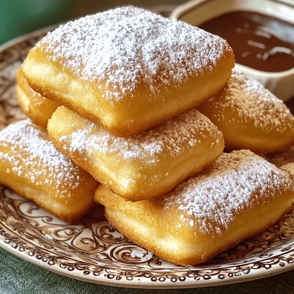To make fluffy vanilla French beignets, gather these simple ingredients: - 2 cups all-purpose flour - 2 tablespoons granulated sugar - 1 tablespoon baking powder - 1/2 teaspoon salt - 1/2 teaspoon vanilla extract - 1 large egg - 3/4 cup whole milk - 2 tablespoons unsalted butter, melted - Oil for frying - Powdered sugar for dusting These ingredients are key to achieving that light and airy texture. The flour gives structure, while the baking powder adds the lift. The sugar balances the flavors and enhances sweetness. Vanilla extract adds a lovely aroma. The egg and milk work together to create a rich batter. Don't skip the powdered sugar; it adds a sweet finish! When you gather your ingredients, make sure they are fresh. Fresh ingredients make a big difference in taste and texture. For best results, use whole milk and high-quality butter. If you want to see the complete process, check out the Full Recipe. Now, let’s get ready to whip up some delicious beignets! - Whisk together dry ingredients: In a large bowl, mix the flour, sugar, baking powder, and salt. Make sure they are well combined. This step helps create a light texture. - Mix wet ingredients separately: In another bowl, beat the egg. Then, add the milk, melted butter, and vanilla extract. Stir until everything is smooth. This blend adds flavor and moisture to your beignets. - Combine wet and dry ingredients: Gradually add the wet mix to the dry mix. Stir gently until just combined. The dough should be slightly sticky. Avoid over-mixing; this keeps your beignets fluffy. - Resting the dough: Cover the dough with a clean kitchen towel. Let it rest for about 30 minutes at room temperature. This helps the dough rise and become airy. - Frying the beignets: Heat oil in a deep pot or fryer to 350°F (175°C). On a floured surface, roll out the dough to about 1/2 inch thick. Cut the dough into squares, about 2 inches each. Carefully drop the squares into the hot oil. Fry them for about 2-3 minutes on each side until golden brown. - Draining and dusting: Use a slotted spoon to remove the beignets. Place them on a paper towel-lined plate to drain excess oil. While still warm, dust them generously with powdered sugar. This adds sweetness and a nice finish to your beignets. For the full recipe, you can refer to the instructions above. Enjoy your delightful snack treat! To make the best fluffy vanilla French beignets, pay attention to a few key points. - Avoiding over-mixing: When you mix the wet and dry ingredients, stir gently. You want a lumpy dough, not a smooth one. Over-mixing makes the beignets tough. - Ideal frying temperature: Heat your oil to 350°F (175°C). Use a thermometer for accuracy. If the oil is too hot, the outside cooks fast, while the inside stays raw. If it’s too cool, the beignets soak up oil and become greasy. - Timing for frying: Fry the beignets for about 2-3 minutes on each side. Watch them closely. They should turn golden brown and puff up nicely. Your beignets deserve a beautiful display. - Serving suggestions: Stack the beignets on a nice plate. This makes them look inviting. You can also serve them in a basket lined with a cloth for a rustic feel. - Garnishing ideas: Dust the beignets with powdered sugar right before serving. For extra flair, add a sprinkle of cinnamon or cocoa powder on top. - Pairing options: Offer a side of chocolate sauce or fresh fruit preserves. They provide a tasty dip that complements the sweetness of the beignets. For the full recipe and more details, check the Full Recipe section. Enjoy your cooking! {{image_2}} You can easily change the flavor of your beignets. Adding spices can create a warm taste. Consider using cinnamon or nutmeg for a cozy twist. Just a pinch can make a big difference. You can also infuse different extracts. Almond extract gives a nice nutty flavor. Chocolate extract adds a rich, sweet depth. Experiment with these options to find your favorite. If you need gluten-free options, use a gluten-free flour blend. This way, everyone can enjoy them. Just check for a blend that works well in baking. For vegan alternatives, replace the egg with a flaxseed meal. Mix one tablespoon of flaxseed with three tablespoons of water. Let it sit until it thickens. You can also swap the milk with almond or oat milk. These choices keep the beignets tasty and suitable for all diets. To keep your beignets fresh, store them in an airtight container. This helps keep them soft. Place a paper towel at the bottom to absorb any moisture. You can keep them at room temperature for up to two days. If you want to store them longer, freezing is a great option. For freezing, let the beignets cool completely first. Wrap each one in plastic wrap, then place them in a freezer bag. They can last up to three months in the freezer. When you're ready to enjoy them, just take out the number you want. To keep your beignets fluffy when reheating, use the oven. Preheat your oven to 350°F (175°C). Place the beignets on a baking tray and heat for about 5 to 10 minutes. This keeps the outside crisp while warming the inside. If you're in a hurry, you can use a microwave. Place a beignet on a microwave-safe plate and cover it with a damp paper towel. Heat for about 10 to 15 seconds. This method works but may not keep the texture as nice as the oven. Enjoy your Fluffy Vanilla French Beignets from the Full Recipe! Can I make the dough ahead of time? Yes, you can make the dough ahead of time. Just cover it well and place it in the fridge. It can stay fresh for up to 24 hours. When you're ready to fry the beignets, let the dough warm up. This makes it easier to roll out. What type of oil is best for frying? The best oils for frying are canola oil or vegetable oil. They have high smoke points, which means they can get hot without burning. This helps the beignets fry evenly and become golden brown. How do I achieve the perfect fluffiness? To get fluffy beignets, avoid over-mixing the dough. Mix just until the ingredients come together. Let the dough rest for 30 minutes. This gives the baking powder time to work and makes the beignets light and airy. In this post, we covered making tasty beignets. We listed ingredients and shared steps to cook them just right. I provided tips for perfecting the recipe and adding fun flavors. You can even store and reheat beignets for later. Remember, great cooking takes practice. Enjoy the process and share your beignets with friends. With these tips, you'll impress everyone. Happy cooking!