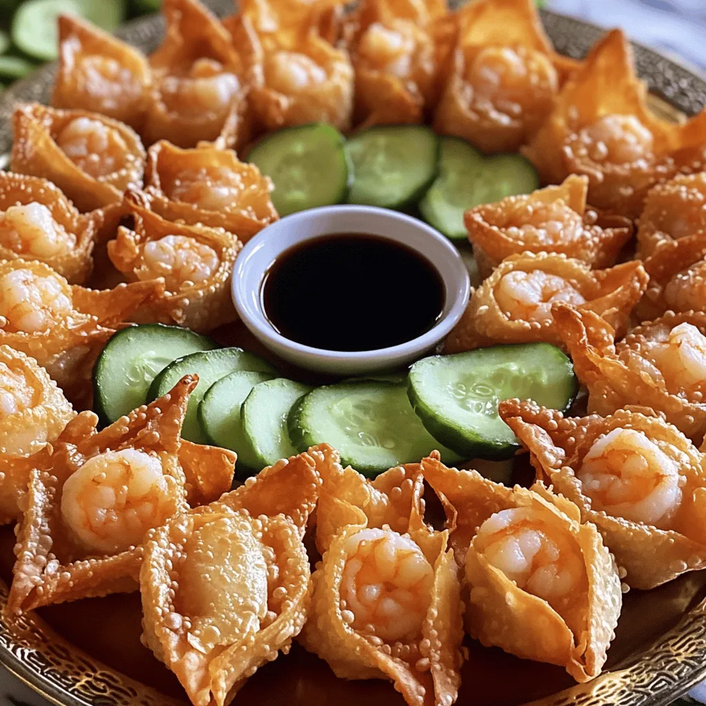 To make Easy Shrimp Rangoon, you will need the following ingredients: - 8 oz cream cheese, softened - 1 cup cooked shrimp, chopped - 2 green onions, finely chopped - 1 teaspoon garlic powder - 1 teaspoon soy sauce - 1 package of wonton wrappers (about 30 sheets) - Vegetable oil, for frying - Salt and pepper, to taste These ingredients create a creamy and flavorful filling. The wonton wrappers give a nice crisp when fried. If you don’t have cream cheese, you can use ricotta or goat cheese. For shrimp, try using crab or even chicken. For a vegan version, swap cream cheese for tofu or a dairy-free cream cheese. You can also use jackfruit to mimic the texture of shrimp. Using fresh shrimp makes a big difference. Fresh shrimp has a better taste and texture than frozen. It adds a lovely sea flavor to your rangoon. Fresh green onions also enhance the dish. They provide crunch and a fresh taste. Make sure to use the best quality ingredients for the best results. To start, gather your ingredients. You will need cream cheese, chopped shrimp, green onions, garlic powder, soy sauce, salt, and pepper. In a mixing bowl, combine the softened cream cheese, chopped shrimp, and green onions. Add garlic powder, soy sauce, salt, and pepper. Mix well until smooth. Aim for a creamy texture that holds together but isn’t too thick. This makes it easy to fill the wrappers. Now, let’s wrap those wonton skins. Lay them out on a clean surface. Place about 1 teaspoon of the shrimp mixture in the center of each wrapper. Moisten the edges with a little water using your fingers. Fold the wrapper over to form a triangle. Press the edges firmly to seal. This helps avoid leaks during frying. If you want, you can also create little pleats for a fancy touch. Next, it’s time to cook your rangoon. Heat vegetable oil in a deep frying pan over medium-high heat. Wait until the oil reaches about 350°F. Carefully place a few rangoon in the hot oil. Be sure not to overcrowd the pan. Fry the rangoon for 2-3 minutes on each side. You want them golden brown and crispy. Use a slotted spoon to remove them and drain on paper towels. Repeat this process with the remaining wrappers and filling. Serve your rangoon warm with sweet and sour sauce or soy sauce for dipping. Enjoy your crispy, flavorful delight! To get that perfect crunch, oil temperature is key. Heat your vegetable oil to about 350°F. Use a thermometer to check. If the oil is too cool, the rangoon will soak up oil and become soggy. If it’s too hot, they will burn outside and stay raw inside. Fry each rangoon for 2-3 minutes on each side. Watch for a golden brown color. This shows they are crispy and ready. Avoid overcrowding the pan. Fry in small batches to keep the oil hot. This way, your rangoon stays crispy. Dipping sauces make shrimp rangoon even better. Sweet and sour sauce is a classic choice. Soy sauce adds saltiness and depth. You can try spicy mayo or chili sauce for a kick. For a nice presentation, arrange the fried rangoon on a platter. Garnish with thinly sliced cucumbers or green onions. Place a small bowl of dipping sauce in the center. This makes it look inviting and fun. One common mistake is overfilling the wonton wrappers. Use only about 1 teaspoon of filling. If you add too much, the rangoon may burst while frying. Another mistake is not sealing the edges properly. Moisten the edges of the wrappers with water. Press them firmly to seal. This keeps the filling inside while frying. These small steps help ensure your shrimp rangoon turns out great every time. {{image_2}} You can boost the flavor of your shrimp rangoon in fun ways. Adding fresh herbs like cilantro or basil gives a bright taste. These herbs add freshness that pairs well with the creamy filling. You can also try spices like cayenne or paprika for a kick. These spices create a new layer of flavor that excites the palate. Mixing in different cheese varieties can also add depth. Creamy goat cheese or sharp cheddar can make the filling richer. Each cheese brings its own character, enhancing the overall taste. If you want a lighter option, consider baking instead of frying. Baking uses less oil and still gives a nice crisp. Simply brush the rangoon with oil and bake until golden. You can also use whole grain or low-carb wrappers. These alternatives can make your dish healthier while keeping it tasty. You can customize the filling based on local ingredients. For example, in the South, you might add a bit of crab or crawfish. This twist gives your rangoon a unique local flair. You can also explore Asian-inspired versions. Adding sesame oil or water chestnuts can create a different texture and flavor. Each region offers something special for your shrimp rangoon. For a full recipe, check out the Easy Shrimp Rangoon. To keep your shrimp rangoon fresh, place them in an airtight container. This works best for short-term refrigeration. Make sure to let them cool before sealing. Store them in the fridge for up to three days. If you want to save them for later, freezing is a great option. Arrange the cooked rangoon on a baking sheet. Freeze them until solid, then transfer to a freezer bag. This way, you can keep them for up to three months. When it's time to enjoy your leftover rangoon, you want them crispy again. The best way to reheat them is in the oven. Preheat your oven to 375°F. Place the rangoon on a baking sheet and bake for about 10-15 minutes. You can also use an air fryer. Set it to 350°F and heat for 5-7 minutes. This method keeps the outside crisp and the inside warm. Understanding how long your shrimp rangoon lasts helps avoid waste. In the fridge, they last about three days. In the freezer, they can last up to three months. Always check for signs of spoilage. If you see any mold or an off smell, it’s best to throw them away. Keeping an eye on your food helps you stay safe and enjoy your meals. For the full recipe, please refer to the Easy Shrimp Rangoon section above. Yes, you can prepare these tasty treats in advance. To do this, make the filling and fill the wonton wrappers. Place them on a baking sheet, making sure they don’t touch. You can freeze them for later use. Just be sure to freeze them on the sheet first, then transfer them to a freezer bag. This way, they won’t stick together. When ready to cook, fry them straight from the freezer. They will still taste fresh and delicious! You can absolutely use cooked shrimp! In fact, it works great. Just chop the shrimp into small pieces. This helps spread the flavor throughout the filling. If you want more flavor, you can sauté the shrimp with a little garlic before mixing it with the cream cheese and other ingredients. This adds a nice depth to your shrimp rangoon. Shrimp rangoon pairs well with many dishes. You might enjoy serving them with sweet and sour sauce. Soy sauce is also a great dip. For a full meal, consider adding fried rice or stir-fried veggies. These options complement the rangoon well. You can also serve a fresh salad for a light touch. The crispness of the salad balances the rich filling of the rangoon. Easy Shrimp Rangoon is simple to make with fresh ingredients. We reviewed each item like shrimp, cream cheese, and wonton wrappers. You learned tips for cooking, wrapping, and achieving crispiness. Substitutions and variations let you get creative, too. Remember to avoid common mistakes for the best results. Store leftovers properly and reheat them for quality. With these steps, you can enjoy delicious shrimp rangoon any time. Give it a try and impress your friends!