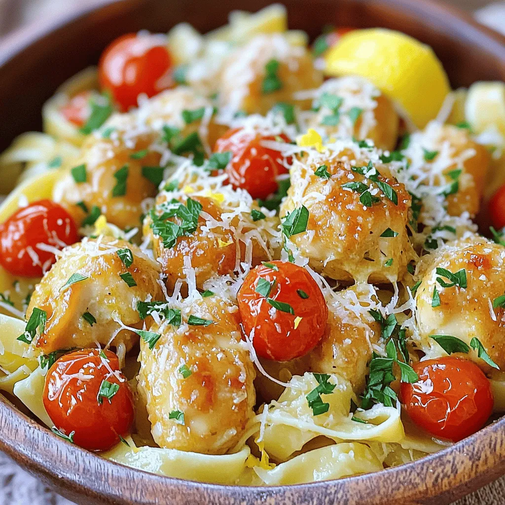 - Chicken and Pasta - 1 lb boneless, skinless chicken breasts, cut into bite-sized pieces - 8 oz pasta (preferably fettuccine or linguine) - Garlic and Seasonings - 4 cloves garlic, minced - 3 tablespoons unsalted butter - 1 teaspoon smoked paprika - 1 teaspoon Italian seasoning - Salt and pepper to taste - Garnishes and Optional Add-Ons - 1 cup cherry tomatoes, halved - 1/2 cup grated Parmesan cheese - Fresh parsley, chopped, for garnish - Zest of 1 lemon - Common Kitchen Staples for the Recipe - You will need olive oil, salt, and black pepper. These add great flavor. - Substitutions for Dietary Needs - For a gluten-free option, use gluten-free pasta. - For a dairy-free version, use a dairy-free butter and cheese. This dish is simple and fun to make. You can always adjust the ingredients to suit your taste. For the full recipe, check out the details above. Boiling and Draining To start, fill a large pot with water. Add a generous pinch of salt. Bring the water to a rolling boil. Once boiling, add your pasta. Cook it according to the package instructions. This usually takes about 8-10 minutes. Stir occasionally to prevent sticking. When it’s done, drain the pasta using a colander, but save 1/2 cup of that pasta water. This water is gold for our sauce! Importance of Al Dente Texture Cooking pasta al dente means it’s firm to the bite. This texture adds a nice contrast to the tender chicken. It also helps the pasta hold onto the garlic butter sauce better. If you overcook it, your pasta may become mushy. Keep an eye on the clock and taste it as it cooks! Tips for Perfectly Cooked Chicken For perfect chicken, start with small, bite-sized pieces. This helps them cook evenly. Heat a large skillet over medium heat and melt 1 tablespoon of butter. Add the chicken pieces in a single layer. Avoid overcrowding the pan. Cook for 5-7 minutes, turning them halfway through. You want them golden and cooked through. How to Season for Flavor Seasoning is key! Use smoked paprika and Italian seasoning for a lovely flavor. Sprinkle salt and pepper over the chicken as it cooks. This builds a great taste right into the meat. Don’t rush this step; good seasoning makes a dish shine! Achieving the Right Flavor Balance After you remove the chicken, keep that tasty skillet. Add 2 more tablespoons of butter and turn the heat down to low. This lets the butter melt gently. We want to keep its flavor intact. Cooking the Garlic to Perfection Next, add minced garlic to the butter. Sauté it for just 1-2 minutes. Keep stirring to prevent burning. Once it’s fragrant, you know it’s ready. Garlic brings a warm, rich flavor to our dish. Mixing with Pasta and Adjusting Consistency Now, it’s time to bring everything together. Add the cooked chicken back into the skillet, along with the halved cherry tomatoes. Toss gently to mix. Then, add the drained pasta. If it looks too dry, pour in some reserved pasta water. This helps create a nice sauce. Final Touches Before Serving Remove the skillet from heat and stir in the grated Parmesan cheese and lemon zest. This adds a creamy texture and a fresh kick. Taste, and adjust seasoning if needed. Serve it hot, garnished with fresh parsley for a pop of color! For the full recipe, check out the complete cooking instructions. To make great chicken bites, cook them at medium heat. This helps them brown nicely. Use a meat thermometer to check if they reach 165°F (75°C). This ensures they are safe to eat. If you cook them too fast, they might dry out. To avoid dry chicken, don't overcook it. After cooking, let the chicken rest for a few minutes. This helps keep the juices inside. If you cut it too soon, the juices will run out, making it dry. To boost flavor, you can add fresh herbs like basil or thyme. These herbs bring a nice taste to the dish. You can also try adding crushed red pepper for a little heat. Using fresh ingredients is key. Fresh garlic has a stronger flavor than dried. Always taste your dish as you cook. This helps you adjust flavors to your liking. For a beautiful finish, plate your pasta first, then add the chicken bites on top. This way, you can see the lovely colors. Arrange the cherry tomatoes around the dish for extra flair. Garnish with fresh parsley right before serving. A sprinkle of lemon zest adds a nice pop of color. These little touches make your dish look as good as it tastes. For the full recipe, check the details above. {{image_2}} You can switch up the protein in this dish to suit your taste. Shrimp or tofu works great. - Using Shrimp or Tofu: Shrimp cooks fast. Use medium shrimp, and add them in the last few minutes of cooking. For tofu, use firm tofu and sauté it until golden. - Adjusting Cook Times for Different Proteins: Chicken takes about 5-7 minutes. Shrimp only needs about 3-4 minutes. Tofu may take around 5-6 minutes, depending on the size of the cubes. If you want to change your pasta, you have options. Gluten-free or whole wheat pasta can be used. - Gluten-Free and Whole Wheat Options: Look for gluten-free pasta made from rice or quinoa. Whole wheat pasta adds more fiber and a nutty flavor. - Substituting with Vegetable Noodles: Zucchini or spaghetti squash can replace regular pasta. They add freshness and cut carbs. Just sauté them briefly to avoid sogginess. You can play with the flavors in this dish. Adding different veggies or sauces gives it a new twist. - Incorporating Different Vegetables: Feel free to add bell peppers, spinach, or broccoli. These veggies add color and nutrients. - Crafting Unique Sauces: Try adding a splash of soy sauce or a hint of lemon juice for a fresh kick. You can also mix in some cream for a richer sauce. For a full recipe, check out the [Full Recipe]. To store leftovers, let the dish cool first. Place the chicken and pasta in an airtight container. This keeps flavors fresh and prevents drying out. You can refrigerate it for up to three days. After that, the taste and texture may suffer. Freezing is a great option for long-term storage. First, let the dish cool completely. Then, divide it into portions and place in freezer-safe bags. Remove as much air as possible. This helps prevent freezer burn. To thaw, place it in the fridge overnight. When reheating, use a skillet over low heat. Add a splash of water or broth to keep it moist. Stir often to heat evenly. If the sauce is too thick, add more pasta water. This helps the dish return to its delicious state after freezing. Use a pasta that holds sauce well. My top picks are: - Fettuccine - Linguine - Penne These types catch the garlic butter sauce nicely. Fettuccine and linguine offer a great surface for the sauce. Penne adds a fun twist with its shape. Yes, you can prepare this dish ahead. Here are some tips for meal prep: - Cook the chicken and pasta separately. - Store them in airtight containers. - Combine them before serving. This method keeps everything fresh. Reheat gently on the stove with a splash of water. Absolutely! To make it more appealing for kids, try these tips: - Use mild seasonings. - Add extra cheese for flavor. - Include their favorite veggies. These changes can make the dish more fun for younger eaters. If you want some heat, consider these ideas: - Add red pepper flakes to the garlic butter. - Use a spicy seasoning blend. - Mix in sliced jalapeños or fresh chili. These options will give your garlic butter chicken bites a nice kick. Enjoy the extra flavor! In this post, I covered how to make delicious garlic butter chicken bites. We explored essential ingredients, pantry staples, and cooking steps. I shared tips for perfect chicken and flavorful sauce. You learned about variations, storage options, and helpful FAQs. Remember, cooking is fun. Experiment with flavors and enjoy the process. The more you practice, the better you’ll become. Enjoy your meal and impress everyone with your skills!
