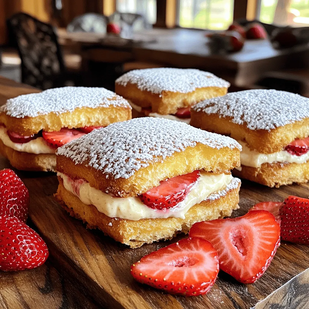 - 8 slices of brioche bread - 1 cup cream cheese, softened - 1/3 cup powdered sugar - 1 teaspoon vanilla extract - 1 cup fresh strawberries, hulled and sliced - 1 cup crushed graham crackers - 2 large eggs - 1/4 cup milk - 1 teaspoon cinnamon - Vegetable oil for frying - Extra powdered sugar for dusting To make Fried Strawberry Cheesecake Sandwiches, gather these ingredients. The brioche bread gives a nice, soft base. Cream cheese adds richness, while powdered sugar sweetens the filling. Vanilla extract gives a lovely flavor. Fresh strawberries add a fruity touch that brightens every bite. Crushed graham crackers provide a crunchy coating. Eggs and milk create a batter that helps the coating stick. Cinnamon adds warmth and flavor. The vegetable oil is essential for frying. Lastly, extra powdered sugar makes for a sweet finish on top. You can prepare these sandwiches in about 15 minutes and cook them in about 15 minutes more. This recipe serves four. Enjoy these delightful treats with friends or family! Start by getting a medium bowl. Add the cream cheese, powdered sugar, and vanilla extract. Use a hand mixer to mix until smooth and creamy. This is your tasty cheesecake filling. Take four slices of brioche bread. Spread a good amount of the cream cheese mixture on each slice. Next, add the sliced strawberries on top. Place another slice of brioche on each to make a sandwich. Gently press down to seal the yummy filling inside. Now, let’s get ready to fry! In a shallow bowl, beat the eggs and milk together. In another bowl, mix the crushed graham crackers with cinnamon. Dip each sandwich into the egg mixture first. Make sure it is well-coated. Then, press it into the graham cracker mixture to coat the outside. Heat vegetable oil in a large skillet over medium heat. Once the oil is hot, carefully place the sandwiches in it. Fry them for about 3-4 minutes on each side. You want them to turn golden brown and crispy. After frying, remove the sandwiches and place them on a plate with paper towels to soak up extra oil. For the final touch, dust the fried sandwiches with extra powdered sugar before serving. Enjoy this delightful treat! For the full recipe, check out the details above. To get the best fry, heat your oil to 350°F. This hot oil gives a crispy outer layer. If the oil is too cool, the sandwiches soak up oil and become soggy. To avoid this, fry just a few sandwiches at a time. This keeps the oil hot. You can add fun flavors to your filling. Try using almond or lemon extract for a twist. For toppings, consider whipped cream, chocolate sauce, or fresh mint. Dusting with cinnamon or cocoa powder can add a nice touch. For serving, cut each sandwich diagonally. Place them on a rustic wooden board. Add extra sliced strawberries around them for color. A light dusting of powdered sugar makes it all look fancy. You can even use a drizzle of chocolate sauce for a pop! {{image_2}} You can switch up the bread in this recipe. Challah bread works great for a richer taste. It has a soft texture and a slightly sweet flavor. You can also use gluten-free bread. This option makes the dish friendly for those with gluten issues. Just make sure to choose a gluten-free brand that holds up well when fried. Want to give your sandwiches a twist? Try adding chocolate or nut spreads to the cream cheese mixture. Chocolate hazelnut spread adds a rich flavor. Nut butters, like almond or peanut, add a nice crunch. You can also mix in different fruits. Bananas, blueberries, or even raspberries can be used. Each fruit brings its own special taste to the dish. Looking for a healthier option? You can use reduced-fat cream cheese instead of regular cream cheese. This change lowers the fat without losing flavor. You can also explore sugar alternatives. Try using stevia or monk fruit sweetener for a lower-calorie option. These swaps keep the taste delightful while making the treat a bit better for you. For the full recipe, click here. To keep your fried strawberry cheesecake sandwiches fresh, wrap them well. Use plastic wrap or foil. Place them in an airtight container. This helps keep them moist. Store them in the fridge for up to three days. When you are ready to enjoy your leftovers, use the stove. Reheat in a skillet over low heat. This keeps the outside crispy. You can also use an air fryer for a few minutes. Another fun way is to chop them up. Mix the pieces into a dessert bowl with ice cream! If you want to save some for later, freeze the assembled sandwiches. Wrap each one in plastic wrap tightly. Place them in a freezer-safe bag. They will stay fresh for about two months. To eat, thaw them in the fridge overnight. Reheat them in a skillet until warm. Enjoy every bite! You can serve these sweet treats with a few fun sides. Fresh fruit like blueberries or raspberries pairs well. A scoop of vanilla ice cream adds a creamy touch. You might also enjoy a cup of hot cocoa or a berry smoothie. These drinks and sides create a balanced meal. Yes, you can prep some parts in advance. Mix the cream cheese filling and slice the strawberries a few hours before serving. Assemble the sandwiches just before frying. This keeps them fresh and crispy. You can also store the filled sandwiches in the fridge for a short time. Just coat and fry them when you're ready. Look for golden brown color on each side. If they float a bit while cooking, that's a good sign. You can test one by cutting it open; the filling should be warm and gooey. You can make vegan swaps for this recipe. Use vegan cream cheese instead of regular. Replace eggs with a flaxseed mixture or a store-bought egg substitute. Almond milk or soy milk works well in place of regular milk. These simple changes make the recipe vegan-friendly while keeping it delicious. Feel free to check the Full Recipe for more details on how to create this delightful treat! These fried strawberry cheesecake sandwiches are a delicious treat. We covered the ingredients, step-by-step instructions, and key tips. I shared variations and storage options to suit your taste. Whether you enjoy them fresh or reheat leftovers, each bite offers joy. Try adding different fruits or toppings for extra fun. Explore your options and enjoy making this easy, sweet delight.