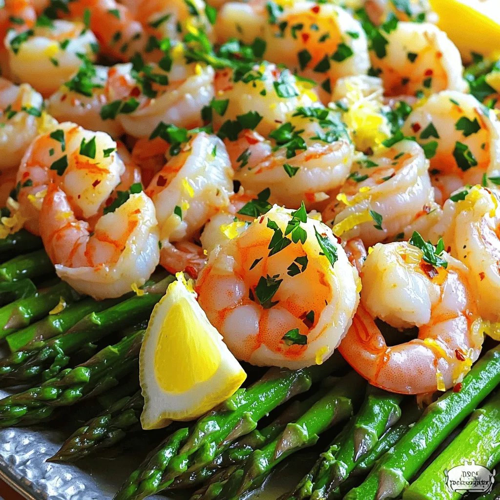 For this Lemon Garlic Shrimp and Asparagus dish, you will need: - 1 pound large shrimp, peeled and deveined - 1 bunch asparagus, trimmed and cut into 2-inch pieces - 4 cloves garlic, minced - 3 tablespoons olive oil - Zest and juice of 1 large lemon - 1 teaspoon red pepper flakes (optional) - Salt and pepper to taste - Fresh parsley, chopped (for garnish) - Lemon wedges (for serving) These ingredients come together to create a bright and tasty meal. You can easily swap ingredients based on what you have. Here are some ideas: - Shrimp: Use chicken or scallops if you prefer. - Asparagus: Try green beans or broccoli instead. - Olive Oil: Canola or avocado oil works well too. - Lemon: Lime juice gives a different, fresh flavor. - Garlic: Fresh garlic is best, but garlic powder can work in a pinch. Feel free to adjust the recipe to your taste and what you have on hand! Using fresh ingredients makes a huge difference in flavor. Fresh shrimp taste sweeter and have a better texture. Fresh asparagus stays crisp and bright green when cooked right. The zest and juice of a fresh lemon brighten the dish and add zest. Choosing top-quality, fresh ingredients ensures your meal tastes its best. So, always look for freshness when you shop. It leads to a more delicious Lemon Garlic Shrimp and Asparagus dish. You can find the full recipe for this dish to enjoy a delightful meal! To start, gather your ingredients. You will need: - 1 pound large shrimp, peeled and deveined - 1 bunch asparagus, trimmed and cut into 2-inch pieces - 4 cloves garlic, minced - 3 tablespoons olive oil - Zest and juice of 1 large lemon - 1 teaspoon red pepper flakes (optional) - Salt and pepper to taste - Fresh parsley, chopped (for garnish) - Lemon wedges (for serving) Make sure your shrimp are fresh. Rinse them under cold water. Pat them dry with a towel. Next, wash and trim your asparagus. Cut it into 2-inch pieces for even cooking. Mince the garlic finely to release its strong flavor. In a large skillet, heat 2 tablespoons of olive oil over medium heat. Add the minced garlic and red pepper flakes, if you want some heat. Sauté for about 1 minute. Watch closely! You want the garlic fragrant, not brown. Now, increase the heat to medium-high. Add the shrimp to the skillet. Season with salt and pepper. Cook for 2-3 minutes on each side until they turn pink. This bright color shows they are fully cooked. Once done, remove the shrimp and set them aside. In the same skillet, add the last tablespoon of olive oil. Toss in the asparagus pieces. Sauté for about 4-5 minutes. You want them bright green and tender but still crisp. Return the cooked shrimp to the skillet. Add the lemon zest and juice. Toss everything well to mix. Heat everything through for another 1-2 minutes. Check the seasoning. Add more salt, pepper, or lemon juice as you like. Remove the skillet from heat. Garnish with fresh parsley for a pop of color! To serve, place the shrimp and asparagus on a large platter. Add lemon wedges around for an extra zing. Enjoy it over rice or quinoa for a full meal. This is where the magic happens! If you want the full recipe, check out the details provided above. To cook shrimp just right, focus on timing. Shrimp cook fast. You want them pink and firm, not rubbery. Cook them for 2-3 minutes on each side. When they turn pink, they are done. Remove them from heat right away. This keeps them tender. When cooking asparagus, freshness matters. Choose bright green stalks. Trim off the tough ends before cooking. Sauté them for 4-5 minutes. They should stay crisp yet tender. If you overcook them, they become mushy and lose their bright color. To boost flavor, add herbs like thyme or basil. A splash of white wine adds depth. You can also toss in cherry tomatoes for a pop of color and sweetness. If you like heat, more red pepper flakes work well too. For the full recipe, check the link. {{image_2}} You can easily add pasta to this dish. Start by cooking your favorite pasta. While it cooks, follow the original recipe for the shrimp and asparagus. Once both are ready, mix them together. This gives you a filling meal with rich flavors. I love to use fettuccine or spaghetti for this. The noodles soak up the tasty lemon and garlic sauce well. If you prefer less mess, try a one-pan bake. Preheat your oven to 400°F. In a baking dish, mix the shrimp and asparagus with olive oil, garlic, lemon juice, salt, and pepper. Spread them out evenly. Bake for about 15 minutes or until the shrimp are pink and the asparagus is tender. This method makes cleanup a breeze and keeps the flavors intact! For a vegan twist, swap shrimp for tofu. Choose firm tofu for the best texture. Cut it into cubes and sauté it like the shrimp until golden. You can also try tempeh or chickpeas for a protein boost. These alternatives still pair well with lemon and garlic, keeping the dish fresh and tasty. Enjoy experimenting with different proteins to find your favorite! For more ideas, check out the Full Recipe. To store your leftover Lemon Garlic Shrimp and Asparagus, let it cool first. Place it in an airtight container. This helps keep the flavors fresh. Store it in the fridge for best results. If you want to save it for longer, freeze it. Use freezer bags to save space. When you’re ready to eat the leftovers, reheat them gently. You can use a skillet over low heat. Add a splash of water or olive oil to keep it moist. Stir occasionally until warm. You can also microwave it. Just cover the dish and heat in short bursts to avoid overcooking. Lemon Garlic Shrimp and Asparagus lasts about 3 days in the fridge. If frozen, it can last up to 3 months. Always check for any off smells or colors before eating. Enjoy your meal safely! For the full recipe, check out the [Full Recipe]. Yes, you can use frozen shrimp. Just make sure to thaw them first. Run them under cold water for a few minutes. Then, pat them dry with a paper towel. This helps them cook evenly and keeps the dish tasty. You have many options! This dish pairs well with rice or quinoa for a filling meal. You can also serve it with pasta for a fun twist. A fresh salad or garlic bread goes great, too. Add a side of lemon wedges for extra zest! Absolutely! Lemon garlic shrimp and asparagus stores well. You can prepare it ahead of time and keep it in the fridge. Just use an airtight container for the best results. Reheat it gently on the stove or in the microwave. Enjoy a quick meal throughout the week! For the complete recipe, check out the Full Recipe. This blog post covered key steps to cook a delicious Lemon Garlic Shrimp and Asparagus dish. I shared important ingredient choices, cooking tips, and tasty variations. You can customize this meal to fit your needs. Remember, fresh ingredients make a big difference. Store leftovers well to enjoy another day. Don't hesitate to try frozen shrimp or meal prep for convenience. Enjoy creating flavorful meals that fit your lifestyle!