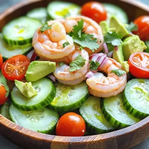 To make a refreshing cucumber shrimp salad, you need the following ingredients: - 1 pound shrimp, peeled and deveined - 2 large cucumbers, thinly sliced - 1 cup cherry tomatoes, halved - 1 avocado, diced - 1/4 cup red onion, finely sliced - 2 tablespoons fresh cilantro, chopped - 3 tablespoons olive oil - 2 tablespoons lime juice - 1 teaspoon honey - 1/2 teaspoon garlic powder - Salt and pepper to taste Each ingredient brings its own flavor and texture to the dish. The shrimp add a sweet and ocean-like taste. Cucumbers provide a crunch that feels fresh. Cherry tomatoes burst with juice, while avocado adds creaminess. Red onion gives a slight bite, and cilantro brightens everything up. The dressing, made from olive oil, lime juice, honey, and garlic powder, balances the dish perfectly. You can find the Full Recipe to guide you through the preparation. This salad is light, vibrant, and perfect for warm days! To start, we need to cook the shrimp. Fill a pot with water and add salt. Bring it to a boil. Once boiling, add the shrimp. Cook for 2 to 3 minutes. The shrimp should turn pink when done. Be careful not to overcook! Next, drain the shrimp in a colander. Rinse the shrimp under cold water. This stops the cooking process and cools them off. Set them aside to dry. Now, let’s make the dressing. In a small bowl, add olive oil, lime juice, honey, and garlic powder. I like to add a pinch of salt and fresh ground pepper too. Use a whisk to mix everything together. You want it smooth and well combined. The dressing should taste bright and fresh. In a large mixing bowl, combine all your salad ingredients. Add the cooked shrimp, sliced cucumbers, halved cherry tomatoes, diced avocado, sliced red onion, and chopped cilantro. Gently mix everything so that the shrimp and veggies are evenly spread. Now it's time to dress the salad. Drizzle your prepared dressing over the salad mixture. Use a spatula or spoon to gently toss everything together. Make sure all the ingredients get coated. This step is key for great flavor. Let the salad chill in the refrigerator for about 10 minutes. This helps the flavors blend. After chilling, serve the salad in bowls. It looks great, and it tastes even better! You can serve it as a light meal or a side dish. For the full recipe, check the details above! To cook shrimp just right, focus on timing. Place the shrimp in boiling water. Cook them for only 2 to 3 minutes. They should turn pink and curl gently. Overcooking makes shrimp tough and rubbery. You want them tender and juicy. Always remember to drain and rinse them in cold water. This stops the cooking process. To add more flavor, consider fresh herbs and spices. You can try dill or basil for a fresh twist. A touch of red pepper flakes gives a nice kick. You can also use parsley for a mild taste. Experiment with your favorite flavors. This allows you to make the salad your own. How you serve this salad matters. For a bright look, use a large, white bowl. The colors of the salad will pop. Garnish with extra cilantro for a fresh touch. Serve it with crusty bread or tortilla chips. This adds a nice crunch. You can also pair it with a light white wine for a refreshing meal. {{image_2}} You can switch the shrimp with other proteins. Crab meat brings a sweet taste. Chicken adds heartiness. Both choices work well in this salad. You get a new flavor with each option. Try cooked lobster for a fancy twist. The dressing is key to this salad. You can play with oils and acids. Use avocado oil instead of olive oil for a smooth flavor. For a tangy kick, try apple cider vinegar instead of lime juice. These changes keep your salad fresh and fun. Adapt your salad to the seasons. In summer, use fresh, juicy tomatoes. In fall, add roasted squash for warmth. Winter calls for crunchy cabbage or carrots. Each season offers new tastes and textures. Enjoy the salad all year round with these simple swaps. To keep your Cucumber Shrimp Salad fresh, store it in an airtight container. Make sure the salad is cool before sealing. This helps preserve flavor and texture. If you know you will not eat it soon, consider storing the shrimp and veggies separately. This keeps the cucumbers from getting soggy. When stored correctly, your salad lasts about 2 to 3 days in the fridge. Check for any signs of spoilage before eating. If it smells off or looks strange, it’s best to toss it. Always trust your senses! Reheating shrimp is tricky. It can turn rubbery if heated too long. Instead, enjoy the salad cold. If you need to warm the shrimp, do it gently in a pan over low heat. Add a splash of water or broth to keep it moist. This way, you enjoy the flavors without losing the shrimp's tender texture. Yes, you can use frozen shrimp. Just thaw them first. Place the shrimp in cold water for about 15 minutes. Drain them well before cooking. If you don’t have lime juice, you can use lemon juice. It gives a nice tang. You can also try vinegar for a different flavor. Yes, this salad is gluten-free. All ingredients used are safe for those with gluten issues. Enjoy it without worry. You can prepare the shrimp and chop the veggies. Mix them just before serving. This keeps everything fresh and crisp. Absolutely! You can add bell peppers, radishes, or even corn. Feel free to mix it up based on your taste. This salad is low in calories and high in protein. Shrimp offers omega-3 fatty acids. Cucumbers provide hydration, and avocados add healthy fats. Enjoy this fresh and flavorful delight while eating well! For the full recipe, check out the Crispy Cucumber Shrimp Salad. This blog post guided you through making a refreshing Cucumber Shrimp Salad. We covered each ingredient, cooking steps, and tips for the best results. You learned how to enhance flavors and store leftovers too. This dish is easy to adapt and perfect for any season. Try customizing it to fit your taste. Making this salad is a fun way to enjoy fresh ingredients and flavors. Enjoy your tasty creation and the healthy benefits it brings!