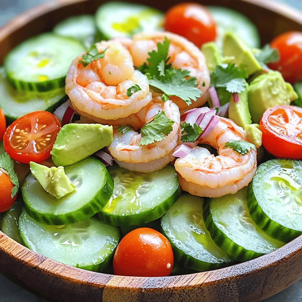To make a refreshing cucumber shrimp salad, you need the following ingredients: - 1 pound shrimp, peeled and deveined - 2 large cucumbers, thinly sliced - 1 cup cherry tomatoes, halved - 1 avocado, diced - 1/4 cup red onion, finely sliced - 2 tablespoons fresh cilantro, chopped - 3 tablespoons olive oil - 2 tablespoons lime juice - 1 teaspoon honey - 1/2 teaspoon garlic powder - Salt and pepper to taste Each ingredient brings its own flavor and texture to the dish. The shrimp add a sweet and ocean-like taste. Cucumbers provide a crunch that feels fresh. Cherry tomatoes burst with juice, while avocado adds creaminess. Red onion gives a slight bite, and cilantro brightens everything up. The dressing, made from olive oil, lime juice, honey, and garlic powder, balances the dish perfectly. You can find the Full Recipe to guide you through the preparation. This salad is light, vibrant, and perfect for warm days! To start, we need to cook the shrimp. Fill a pot with water and add salt. Bring it to a boil. Once boiling, add the shrimp. Cook for 2 to 3 minutes. The shrimp should turn pink when done. Be careful not to overcook! Next, drain the shrimp in a colander. Rinse the shrimp under cold water. This stops the cooking process and cools them off. Set them aside to dry. Now, let’s make the dressing. In a small bowl, add olive oil, lime juice, honey, and garlic powder. I like to add a pinch of salt and fresh ground pepper too. Use a whisk to mix everything together. You want it smooth and well combined. The dressing should taste bright and fresh. In a large mixing bowl, combine all your salad ingredients. Add the cooked shrimp, sliced cucumbers, halved cherry tomatoes, diced avocado, sliced red onion, and chopped cilantro. Gently mix everything so that the shrimp and veggies are evenly spread. Now it's time to dress the salad. Drizzle your prepared dressing over the salad mixture. Use a spatula or spoon to gently toss everything together. Make sure all the ingredients get coated. This step is key for great flavor. Let the salad chill in the refrigerator for about 10 minutes. This helps the flavors blend. After chilling, serve the salad in bowls. It looks great, and it tastes even better! You can serve it as a light meal or a side dish. For the full recipe, check the details above! To cook shrimp just right, focus on timing. Place the shrimp in boiling water. Cook them for only 2 to 3 minutes. They should turn pink and curl gently. Overcooking makes shrimp tough and rubbery. You want them tender and juicy. Always remember to drain and rinse them in cold water. This stops the cooking process. To add more flavor, consider fresh herbs and spices. You can try dill or basil for a fresh twist. A touch of red pepper flakes gives a nice kick. You can also use parsley for a mild taste. Experiment with your favorite flavors. This allows you to make the salad your own. How you serve this salad matters. For a bright look, use a large, white bowl. The colors of the salad will pop. Garnish with extra cilantro for a fresh touch. Serve it with crusty bread or tortilla chips. This adds a nice crunch. You can also pair it with a light white wine for a refreshing meal. {{image_2}} You can switch the shrimp with other proteins. Crab meat brings a sweet taste. Chicken adds heartiness. Both choices work well in this salad. You get a new flavor with each option. Try cooked lobster for a fancy twist. The dressing is key to this salad. You can play with oils and acids. Use avocado oil instead of olive oil for a smooth flavor. For a tangy kick, try apple cider vinegar instead of lime juice. These changes keep your salad fresh and fun. Adapt your salad to the seasons. In summer, use fresh, juicy tomatoes. In fall, add roasted squash for warmth. Winter calls for crunchy cabbage or carrots. Each season offers new tastes and textures. Enjoy the salad all year round with these simple swaps. To keep your Cucumber Shrimp Salad fresh, store it in an airtight container. Make sure the salad is cool before sealing. This helps preserve flavor and texture. If you know you will not eat it soon, consider storing the shrimp and veggies separately. This keeps the cucumbers from getting soggy. When stored correctly, your salad lasts about 2 to 3 days in the fridge. Check for any signs of spoilage before eating. If it smells off or looks strange, it’s best to toss it. Always trust your senses! Reheating shrimp is tricky. It can turn rubbery if heated too long. Instead, enjoy the salad cold. If you need to warm the shrimp, do it gently in a pan over low heat. Add a splash of water or broth to keep it moist. This way, you enjoy the flavors without losing the shrimp's tender texture. Yes, you can use frozen shrimp. Just thaw them first. Place the shrimp in cold water for about 15 minutes. Drain them well before cooking. If you don’t have lime juice, you can use lemon juice. It gives a nice tang. You can also try vinegar for a different flavor. Yes, this salad is gluten-free. All ingredients used are safe for those with gluten issues. Enjoy it without worry. You can prepare the shrimp and chop the veggies. Mix them just before serving. This keeps everything fresh and crisp. Absolutely! You can add bell peppers, radishes, or even corn. Feel free to mix it up based on your taste. This salad is low in calories and high in protein. Shrimp offers omega-3 fatty acids. Cucumbers provide hydration, and avocados add healthy fats. Enjoy this fresh and flavorful delight while eating well! For the full recipe, check out the Crispy Cucumber Shrimp Salad. This blog post guided you through making a refreshing Cucumber Shrimp Salad. We covered each ingredient, cooking steps, and tips for the best results. You learned how to enhance flavors and store leftovers too. This dish is easy to adapt and perfect for any season. Try customizing it to fit your taste. Making this salad is a fun way to enjoy fresh ingredients and flavors. Enjoy your tasty creation and the healthy benefits it brings!