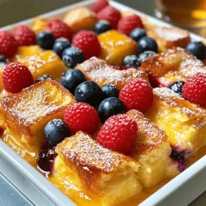 - 1 loaf of challah or brioche bread, cut into 1-inch cubes - 6 large eggs - 2 cups whole milk - 1/2 cup heavy cream - 1/2 cup maple syrup - 2 teaspoons vanilla extract - 1 teaspoon ground cinnamon - 1/2 teaspoon nutmeg - 1 cup fresh berries (strawberries, blueberries, raspberries) - 1/4 cup chopped pecans or walnuts (optional) - Powdered sugar for dusting In this recipe, the main ingredients create a soft and fluffy base. The bread is key. I love using challah or brioche for their rich flavors. They soak up the egg mixture well. Next, the flavor enhancers bring it all together. Maple syrup adds sweetness. Vanilla extract gives a warm touch. Ground cinnamon and nutmeg add depth. Together, they create a delicious aroma that fills your home. You can customize this dish with optional add-ins. Fresh berries add a bright flavor and color. Pecans or walnuts give a nice crunch, but they are not required. A light dusting of powdered sugar at the end makes it look fancy. For the full recipe, check the details above. You’ll love how simple and tasty this Overnight French Toast Casserole is! 1. In a large bowl, whisk together the eggs, milk, and heavy cream. 2. Add maple syrup, vanilla, cinnamon, nutmeg, and salt. Mix well. 3. Toss in the bread cubes and coat each piece in the mixture. 1. Fold in fresh berries and chopped nuts if you want. 2. Transfer the mixture to a greased baking dish. 3. Cover the dish with plastic wrap and refrigerate overnight. 1. Preheat the oven to 350°F (175°C) the next morning. 2. Bake uncovered for 45-50 minutes until the top is golden brown. 3. Dust with powdered sugar before serving. For the full recipe, check the earlier section, and enjoy your delicious Overnight French Toast Casserole! To make your casserole perfect, let it sit at room temperature for 20 minutes before baking. This helps the bread soak up the egg mixture well. Use a toothpick to check for doneness. Insert it into the center; it should come out clean when the casserole is ready. For toppings, I recommend fresh berries, whipped cream, or a drizzle of maple syrup. These add sweetness and color. As for side dishes, crispy bacon or sausage pairs well with this dish. You can also serve a fresh fruit salad for a light touch. To save time, prepare your casserole the night before. Follow the steps in the Full Recipe to soak the bread overnight. This allows the flavors to meld beautifully. When you wake up, just pop it in the oven and enjoy! {{image_2}} You can switch the bread to make this dish unique. Sourdough gives a nice tang. Whole wheat bread adds fiber and a nutty flavor. If you need gluten-free, use gluten-free bread. Many brands offer good options that work well. Just make sure to cut it into cubes like the recipe says. You can get creative with flavors. Try adding chocolate chips for a sweet twist. Caramel sauce drizzled on top adds richness. For a seasonal touch, use fruits like peaches or apples. They add freshness and sweetness. Mix in nuts for crunch, too. Pecans or walnuts work well here. Not everyone loves a sweet dish. You can cut the sugar if you want. Use less maple syrup or leave it out. Try sugar substitutes like honey or agave syrup. These can give you that sweetness without too much sugar. Always taste as you go to find what you like best. After baking, let the casserole cool for about 5 to 10 minutes. This helps set the texture. You can cover it with foil to keep the heat in and avoid drying out. For storing leftovers, place them in an airtight container. Make sure the casserole is completely cool before sealing it up. This keeps it fresh in the fridge. To reheat, place the casserole in a preheated oven at 350°F (175°C). Cover it with foil to keep it moist. Heat for about 15 to 20 minutes. You can also use a microwave. Just heat in short bursts, checking every minute. If you want to freeze, slice the casserole first. Wrap each slice tightly in plastic wrap and then in foil. This way, you can take out just what you need. In the fridge, the casserole lasts about 3 to 5 days. Always check for signs of spoilage. If you see mold or an off smell, throw it away. A good rule is: if it doesn’t look or smell right, don’t eat it. Enjoy your Overnight French Toast Casserole with confidence! For the full recipe, check the section above. Yes, you can make a vegan version! Use flax eggs or silken tofu. For flax eggs, mix 1 tablespoon of flaxseed meal with 2.5 tablespoons of water. Let it sit for a few minutes to thicken. For silken tofu, blend 1/4 cup until smooth, then add to your mixture. Both options work well to bind the casserole. To check for doneness, insert a toothpick into the center. If it comes out clean, your casserole is ready. The top should be golden brown. If it's still wet, bake for a few more minutes. Let it rest for a few minutes before serving, as it will firm up slightly. Yes, you can freeze it! Assemble the casserole as directed, then cover it tightly with plastic wrap and foil. Freeze for up to 2 months. When ready to bake, thaw it in the fridge overnight. Bake it as usual, but add a few extra minutes to the cooking time. Great side dishes include crispy bacon or sausage. Fresh fruit, like sliced bananas or berries, adds color and flavor. You can also serve it with maple syrup or whipped cream. Freshly brewed coffee or a fruit smoothie pairs nicely for a complete meal. For the Full Recipe, refer to earlier sections. This post shared the delicious recipe for Overnight French Toast Casserole. You learned about the key ingredients, from eggs to cream, and the flavor boosts that make this dish special. We explored tips for perfecting your casserole and different variations to try. Remember, the best part is customizing it to fit your taste. Enjoy serving this easy, flavorful dish next time you host brunch. Trust me, your guests will love it!