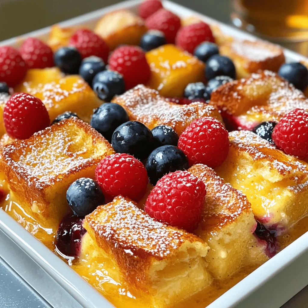 - 1 loaf of challah or brioche bread, cut into 1-inch cubes - 6 large eggs - 2 cups whole milk - 1/2 cup heavy cream - 1/2 cup maple syrup - 2 teaspoons vanilla extract - 1 teaspoon ground cinnamon - 1/2 teaspoon nutmeg - 1 cup fresh berries (strawberries, blueberries, raspberries) - 1/4 cup chopped pecans or walnuts (optional) - Powdered sugar for dusting In this recipe, the main ingredients create a soft and fluffy base. The bread is key. I love using challah or brioche for their rich flavors. They soak up the egg mixture well. Next, the flavor enhancers bring it all together. Maple syrup adds sweetness. Vanilla extract gives a warm touch. Ground cinnamon and nutmeg add depth. Together, they create a delicious aroma that fills your home. You can customize this dish with optional add-ins. Fresh berries add a bright flavor and color. Pecans or walnuts give a nice crunch, but they are not required. A light dusting of powdered sugar at the end makes it look fancy. For the full recipe, check the details above. You’ll love how simple and tasty this Overnight French Toast Casserole is! 1. In a large bowl, whisk together the eggs, milk, and heavy cream. 2. Add maple syrup, vanilla, cinnamon, nutmeg, and salt. Mix well. 3. Toss in the bread cubes and coat each piece in the mixture. 1. Fold in fresh berries and chopped nuts if you want. 2. Transfer the mixture to a greased baking dish. 3. Cover the dish with plastic wrap and refrigerate overnight. 1. Preheat the oven to 350°F (175°C) the next morning. 2. Bake uncovered for 45-50 minutes until the top is golden brown. 3. Dust with powdered sugar before serving. For the full recipe, check the earlier section, and enjoy your delicious Overnight French Toast Casserole! To make your casserole perfect, let it sit at room temperature for 20 minutes before baking. This helps the bread soak up the egg mixture well. Use a toothpick to check for doneness. Insert it into the center; it should come out clean when the casserole is ready. For toppings, I recommend fresh berries, whipped cream, or a drizzle of maple syrup. These add sweetness and color. As for side dishes, crispy bacon or sausage pairs well with this dish. You can also serve a fresh fruit salad for a light touch. To save time, prepare your casserole the night before. Follow the steps in the Full Recipe to soak the bread overnight. This allows the flavors to meld beautifully. When you wake up, just pop it in the oven and enjoy! {{image_2}} You can switch the bread to make this dish unique. Sourdough gives a nice tang. Whole wheat bread adds fiber and a nutty flavor. If you need gluten-free, use gluten-free bread. Many brands offer good options that work well. Just make sure to cut it into cubes like the recipe says. You can get creative with flavors. Try adding chocolate chips for a sweet twist. Caramel sauce drizzled on top adds richness. For a seasonal touch, use fruits like peaches or apples. They add freshness and sweetness. Mix in nuts for crunch, too. Pecans or walnuts work well here. Not everyone loves a sweet dish. You can cut the sugar if you want. Use less maple syrup or leave it out. Try sugar substitutes like honey or agave syrup. These can give you that sweetness without too much sugar. Always taste as you go to find what you like best. After baking, let the casserole cool for about 5 to 10 minutes. This helps set the texture. You can cover it with foil to keep the heat in and avoid drying out. For storing leftovers, place them in an airtight container. Make sure the casserole is completely cool before sealing it up. This keeps it fresh in the fridge. To reheat, place the casserole in a preheated oven at 350°F (175°C). Cover it with foil to keep it moist. Heat for about 15 to 20 minutes. You can also use a microwave. Just heat in short bursts, checking every minute. If you want to freeze, slice the casserole first. Wrap each slice tightly in plastic wrap and then in foil. This way, you can take out just what you need. In the fridge, the casserole lasts about 3 to 5 days. Always check for signs of spoilage. If you see mold or an off smell, throw it away. A good rule is: if it doesn’t look or smell right, don’t eat it. Enjoy your Overnight French Toast Casserole with confidence! For the full recipe, check the section above. Yes, you can make a vegan version! Use flax eggs or silken tofu. For flax eggs, mix 1 tablespoon of flaxseed meal with 2.5 tablespoons of water. Let it sit for a few minutes to thicken. For silken tofu, blend 1/4 cup until smooth, then add to your mixture. Both options work well to bind the casserole. To check for doneness, insert a toothpick into the center. If it comes out clean, your casserole is ready. The top should be golden brown. If it's still wet, bake for a few more minutes. Let it rest for a few minutes before serving, as it will firm up slightly. Yes, you can freeze it! Assemble the casserole as directed, then cover it tightly with plastic wrap and foil. Freeze for up to 2 months. When ready to bake, thaw it in the fridge overnight. Bake it as usual, but add a few extra minutes to the cooking time. Great side dishes include crispy bacon or sausage. Fresh fruit, like sliced bananas or berries, adds color and flavor. You can also serve it with maple syrup or whipped cream. Freshly brewed coffee or a fruit smoothie pairs nicely for a complete meal. For the Full Recipe, refer to earlier sections. This post shared the delicious recipe for Overnight French Toast Casserole. You learned about the key ingredients, from eggs to cream, and the flavor boosts that make this dish special. We explored tips for perfecting your casserole and different variations to try. Remember, the best part is customizing it to fit your taste. Enjoy serving this easy, flavorful dish next time you host brunch. Trust me, your guests will love it!