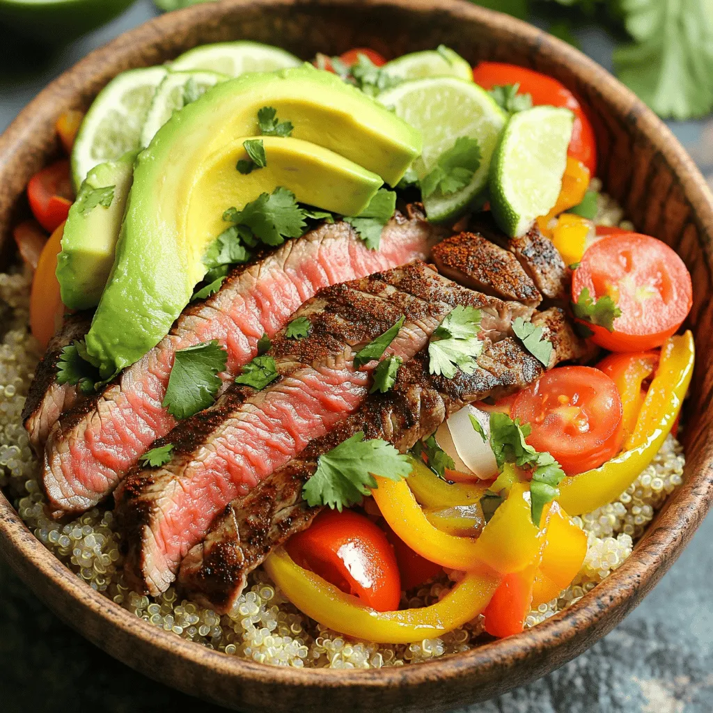- 1 lb flank steak - Olive oil and spices - Bell pepper and onion For this dish, flank steak is your star. It’s tender and full of flavor. You’ll also need some olive oil to help the spices stick. A mix of cumin, smoked paprika, and garlic powder gives the steak a bold taste. The bell pepper and onion add color and sweetness to balance the savory meat. - Cooked quinoa or brown rice - Black beans The base of your bowl can be either quinoa or brown rice. Both are healthy choices that fill you up. Quinoa gives a nice nutty flavor, while brown rice is comforting. Black beans add protein and fiber. They make the bowl even more satisfying. - Avocado, cherry tomatoes, and cilantro - Optional toppings: Greek yogurt or sour cream, shredded cheese For toppings, sliced avocado brings creaminess. Halved cherry tomatoes add freshness. Chopped cilantro gives a nice herbal note. You can also add Greek yogurt or sour cream for tanginess. Shredded cheese is a great option too if you love cheesy goodness. This recipe is packed with flavors and nutrients, making it a great meal choice. If you want the full details, check out the Full Recipe. To start, take your flank steak and slice it thinly. In a bowl, combine the steak with olive oil, cumin, smoked paprika, garlic powder, salt, and pepper. Mix well to coat every slice. Let the steak marinate for 15 minutes. This time allows the flavors to soak in and makes the meat tender. Next, heat a large skillet over medium-high heat. Make sure the skillet is hot before adding steak. Place the steak in a single layer in the skillet. Sear for 2 to 3 minutes on each side. You want a nice brown crust. Check the doneness by cutting into a piece. If it’s not done, cook it a bit longer. Once cooked, remove the steak from the skillet and set it aside. Now, it’s time for the veggies. In the same skillet, add sliced onions and bell peppers. Sauté for about 5 to 7 minutes. You want them tender and slightly caramelized. Stir often to avoid burning. A pinch of salt and pepper will enhance the flavors even more. Let’s put it all together! Start with a base of cooked quinoa or brown rice in each bowl. Then, layer the sautéed onions and peppers on top. Next, add the black beans and cooked steak slices. Finish with avocado slices, halved cherry tomatoes, and a sprinkle of chopped cilantro. Drizzle lime juice over everything. This adds a fresh kick! Arrange the ingredients nicely for a colorful look. You can also add Greek yogurt, sour cream, or cheese as optional toppings. Enjoy your High Protein Steak Fajita Bowl! For the full recipe, check the details above. To achieve a perfect steak sear, start with a hot skillet. Heat it on medium-high. When it's hot, add the steak. Don't overcrowd the pan; this helps create a nice crust. Sear for 2-3 minutes on each side. Use tongs to flip the steak gently. This keeps the juices inside. If you prefer grilling, preheat your grill for about 10 minutes. Use high heat to sear the steak. Cook it for a similar time as on the stove. Grilling adds a smoky flavor that many love. You can add more spices to kick up the flavor. Consider adding chili powder or cayenne for heat. A touch of oregano can add depth. To customize toppings, try adding jalapeños for spice, or corn for sweetness. Each topping makes your bowl unique. For a leaner option, swap flank steak for chicken breast or turkey. You can also use tofu for a plant-based choice. Instead of quinoa or brown rice, try cauliflower rice. This low-carb option fits many diets. For gluten-free needs, ensure all sauces and spices are gluten-free. {{image_2}} You can switch up the protein in your steak fajita bowl. Try chicken or shrimp for a tasty twist. If you prefer plant-based options, use tofu or tempeh. Each protein gives a unique flavor and texture. When using chicken, cook it for about 5-7 minutes until it's fully done. Shrimp cooks faster, usually about 2-3 minutes per side. For plant-based proteins, ensure they are well-seasoned. Adjust the cooking time based on the protein you choose. Quinoa is a great choice for a high-protein base. It has more protein than rice and is gluten-free. Quinoa also provides fiber and essential amino acids. This makes it a nutrient-dense option for your bowl. Brown rice is another good option. It adds a chewy texture and a nutty flavor. Both grains are tasty, but quinoa offers more health benefits. Choose based on your taste and dietary needs. You can create fun flavor profiles for your bowl. For a Mexican-inspired version, stick to spices like cumin and paprika. Add fresh lime juice for a zesty kick. If you want to try something new, consider an Asian twist. Use soy sauce, ginger, and garlic for a different flavor. Top with sesame seeds and green onions. This gives your bowl a unique flair. Explore these variations to keep your meals exciting. For the full recipe, check out the High Protein Steak Fajita Bowl. To store your steak fajita bowls, first let them cool down. Use airtight containers to keep them fresh. I prefer glass containers because they do not stain and are easy to clean. Pack each bowl with the steak, veggies, and grains. Keep the toppings like avocado and tomatoes separate to avoid sogginess. This way, your meal stays tasty! When it's time to eat, you can reheat your bowl in several ways. The microwave is quick. Use a microwave-safe dish, cover it with a damp paper towel, and heat in short bursts. Stir between each burst for even heat. You can also use a skillet. Add a splash of water to keep it moist, and heat over medium. This way, the steak and veggies stay juicy and flavorful. For meal prep, I suggest you cook the steak and veggies in advance. Store them in separate containers. You can also prepare the quinoa or rice ahead of time. This helps save time during the week. When you're ready to eat, just assemble your bowl fresh. This keeps everything vibrant and full of flavor. To create a spice rub, start with basic spices. Use: - 1 teaspoon cumin - 1 teaspoon smoked paprika - 1 teaspoon garlic powder - Salt and pepper to taste Mix these spices in a bowl. Feel free to add chili powder for heat or brown sugar for sweetness. Rub this mix on your flank steak. Let it sit for a while to absorb the flavors. This adds depth to your fajita bowl. Yes, you can easily make this dish gluten-free. Use gluten-free grains like quinoa or brown rice as the base. Check the labels on your spices to avoid hidden gluten. Black beans are naturally gluten-free. Enjoy your meal without worries! Great sides enhance your fajita bowl. Try: - Mexican street corn - Guacamole and tortilla chips - A fresh garden salad - Grilled zucchini or asparagus These sides add color and flavor. They also provide a nice contrast to the bold steak. To increase protein, add more steak or include other protein sources. Consider: - Grilled chicken - Shrimp - Tofu for a plant-based option If you want less protein, reduce the steak amount. You can also increase the beans or grains to balance the meal. This guide covered how to create a delicious steak fajita bowl. You learned about key ingredients, cooking methods, and tasty variations. We discussed how to marinate and cook steak perfectly, and how to layer your bowl for the best look and taste. Remember, you can customize your dish to fit your needs. Whether you go for different proteins or grains, there’s a lot of room for creativity. Enjoy your cooking, and make this dish your own!