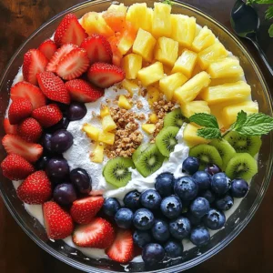 - 1 cup strawberries, hulled and halved - 1 cup blueberries - 1 cup pineapple chunks - 1 cup kiwi, peeled and sliced - 1 cup grapes, halved - 8 oz cream cheese, softened - 1/2 cup Greek yogurt - 1/4 cup powdered sugar - 1 teaspoon vanilla extract - 1 tablespoon fresh lemon juice - 1/2 cup granola To make this cheesecake fruit salad, I love using fresh fruits. Strawberries, blueberries, pineapple, kiwi, and grapes add bright colors and sweet flavors. Each fruit brings its own unique taste and texture. The juicy strawberries and sweet pineapple are always a hit. Next, I prepare the creamy mixture. I combine softened cream cheese, Greek yogurt, powdered sugar, vanilla extract, and lemon juice. This mix creates a rich and smooth base. The Greek yogurt adds a nice tang, making it light yet creamy. Lastly, I sometimes add granola on top for a crunchy finish. It adds great texture and taste, but it’s optional. You can enjoy the salad without it or sprinkle some on just before serving. This way, the granola stays crispy. You can find the Full Recipe above to make this delightful dish! To start, gather your ingredients. In a large bowl, mix the softened cream cheese, Greek yogurt, powdered sugar, vanilla extract, and lemon juice. Use an electric mixer to beat this mixture until it is smooth and creamy. This creamy base is the heart of the salad and gives it that cheesecake flavor! Next, prepare your fruits. Wash and cut the strawberries, blueberries, pineapple, kiwi, and grapes as needed. In a separate bowl, mix all the fruits together. This step is fun and colorful! Make sure each fruit is cut into bite-sized pieces for easy eating. Now comes the fun part! Gently fold the creamy mixture into the bowl of fruit. Make sure all the fruit gets coated, but be careful not to mash the fruit. If you like a little crunch, stir in half of the granola. This adds texture to the dish. Finally, transfer the cheesecake fruit salad to a serving bowl. You can also divide it into individual cups for a pretty presentation. Sprinkle the remaining granola on top just before serving to keep it crunchy. For the full recipe, check out the details above! To get the best texture for your cheesecake fruit salad, start by beating the cream cheese mixture until smooth. This step is key to a creamy base. Use an electric mixer for great results. Next, gently fold the creamy mixture into the fruit. This keeps the fruit intact and fresh. You don’t want to mash the fruits; they add color and taste. When it comes to presentation, using a glass bowl or clear cups works wonders. This shows off the vibrant colors of the fruits. For an extra touch, garnish the salad with fresh mint. It adds a lovely pop of green and a burst of freshness. Your guests will love the look and flavor. Serve the cheesecake fruit salad immediately for the best taste. If you want, you can chill it for a short time. This makes it refreshing on a hot day. Just remember, the creaminess and fruit flavors shine best when served fresh. Enjoy your delightful treat! {{image_2}} You can change the fruits in your cheesecake fruit salad. Use seasonal fruits for the best taste. In summer, try peaches or cherries. In fall, apples and pears work great. You can even mix in citrus fruits like oranges or tangerines. They add a nice zing to the flavor. To make your salad even tastier, consider adding a splash of orange juice. It brightens up the creamy mix. You can also add orange zest for a stronger flavor. Fresh mint leaves can give a refreshing touch. Just sprinkle them on top or mix them in with the fruit. If you want a vegan version, swap cream cheese and Greek yogurt for non-dairy yogurt. There are many tasty options now. For a lighter treat, use low-sugar alternatives for the creamy base. You can find sugar-free options for powdered sugar too. These changes keep the flavor while fitting different diets. To keep your cheesecake fruit salad fresh, store it in the fridge. Use an airtight container to prevent air from getting in. This helps maintain the creamy texture and the fruit's freshness. Avoid stacking heavy items on top of the container. This keeps your salad from getting squished. Remember to cover it well if you have granola mixed in. Granola can get soggy if mixed too early. You can store the salad in the fridge for up to three days. After that, the fruit may start to lose its color and taste. The creamy mixture also loses its fresh texture over time. If you see any signs of spoilage, it’s best to throw it out. Always check for any off smells or discoloration when you take it out. Freezing cheesecake fruit salad is not the best idea. The cream cheese mixture may separate once thawed. The fruits can also become mushy after freezing. If you want to save some for later, try freezing the creamy mixture separately. You can then mix it with fresh fruit right before serving. This way, you keep the best taste and texture. Yes, you can make cheesecake fruit salad ahead of time. To prep in advance, follow these tips: - Mix the creamy base and store it in the fridge. - Chop your fruit and keep it separate until serving time. - Combine the fruit and creamy mixture just before serving. This keeps everything fresh. I love using a mix of fresh fruits in this salad. Here are some great options: - Strawberries - Blueberries - Pineapple - Kiwi - Grapes You can also swap fruits based on what you like or what’s in season. For example, try mango or peaches for a twist. To keep the granola crunchy, add it right before serving. Here are some techniques: - Stir half of the granola into the salad for texture. - Sprinkle the rest on top as a final touch. This way, the granola stays crisp and does not get soggy. Enjoy your cheesecake fruit salad! For the full recipe, check the main section. This blog post explored how to make a delicious cheesecake fruit salad. We discussed the key ingredients, including fresh fruits and a creamy mixture. I shared step-by-step instructions for preparing and assembling the salad. You learned tips for texture and presentation, and variations to switch up flavors. In summary, making this salad is easy and fun. Enjoy experimenting with different fruits. With these steps and tips, you can create a delightful dish. Serve it fresh, and it will please everyone!