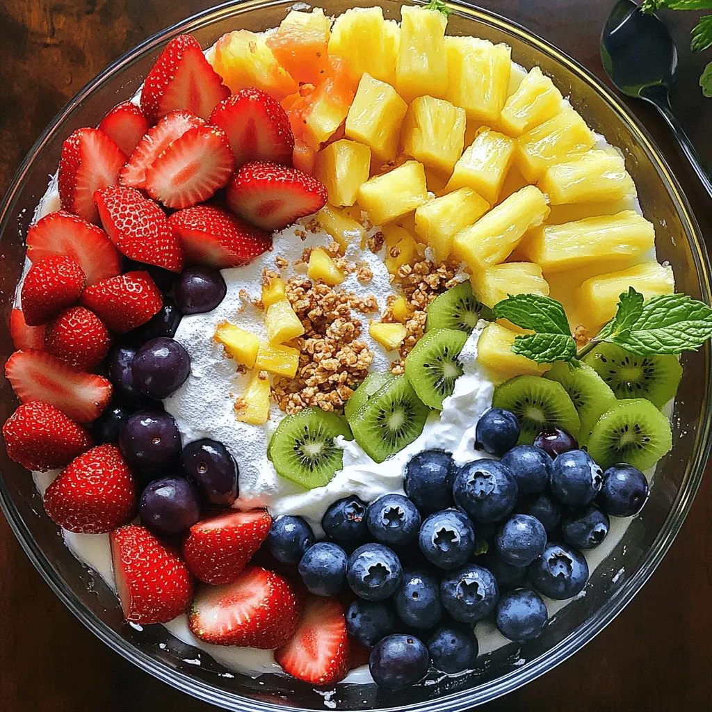 - 1 cup strawberries, hulled and halved - 1 cup blueberries - 1 cup pineapple chunks - 1 cup kiwi, peeled and sliced - 1 cup grapes, halved - 8 oz cream cheese, softened - 1/2 cup Greek yogurt - 1/4 cup powdered sugar - 1 teaspoon vanilla extract - 1 tablespoon fresh lemon juice - 1/2 cup granola To make this cheesecake fruit salad, I love using fresh fruits. Strawberries, blueberries, pineapple, kiwi, and grapes add bright colors and sweet flavors. Each fruit brings its own unique taste and texture. The juicy strawberries and sweet pineapple are always a hit. Next, I prepare the creamy mixture. I combine softened cream cheese, Greek yogurt, powdered sugar, vanilla extract, and lemon juice. This mix creates a rich and smooth base. The Greek yogurt adds a nice tang, making it light yet creamy. Lastly, I sometimes add granola on top for a crunchy finish. It adds great texture and taste, but it’s optional. You can enjoy the salad without it or sprinkle some on just before serving. This way, the granola stays crispy. You can find the Full Recipe above to make this delightful dish! To start, gather your ingredients. In a large bowl, mix the softened cream cheese, Greek yogurt, powdered sugar, vanilla extract, and lemon juice. Use an electric mixer to beat this mixture until it is smooth and creamy. This creamy base is the heart of the salad and gives it that cheesecake flavor! Next, prepare your fruits. Wash and cut the strawberries, blueberries, pineapple, kiwi, and grapes as needed. In a separate bowl, mix all the fruits together. This step is fun and colorful! Make sure each fruit is cut into bite-sized pieces for easy eating. Now comes the fun part! Gently fold the creamy mixture into the bowl of fruit. Make sure all the fruit gets coated, but be careful not to mash the fruit. If you like a little crunch, stir in half of the granola. This adds texture to the dish. Finally, transfer the cheesecake fruit salad to a serving bowl. You can also divide it into individual cups for a pretty presentation. Sprinkle the remaining granola on top just before serving to keep it crunchy. For the full recipe, check out the details above! To get the best texture for your cheesecake fruit salad, start by beating the cream cheese mixture until smooth. This step is key to a creamy base. Use an electric mixer for great results. Next, gently fold the creamy mixture into the fruit. This keeps the fruit intact and fresh. You don’t want to mash the fruits; they add color and taste. When it comes to presentation, using a glass bowl or clear cups works wonders. This shows off the vibrant colors of the fruits. For an extra touch, garnish the salad with fresh mint. It adds a lovely pop of green and a burst of freshness. Your guests will love the look and flavor. Serve the cheesecake fruit salad immediately for the best taste. If you want, you can chill it for a short time. This makes it refreshing on a hot day. Just remember, the creaminess and fruit flavors shine best when served fresh. Enjoy your delightful treat! {{image_2}} You can change the fruits in your cheesecake fruit salad. Use seasonal fruits for the best taste. In summer, try peaches or cherries. In fall, apples and pears work great. You can even mix in citrus fruits like oranges or tangerines. They add a nice zing to the flavor. To make your salad even tastier, consider adding a splash of orange juice. It brightens up the creamy mix. You can also add orange zest for a stronger flavor. Fresh mint leaves can give a refreshing touch. Just sprinkle them on top or mix them in with the fruit. If you want a vegan version, swap cream cheese and Greek yogurt for non-dairy yogurt. There are many tasty options now. For a lighter treat, use low-sugar alternatives for the creamy base. You can find sugar-free options for powdered sugar too. These changes keep the flavor while fitting different diets. To keep your cheesecake fruit salad fresh, store it in the fridge. Use an airtight container to prevent air from getting in. This helps maintain the creamy texture and the fruit's freshness. Avoid stacking heavy items on top of the container. This keeps your salad from getting squished. Remember to cover it well if you have granola mixed in. Granola can get soggy if mixed too early. You can store the salad in the fridge for up to three days. After that, the fruit may start to lose its color and taste. The creamy mixture also loses its fresh texture over time. If you see any signs of spoilage, it’s best to throw it out. Always check for any off smells or discoloration when you take it out. Freezing cheesecake fruit salad is not the best idea. The cream cheese mixture may separate once thawed. The fruits can also become mushy after freezing. If you want to save some for later, try freezing the creamy mixture separately. You can then mix it with fresh fruit right before serving. This way, you keep the best taste and texture. Yes, you can make cheesecake fruit salad ahead of time. To prep in advance, follow these tips: - Mix the creamy base and store it in the fridge. - Chop your fruit and keep it separate until serving time. - Combine the fruit and creamy mixture just before serving. This keeps everything fresh. I love using a mix of fresh fruits in this salad. Here are some great options: - Strawberries - Blueberries - Pineapple - Kiwi - Grapes You can also swap fruits based on what you like or what’s in season. For example, try mango or peaches for a twist. To keep the granola crunchy, add it right before serving. Here are some techniques: - Stir half of the granola into the salad for texture. - Sprinkle the rest on top as a final touch. This way, the granola stays crisp and does not get soggy. Enjoy your cheesecake fruit salad! For the full recipe, check the main section. This blog post explored how to make a delicious cheesecake fruit salad. We discussed the key ingredients, including fresh fruits and a creamy mixture. I shared step-by-step instructions for preparing and assembling the salad. You learned tips for texture and presentation, and variations to switch up flavors. In summary, making this salad is easy and fun. Enjoy experimenting with different fruits. With these steps and tips, you can create a delightful dish. Serve it fresh, and it will please everyone!