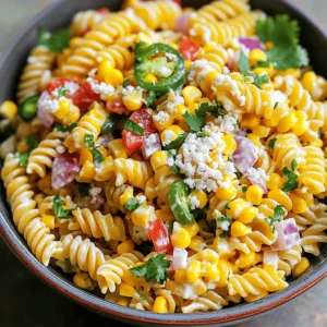 - 8 oz fusilli pasta - 1 cup corn kernels (fresh or frozen) - 1 red bell pepper, diced - 1/2 red onion, finely chopped - 1 jalapeño, seeded and minced - 1/2 cup cotija cheese, crumbled - 1/4 cup fresh cilantro, chopped - 1/4 cup mayonnaise - 2 tablespoons sour cream - 2 tablespoons lime juice - 1 teaspoon chili powder - Salt and pepper to taste When making Mexican Street Corn Pasta Salad, I focus on fresh and vibrant flavors. The fusilli pasta serves as a great base. Its shape holds onto the dressing and other ingredients well. I often cook the pasta until it’s al dente for the best texture. Next, the corn kernels add sweetness and crunch. Whether you use fresh or frozen corn, it shines in this dish. I usually sauté the corn until it’s lightly charred. This step enhances its natural sweetness and adds depth to the salad. The red bell pepper brings color and a fresh, crisp bite. I dice it finely so it mixes well with the pasta. The red onion adds a sharp flavor. I chop it finely too, as this helps balance the dish. For the extra flavor, I always include jalapeño. It gives a warm kick without overwhelming the other tastes. Cotija cheese is another star here. Its salty and crumbly texture makes each bite exciting. Fresh cilantro adds a burst of freshness. I chop it just before mixing to keep its bright taste. Finally, I create a creamy dressing. The mayonnaise and sour cream blend with lime juice and chili powder. This combination gives the salad a zesty and creamy finish. You can adjust the salt and pepper to fit your taste. For the complete recipe, check out the Full Recipe section. To cook fusilli pasta, boil water in a large pot. Add salt to the water for flavor. Cook the pasta according to package instructions until it is al dente. This means it should be firm but not hard. Drain the pasta in a colander. Rinse it under cold water to stop the cooking process. This step helps keep the pasta from becoming mushy. For the corn, use fresh or frozen kernels. I prefer fresh for that sweet taste. Heat a skillet over medium heat. Add the corn and sauté for about 5 to 7 minutes. You want it to be slightly charred for more flavor. Once done, remove it from the heat and let it cool. This cooling step is key to keep the corn crunchy. In a large mixing bowl, combine the cooled pasta, charred corn, diced red bell pepper, chopped red onion, and minced jalapeño. Stir gently to mix these ingredients without breaking the pasta. In a separate small bowl, whisk together the mayonnaise, sour cream, lime juice, chili powder, salt, and pepper. Make sure the dressing is smooth and well blended. Pour the dressing over the pasta mixture. Toss gently to coat all the ingredients evenly. Next, fold in the crumbled cotija cheese and chopped cilantro. Be careful to mix just until combined, so you don’t break the pasta. Taste the salad and adjust seasoning with more salt, pepper, or lime juice if needed. Refrigerating the pasta salad is very important. This step allows all the flavors to blend nicely. Cover the bowl and chill it for at least 30 minutes. Serve it cold for the best taste. For the full recipe, check out the complete guide. To avoid mushy pasta, cook your fusilli just until al dente. Follow the package instructions closely. Rinsing the pasta under cold water halts the cooking process and keeps it firm. Balancing ingredients is key to achieving the best taste. Use fresh corn for sweetness and flavor. The red bell pepper adds crunch and vibrant color. Jalapeños bring heat, so adjust to your spice level. Mixing cotija cheese adds a creamy, salty touch. You can serve Mexican Street Corn Pasta Salad in many fun ways. Try using a large bowl for family-style sharing. Individual cups can make for a great picnic or potluck idea. Pair this salad with grilled chicken or fish for a complete meal. It also works well with tacos or quesadillas for a fun taco night. Garnishing your salad makes a big difference. A sprinkle of extra cotija cheese on top adds texture. Add a few cilantro leaves for a fresh pop of green. Colorful ingredients are not just pretty; they also bring different flavors. The bright yellow corn, red bell pepper, and green cilantro create a feast for the eyes. Remember, a beautiful dish makes the meal even more enjoyable. For the full recipe and more tips, check out the [Full Recipe]. {{image_2}} To make this salad vegetarian, use vegetable broth to cook the pasta. You can also swap out the cotija cheese for a creamy feta or a vegan cheese option. These substitutes keep the dish rich and tasty. For extra veggies, add diced zucchini or cherry tomatoes. These colorful options add texture and nutrients without changing the flavor. If you love heat, try adding different peppers. Consider using serrano or habanero for a kick. You can also sprinkle some red pepper flakes for extra spice. For those who want a milder version, use bell peppers instead. Remember, you can always adjust the heat to match your taste. To make this pasta salad gluten-free, choose gluten-free pasta, like brown rice or chickpea pasta. These alternatives work well and hold their shape. Always check labels to ensure there are no hidden gluten ingredients. This way, everyone can enjoy the salad without worry. You can find the Full Recipe for more details on how to create this delightful dish. To keep your Mexican street corn pasta salad fresh, store it in an airtight container. Make sure it’s sealed tightly. This helps maintain its flavors and prevents odors from other foods. The salad will stay fresh for about 3 to 5 days in the fridge. If you notice any changes in smell or appearance, it’s best to toss it. If you want to warm up your pasta salad, do it gently. Use a microwave on low power to avoid mushy pasta. Stir it every 30 seconds until it's warm. If you prefer it cold, serve it straight from the fridge. The flavors are bright and refreshing when chilled. Making this salad ahead of time is a great idea! You can cook the pasta and corn a day before. Chop the veggies and store them separately to keep them fresh. When you’re ready to eat, mix everything together with the dressing. This saves time and gives you a quick meal option for busy days. If you can’t find cotija cheese, try feta or queso fresco. Both add saltiness and creaminess. You can also use grated Parmesan for a different twist. Each option gives a unique flavor to the salad. This pasta salad stays fresh in the fridge for about three days. Make sure to keep it in an airtight container. The flavors will continue to blend, making it even tastier over time. Yes, you can make this salad a day in advance. Just mix all the ingredients and refrigerate them. This lets the flavors meld together beautifully. When it's time to serve, just give it a quick stir. To make this salad vegan, swap the mayonnaise and sour cream for plant-based alternatives. Use nutritional yeast for a cheesy flavor instead of cotija cheese. This keeps the salad delicious and satisfying. Fusilli is great for this recipe because it holds the dressing well. However, you can also use rotini or penne. These shapes add a fun texture and help capture all the flavors. Try adding diced avocado, black beans, or even chopped tomatoes. A dash of hot sauce can spice things up, too. Fresh lime zest adds brightness, making each bite exciting and fresh. For the full recipe, check out the detailed instructions above. This blog post covered a tasty Mexican Street Corn Pasta Salad. We explored key ingredients like fusilli pasta, corn, red bell pepper, and special dressings. Each step showed you how to cook and mix the salad for the best taste and texture. In my final thoughts, remember to adjust flavors and try variations that suit your taste. Enjoy this vibrant dish that can bring joy to any meal!