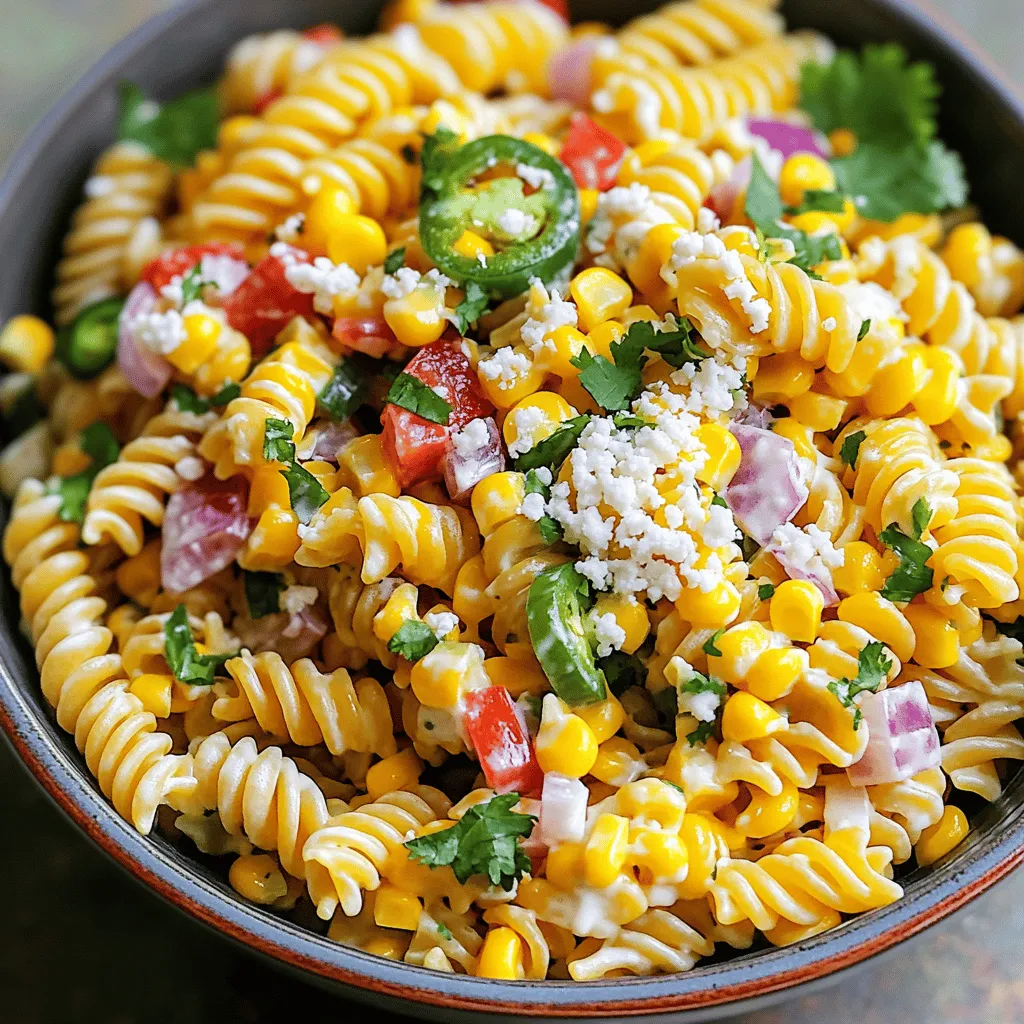 - 8 oz fusilli pasta - 1 cup corn kernels (fresh or frozen) - 1 red bell pepper, diced - 1/2 red onion, finely chopped - 1 jalapeño, seeded and minced - 1/2 cup cotija cheese, crumbled - 1/4 cup fresh cilantro, chopped - 1/4 cup mayonnaise - 2 tablespoons sour cream - 2 tablespoons lime juice - 1 teaspoon chili powder - Salt and pepper to taste When making Mexican Street Corn Pasta Salad, I focus on fresh and vibrant flavors. The fusilli pasta serves as a great base. Its shape holds onto the dressing and other ingredients well. I often cook the pasta until it’s al dente for the best texture. Next, the corn kernels add sweetness and crunch. Whether you use fresh or frozen corn, it shines in this dish. I usually sauté the corn until it’s lightly charred. This step enhances its natural sweetness and adds depth to the salad. The red bell pepper brings color and a fresh, crisp bite. I dice it finely so it mixes well with the pasta. The red onion adds a sharp flavor. I chop it finely too, as this helps balance the dish. For the extra flavor, I always include jalapeño. It gives a warm kick without overwhelming the other tastes. Cotija cheese is another star here. Its salty and crumbly texture makes each bite exciting. Fresh cilantro adds a burst of freshness. I chop it just before mixing to keep its bright taste. Finally, I create a creamy dressing. The mayonnaise and sour cream blend with lime juice and chili powder. This combination gives the salad a zesty and creamy finish. You can adjust the salt and pepper to fit your taste. For the complete recipe, check out the Full Recipe section. To cook fusilli pasta, boil water in a large pot. Add salt to the water for flavor. Cook the pasta according to package instructions until it is al dente. This means it should be firm but not hard. Drain the pasta in a colander. Rinse it under cold water to stop the cooking process. This step helps keep the pasta from becoming mushy. For the corn, use fresh or frozen kernels. I prefer fresh for that sweet taste. Heat a skillet over medium heat. Add the corn and sauté for about 5 to 7 minutes. You want it to be slightly charred for more flavor. Once done, remove it from the heat and let it cool. This cooling step is key to keep the corn crunchy. In a large mixing bowl, combine the cooled pasta, charred corn, diced red bell pepper, chopped red onion, and minced jalapeño. Stir gently to mix these ingredients without breaking the pasta. In a separate small bowl, whisk together the mayonnaise, sour cream, lime juice, chili powder, salt, and pepper. Make sure the dressing is smooth and well blended. Pour the dressing over the pasta mixture. Toss gently to coat all the ingredients evenly. Next, fold in the crumbled cotija cheese and chopped cilantro. Be careful to mix just until combined, so you don’t break the pasta. Taste the salad and adjust seasoning with more salt, pepper, or lime juice if needed. Refrigerating the pasta salad is very important. This step allows all the flavors to blend nicely. Cover the bowl and chill it for at least 30 minutes. Serve it cold for the best taste. For the full recipe, check out the complete guide. To avoid mushy pasta, cook your fusilli just until al dente. Follow the package instructions closely. Rinsing the pasta under cold water halts the cooking process and keeps it firm. Balancing ingredients is key to achieving the best taste. Use fresh corn for sweetness and flavor. The red bell pepper adds crunch and vibrant color. Jalapeños bring heat, so adjust to your spice level. Mixing cotija cheese adds a creamy, salty touch. You can serve Mexican Street Corn Pasta Salad in many fun ways. Try using a large bowl for family-style sharing. Individual cups can make for a great picnic or potluck idea. Pair this salad with grilled chicken or fish for a complete meal. It also works well with tacos or quesadillas for a fun taco night. Garnishing your salad makes a big difference. A sprinkle of extra cotija cheese on top adds texture. Add a few cilantro leaves for a fresh pop of green. Colorful ingredients are not just pretty; they also bring different flavors. The bright yellow corn, red bell pepper, and green cilantro create a feast for the eyes. Remember, a beautiful dish makes the meal even more enjoyable. For the full recipe and more tips, check out the [Full Recipe]. {{image_2}} To make this salad vegetarian, use vegetable broth to cook the pasta. You can also swap out the cotija cheese for a creamy feta or a vegan cheese option. These substitutes keep the dish rich and tasty. For extra veggies, add diced zucchini or cherry tomatoes. These colorful options add texture and nutrients without changing the flavor. If you love heat, try adding different peppers. Consider using serrano or habanero for a kick. You can also sprinkle some red pepper flakes for extra spice. For those who want a milder version, use bell peppers instead. Remember, you can always adjust the heat to match your taste. To make this pasta salad gluten-free, choose gluten-free pasta, like brown rice or chickpea pasta. These alternatives work well and hold their shape. Always check labels to ensure there are no hidden gluten ingredients. This way, everyone can enjoy the salad without worry. You can find the Full Recipe for more details on how to create this delightful dish. To keep your Mexican street corn pasta salad fresh, store it in an airtight container. Make sure it’s sealed tightly. This helps maintain its flavors and prevents odors from other foods. The salad will stay fresh for about 3 to 5 days in the fridge. If you notice any changes in smell or appearance, it’s best to toss it. If you want to warm up your pasta salad, do it gently. Use a microwave on low power to avoid mushy pasta. Stir it every 30 seconds until it's warm. If you prefer it cold, serve it straight from the fridge. The flavors are bright and refreshing when chilled. Making this salad ahead of time is a great idea! You can cook the pasta and corn a day before. Chop the veggies and store them separately to keep them fresh. When you’re ready to eat, mix everything together with the dressing. This saves time and gives you a quick meal option for busy days. If you can’t find cotija cheese, try feta or queso fresco. Both add saltiness and creaminess. You can also use grated Parmesan for a different twist. Each option gives a unique flavor to the salad. This pasta salad stays fresh in the fridge for about three days. Make sure to keep it in an airtight container. The flavors will continue to blend, making it even tastier over time. Yes, you can make this salad a day in advance. Just mix all the ingredients and refrigerate them. This lets the flavors meld together beautifully. When it's time to serve, just give it a quick stir. To make this salad vegan, swap the mayonnaise and sour cream for plant-based alternatives. Use nutritional yeast for a cheesy flavor instead of cotija cheese. This keeps the salad delicious and satisfying. Fusilli is great for this recipe because it holds the dressing well. However, you can also use rotini or penne. These shapes add a fun texture and help capture all the flavors. Try adding diced avocado, black beans, or even chopped tomatoes. A dash of hot sauce can spice things up, too. Fresh lime zest adds brightness, making each bite exciting and fresh. For the full recipe, check out the detailed instructions above. This blog post covered a tasty Mexican Street Corn Pasta Salad. We explored key ingredients like fusilli pasta, corn, red bell pepper, and special dressings. Each step showed you how to cook and mix the salad for the best taste and texture. In my final thoughts, remember to adjust flavors and try variations that suit your taste. Enjoy this vibrant dish that can bring joy to any meal!