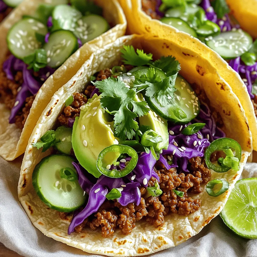- 1 lb ground beef - 2 tablespoons soy sauce - 1 tablespoon sesame oil - 2 tablespoons brown sugar - 3 cloves garlic, minced - 1-inch piece of ginger, grated - 1 teaspoon red pepper flakes (adjust to taste) - 8 small corn tortillas - 1 cup shredded purple cabbage - 1 cucumber, thinly sliced - 1 avocado, sliced - 2 green onions, chopped - Fresh cilantro for garnish - Lime wedges for serving When making Korean beef tacos, the right ingredients matter. The ground beef acts as the base. It brings rich flavor and a hearty texture. Soy sauce adds depth, while sesame oil gives a nice nutty taste. Brown sugar balances the saltiness and adds a hint of sweetness. For the additional ingredients, garlic and ginger boost the flavor. They give a warm, aromatic kick. Red pepper flakes add heat, but you can adjust this to your liking. The corn tortillas are soft and perfect for wrapping. They hold all the fillings without tearing. Now for toppings, shredded purple cabbage adds crunch and color. The cool cucumber slices enhance freshness. Avocado provides creaminess, while green onions and cilantro add brightness. Lime wedges give a zesty finish. Each ingredient plays a role in making these tacos delicious. For the complete recipe, you can check the Full Recipe. To start, gather your ingredients. In a medium bowl, you will mix the ground beef with soy sauce, sesame oil, brown sugar, minced garlic, grated ginger, and red pepper flakes. This blend will create a tasty flavor base. Make sure to combine everything well, so each bite is full of flavor. Next, heat a large skillet over medium-high heat. Once hot, add the seasoned ground beef mixture to the skillet. Cook the beef until it turns brown, which takes about 5-7 minutes. Use a spatula to break it apart as it cooks. You want it to be fully cooked and browned for the best taste. While the beef cooks, warm your corn tortillas. You can do this in another skillet or in the microwave. Once they are pliable, it’s time to assemble. Take a warm tortilla and add a good scoop of the Korean beef mixture. Then, add the toppings: a handful of shredded purple cabbage, slices of cucumber, and avocado. Finish with green onions and fresh cilantro. Serve with lime wedges on the side for a fresh kick. For the full recipe, check the link provided. For Korean beef tacos, I recommend using lean ground beef. It has less fat, which means less grease. This keeps your tacos from becoming soggy. Plus, lean beef cooks faster and tastes great. If you prefer, you can use ground turkey or chicken as a healthier option. When you build your tacos, layer your toppings. Start with beef, then add cabbage, cucumber, and avocado. This way, each bite bursts with flavor. Don't be shy with the toppings; they add texture and freshness. Try to balance flavors like sweet, salty, and crunchy for the best experience. Want more kick? Experiment with hot sauces or salsas. A drizzle of spicy sauce can elevate your tacos. You might also try kimchi for a tangy twist. Remember, cooking is about creativity. Don't hesitate to mix flavors that excite your taste buds. For the full recipe, check out the [Full Recipe]. {{image_2}} To change the flavor of your Korean beef tacos, try different marinades. You can use a mix of soy sauce, honey, and sesame oil for a sweet touch. A spicy marinade with gochujang adds heat. For a tangy twist, mix soy sauce with rice vinegar and garlic. Each marinade brings a unique taste that makes your tacos special. Taco toppings can transform your meal. Adding pickled vegetables gives a nice crunch and tang. Try pickled radishes or carrots for color and flavor. Spicy mayo is another fun option. Just mix mayo with sriracha for a creamy kick. Don't forget to use fresh herbs like cilantro for a burst of freshness. If you want to switch things up, try other proteins. Ground chicken or pork works well in these tacos. They soak up the marinade nicely. For a plant-based option, tofu is great too. Just press and cube the tofu, then marinate and cook. Each protein brings its own flavor and texture to your tacos. For the full recipe, check out the [Full Recipe]. You can store the leftover beef mixture in an airtight container. Keep it in the fridge for up to three days. Place any unused toppings, like cabbage and cucumber, in separate containers. This keeps them fresh and crunchy. If you want to save the tortillas, store them in a plastic bag. This helps prevent them from drying out. To freeze the beef, let it cool first. Then, place it in a freezer-safe bag. Try to remove as much air as possible. This helps prevent freezer burn. You can also freeze tortillas. Stack them with parchment paper between each one. This makes it easy to take out just what you need later. When you’re ready to eat, thaw the beef overnight in the fridge. You can reheat it in a skillet over medium heat. Stir it often until it's hot. For tortillas, warm them in a dry skillet for a few seconds on each side. This helps them stay soft and tasty. Enjoy your meal just like it was fresh! For the full recipe, check out the steps above. You can pair Korean beef tacos with many tasty sides. Here are some ideas: - Kimchi: This fermented side adds spice and crunch. - Rice: Serve white or brown rice for a filling meal. - Asian Slaw: A crunchy slaw with cabbage and carrots adds freshness. - Pickled Veggies: Quick-pickled cucumbers or radishes enhance flavor. - Corn Salad: A zesty corn salad brings sweetness to the plate. These sides balance the flavors of the tacos and add variety to your meal. Yes, you can prepare Korean beef tacos in advance. Here are some tips: - Beef Mixture: Cook the beef and store it in the fridge for up to three days. - Tortillas: Warm them just before serving to keep them soft. - Toppings: Slice toppings like avocado and cucumber right before serving to keep them fresh. - Meal Prep: You can assemble the tacos and wrap them tightly in foil. Just warm them up before serving. These steps save you time and make dinner easy. Corn tortillas are the best choice for Korean beef tacos. Here’s why: - Flavor: Corn tortillas add a subtle, sweet taste that pairs well with beef. - Texture: They stay soft and pliable when warmed, making them easy to fold. - Traditional: Corn tortillas are common in many taco recipes. Flour tortillas can also work, but they may not offer the same flavor balance. To find Korean beef tacos, check out these options: - Food Trucks: Many food trucks serve unique taco flavors, including Korean beef. - Korean Restaurants: Some places offer fusion dishes that include these tacos. - Local Markets: Look for pop-up stands at farmers' markets or festivals. - Online Reviews: Use apps like Yelp or Google Maps to find nearby spots. Exploring local eateries can lead you to some hidden gems! You can try making them at home with the full recipe too. Korean beef tacos combine rich flavors and simple steps. You mix beef with soy sauce, garlic, and ginger for a savory blend. Cooking is quick, and assembling is fun. Add fresh toppings like avocado and cabbage for crunch. Variations allow you to swap proteins and toppings, making each meal unique. Whether you store leftovers or enjoy them fresh, this dish is a winner. Try new flavors and share your journey! Your next meal adventure awaits with Korean beef tacos.