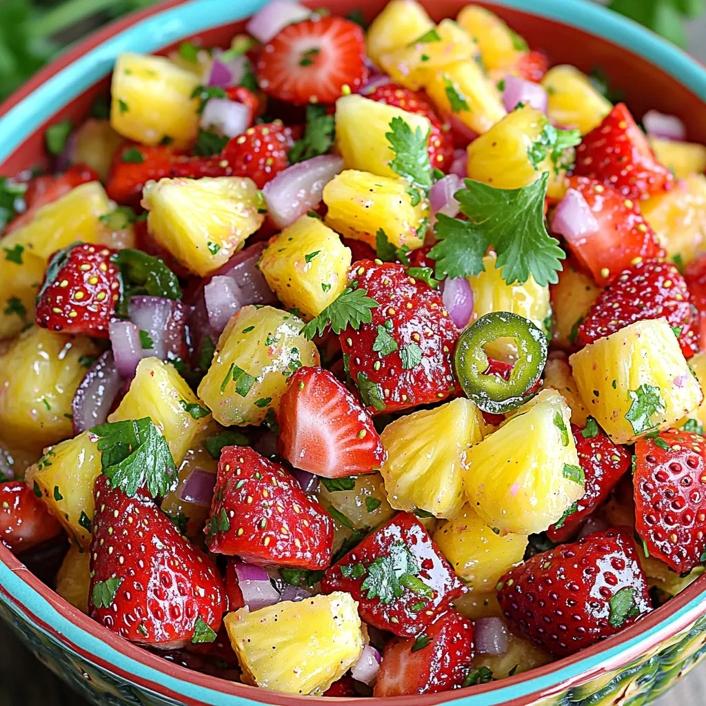 To make a fresh and tasty Strawberry Pineapple Fruit Salsa, you will need: - Fresh strawberries - Fresh pineapple - Red onion - Jalapeño - Fresh cilantro - Lime juice - Honey (optional) - Salt and pepper This salsa recipe uses simple cup measurements. For instance, use 1 cup of diced strawberries and 1 cup of diced pineapple. If you want to swap fruits, try using mango or kiwi. They add a nice twist. For dietary needs, the salsa is vegan and gluten-free. If you want it sweeter, add honey. For a spicy kick, adjust the jalapeño amount to suit your taste. You can find the full recipe at the start for easy reference. Enjoy making this bright, flavorful dish! To start, you need to prepare your fruits. Use fresh strawberries and pineapple for the best taste. - Prepping the fruits: First, hull and dice the strawberries into small pieces. Next, dice the pineapple, ensuring you remove the tough core. This makes it easy to eat. - Chopping techniques: For the red onion, finely chop it into small pieces. Mince the jalapeño after removing the seeds. This helps control the heat. Finally, chop the fresh cilantro, adding a burst of flavor. Now, it’s time to combine everything. - Combining the base ingredients: In a medium mixing bowl, add the diced strawberries and pineapple. Then, toss in the chopped red onion and minced jalapeño. - Enhancing flavor with lime juice and honey: Squeeze the juice of one lime into the bowl. If you like it sweeter, add a tablespoon of honey. Gently fold all the ingredients together, careful not to mush the strawberries. Let’s talk about how to serve your salsa. - Recommended waiting time for flavor melding: After mixing, let the salsa sit for about 15 minutes. This helps the flavors blend well together. - Ideas on presentation: Serve your salsa in a colorful bowl. You can garnish it with extra cilantro leaves. Pair it with tortilla chips or use it as a topping for grilled chicken or fish. This adds a vibrant touch to any meal. For the full recipe, see the earlier section. To make your strawberry pineapple fruit salsa perfect, focus on sweetness. If your fruits are tart, add a bit of honey. This will boost the natural sweetness. You can always taste and adjust. Balancing freshness with acidity is key. Fresh lime juice adds brightness. It cuts through the sweetness of the fruits. If it tastes too sweet, squeeze in more lime. This brings out the best flavors. You can prepare this salsa in advance. Make it a few hours before serving. Let the flavors meld together for a richer taste. Just cover it and keep it in the fridge. To keep it fresh longer, store it in an airtight container. This helps prevent browning and keeps the flavors vibrant. Use within two days for the best taste. For mixing, use a medium glass or ceramic bowl. These materials help you see the colors of the salsa. They also keep the flavors intact. When chopping, a sharp knife is essential. It makes cutting fruits easy. A small cutting board is best for easy handling. A sturdy bowl for mixing helps too. These tools make your preparation smooth and fun. For the Full Recipe, check back to see how to create this vibrant dish! {{image_2}} You can switch up the flavors in your strawberry pineapple fruit salsa. Adding mango or kiwi brings a sweet twist. Mango adds a rich texture, while kiwi gives a fresh zing. Both fruits pair well with strawberries and pineapple. Citrus fruits also work great. Try adding orange or grapefruit. These fruits add a bright, tangy flavor to your salsa. They can enhance the overall taste, making it even more refreshing. If you want to change the heat, adjust the jalapeño. Adding more jalapeño will make it spicier. If you prefer mild salsa, use less jalapeño or skip it. You can also try different peppers. For example, bell peppers bring sweetness without heat. If you like more spice, use serrano or habanero peppers. Each pepper adds its own unique flavor. Making this salsa vegan is easy. All the ingredients are already plant-based. Just skip the honey if you want it fully vegan. For gluten-free options, this salsa fits perfectly. You can serve it with gluten-free chips or on top of grilled meats. It’s a dish that everyone can enjoy, no matter their diet. For the full recipe, please refer to the provided instructions. To keep your Strawberry Pineapple Fruit Salsa fresh, store it in the fridge. Use an airtight container. This helps keep air out and flavors in. Make sure to eat it within a few days for the best taste. If you want to store it longer, you can freeze the salsa. Place it in a freezer-safe bag or container. Be sure to remove all the air before sealing it. This method can keep the salsa good for up to three months. Just remember, the texture may change after freezing. In the fridge, your salsa will last about three to five days. After this time, the fruits might start to break down. Check for any bad signs. If it smells sour or has a watery texture, it’s time to toss it out. Always trust your senses when it comes to food safety. You can get creative with leftover salsa. Use it as a topping on grilled chicken or fish. It also works great on tacos or as a dip for chips. You can even stir it into yogurt for a sweet and savory snack. Mixing it into salads adds a fun twist too. The possibilities are endless with this vibrant salsa! Can I make Strawberry Pineapple Fruit Salsa ahead of time? Yes, you can make this salsa a few hours before serving. Just store it in the fridge. The flavors will blend nicely. However, it is best enjoyed fresh for the crunch of the fruits. How do I adjust the spiciness of the salsa? To make it less spicy, use less jalapeño or remove the seeds. If you want more heat, add a bit more minced jalapeño. You can also try using a different pepper, like a poblano. What dishes pair well with this salsa? This salsa is great with grilled chicken or fish. It also tastes good with tortilla chips. You can use it on tacos or as a topping for salads. Can I use canned fruit instead of fresh? I recommend using fresh fruit for the best taste. Canned fruit can be too soft and sweet. If you do use canned, make sure to drain it well and adjust the lime juice. Caloric content per serving Each serving of Strawberry Pineapple Fruit Salsa has about 70 calories. It is light and refreshing. Nutritional benefits of the ingredients - Strawberries: High in vitamin C and fiber. - Pineapple: Contains bromelain, which helps digestion. - Red onion: Offers antioxidants and anti-inflammatory properties. - Cilantro: Has vitamins A and K. Best types of chips to serve with it I suggest using tortilla chips. They add a nice crunch. You can also try pita chips for a different flavor. Using it as a topping for proteins or salads This salsa can brighten up grilled meats. Try it on chicken, shrimp, or fish. You can also add it to salads for extra flavor and color. You now have all the details to create a tasty strawberry pineapple salsa. We've covered each ingredient, how to prepare and mix them, plus serving tips. You learned about enhancing flavors and making adjustments for diet needs. Remember, this salsa is not just a snack; it can brighten many meals. Keep your salsa fresh with the right storage. Enjoy experimenting with variations to find your perfect mix! Your kitchen adventures await with this fun and flavorful recipe.