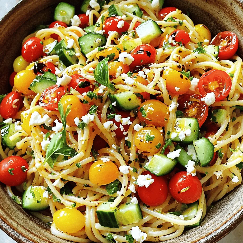 To make a tasty spaghetti salad, gather these key items: - 8 oz spaghetti - 1 cup cherry tomatoes, halved - 1 cucumber, diced - 1 bell pepper (red or yellow), diced - 1/2 red onion, finely chopped - 1/4 cup black olives, sliced - 1/4 cup feta cheese, crumbled - 1/4 cup fresh basil, chopped - 3 tablespoons olive oil - 2 tablespoons balsamic vinegar - 1 teaspoon garlic powder - Salt and pepper to taste These ingredients work well together. The pasta offers a filling base. Fresh veggies add crunch and color. You can change the recipe to match your taste. Here are some great options: - Avocado for creaminess - Spinach or arugula for extra greens - Grilled chicken for protein - Sun-dried tomatoes for a tangy kick - Different cheeses like mozzarella or parmesan Feel free to mix and match. These options let you create a salad just for you. Using fresh ingredients makes a big difference. Here are some tips: - Look for bright, firm tomatoes. They should smell sweet and ripe. - Choose cucumbers with smooth skin. Avoid any with soft spots. - Select peppers that feel heavy and crisp. Color should be bright and shiny. - Pick fresh basil that is vibrant green. Avoid any that looks wilted. Fresh ingredients lead to a better taste. Spend time selecting the best items for your salad. Start by boiling water in a large pot. Add a pinch of salt to the water. Once it boils, add 8 oz of spaghetti. Cook it according to the package instructions until it is al dente. This usually takes about 8-10 minutes. When done, drain the spaghetti in a colander. Rinse it under cold water to stop cooking. This helps keep the pasta firm. While the spaghetti cooks, wash and chop your vegetables. Slice 1 cup of cherry tomatoes in half. Dice 1 cucumber and 1 bell pepper. Use either red or yellow bell peppers. Finely chop 1/2 of a red onion. Slice 1/4 cup of black olives. You can mix and match veggies based on what you have. Fresh vegetables add crunch and flavor to your salad. In a large mixing bowl, combine all the chopped vegetables. Add the cooked spaghetti to this bowl. In a small bowl, whisk together 3 tablespoons of olive oil, 2 tablespoons of balsamic vinegar, and 1 teaspoon of garlic powder. Season it with salt and pepper. Pour this dressing over the spaghetti and veggies. Toss everything gently to mix well. Sprinkle 1/4 cup of crumbled feta cheese and 1/4 cup of chopped fresh basil on top. Toss lightly one more time to distribute the cheese and basil. Taste the salad and adjust the seasoning if needed. For a nice presentation, serve it chilled in a big bowl or individual plates. Garnish with extra basil leaves and a bit more feta for a pretty touch. Enjoy your quick and delicious spaghetti salad! For the complete recipe, see the [Full Recipe]. To make the best spaghetti salad, start with al dente pasta. This means the pasta should be firm but not hard. Rinse it with cold water to cool it down. This helps keep the salad fresh. Use fresh veggies for vibrant flavor and color. Always chop them into similar sizes for even bites. The dressing is key, so whisk it well. Taste it first and adjust if needed. A common mistake is overcooking the spaghetti. This makes it mushy and unappetizing. Another mistake is not cooling the pasta. Warm pasta wilts the veggies. Make sure to mix the salad gently. This keeps the ingredients from breaking apart. Lastly, avoid too much dressing. It can drown the salad and make it soggy. Serve your spaghetti salad chilled for the best taste. Use a large bowl for family style or individual plates for guests. Garnish with extra basil and feta cheese. This adds a pop of color and flavor. Pair it with grilled chicken or bread for a complete meal. Enjoy it at picnics, potlucks, or as a side dish. For the full recipe, you can check back for all the details. {{image_2}} You can easily make this spaghetti salad vegetarian. Just skip the meat. Focus on colorful veggies. Swap in roasted red peppers or artichoke hearts for extra flavor. You can also add more cheese. Try mozzarella or goat cheese for a creamy touch. If you want some protein, consider adding chicken, tuna, or shrimp. Grilled chicken works well. Use canned tuna for a quick fix. Shrimp adds a nice twist too. Just cook the shrimp until pink, then toss them in. This makes your salad hearty and satisfying. Need a gluten-free version? No problem! Use gluten-free pasta. Many brands offer great alternatives. You can also use spiralized veggies, like zucchini or carrots. They add crunch and flavor without gluten. This keeps the dish light and fresh. For more details, check out the Full Recipe for all the steps and tips. To keep your spaghetti salad fresh, use an airtight container. Glass or plastic containers work well. Store it in the fridge. This helps maintain flavor and texture. If you have leftovers, let the salad cool first. Place it in the container and seal it tightly. It can last up to three days in the fridge. If you notice any extra moisture, drain it before sealing. Spaghetti salad is best enjoyed cold. You don’t need to reheat it. If you prefer it warm, heat it gently in the microwave. Use a low setting to avoid cooking the veggies. For complete details, check out the Full Recipe. Yes, you can make this salad ahead of time. It tastes even better after chilling. Just prepare it a few hours before serving. Store it in the fridge in an airtight container. This makes it great for parties or quick lunches. If you want a change, you can use other pasta shapes. Bow ties, rotini, or penne work well. You can also try gluten-free pasta if needed. For a low-carb option, use zucchini noodles or spaghetti squash. Each choice gives a unique twist to the salad. To boost flavor, try adding herbs like oregano or parsley. You can also include some red pepper flakes for heat. A squeeze of lemon juice adds freshness too. Experiment with different dressings, like ranch or Italian, for variety. Each addition can make the salad taste different and exciting. Absolutely! This salad is perfect for meal prep. It stores well and lasts for several days in the fridge. Just keep the dressing separate until you’re ready to eat. This way, the noodles stay firm and the veggies stay fresh. For the full recipe, check the details below. This spaghetti salad serves four and is quick to prepare. It takes just 15 minutes from start to finish. Each serving is packed with flavor and nutrients, making it a healthy choice for any meal. You now know how to make a quick and tasty spaghetti salad. We covered the key ingredients, from essential to optional, and tips for choosing the best fresh items. The step-by-step guide gives you all you need to cook and mix the salad perfectly. Remember to avoid common mistakes to make it shine. You can customize it with proteins or make it gluten-free. Proper storage keeps leftovers fresh and tasty. Enjoy your salad today or prep it for later!