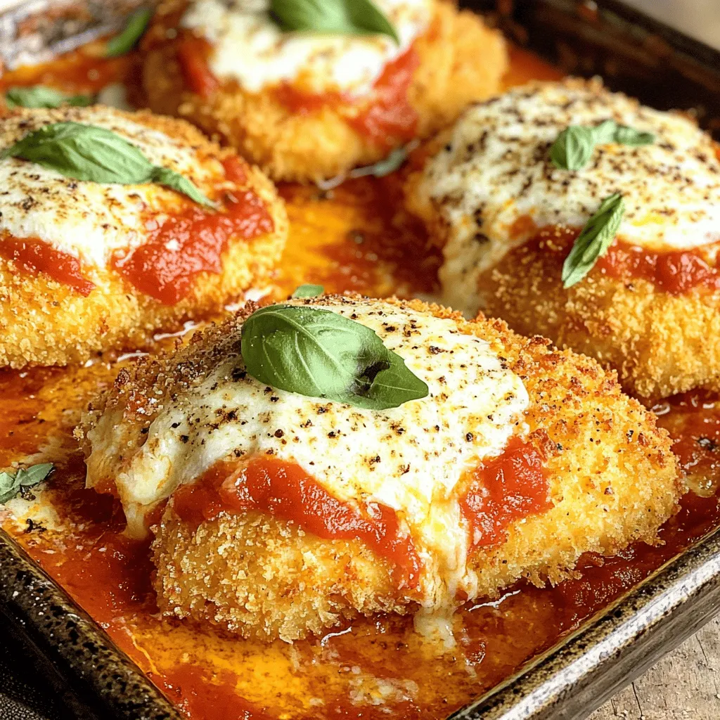 To make crispy chicken parmesan, you need a few key items. Here’s your list: - 2 large boneless, skinless chicken breasts - 1 cup all-purpose flour - 2 large eggs - 1 cup panko breadcrumbs - 1/2 cup grated Parmesan cheese - 1 teaspoon garlic powder - 1 teaspoon Italian seasoning - 1 teaspoon salt - 1/2 teaspoon black pepper - 2 cups marinara sauce - 1 cup shredded mozzarella cheese - 1/4 cup fresh basil leaves, for garnish - Olive oil, for frying These ingredients build the base for a tasty dish. Each one plays an important role. The chicken gives protein, while the cheese adds richness. The panko breadcrumbs create that crispy texture we all crave. You can boost the flavor with extra ingredients. Consider adding: - Red pepper flakes for heat - Fresh herbs like oregano or parsley - Lemon zest for a citrus kick - A splash of white wine in the marinara sauce These options add depth and excitement to your dish. Feel free to mix and match based on your taste! Understanding the nutrition of your meal is key. Here’s a simple breakdown for one serving: - Calories: Approximately 550 - Protein: 40g - Carbohydrates: 40g - Fat: 25g - Fiber: 3g This meal is hearty and filling. It provides protein and essential nutrients. Enjoy it as part of a balanced diet. You can find the full recipe to guide you through each step. Start by preheating your oven to 400°F (200°C). This heat will help finish your chicken perfectly. Take your two chicken breasts and place them between sheets of plastic wrap or parchment paper. Use a meat mallet to pound them flat to about 1/2 inch thick. This step helps cook the chicken evenly. Even thickness is key for crispy chicken. Next, set up a breading station. Grab three shallow dishes. In the first dish, put the flour. In the second dish, beat the eggs until smooth. In the third dish, mix the panko breadcrumbs with grated Parmesan cheese, garlic powder, Italian seasoning, salt, and black pepper. Each ingredient adds flavor and texture. Now, take the chicken breast and dredge it in the flour. Shake off any extra flour. Next, dip it into the egg mixture. Let any excess egg drip off. Finally, coat the chicken with the panko mixture. Press lightly to ensure the crumbs stick well. This creates a crunchy layer. Heat a good amount of olive oil in a large skillet over medium-high heat. You want it hot but not smoking. Carefully place the breaded chicken breasts in the skillet. Fry them for about 4-5 minutes on each side. You want them golden brown and crispy. When done, take the chicken out and place it on a plate lined with paper towels. This helps drain any extra oil. Once your chicken is ready, you can follow the Full Recipe for the next steps. Enjoy the process and the delicious results! To get that perfect crispy texture, start with dry chicken. Pat the chicken with paper towels to remove moisture. This helps the coating stick better. Use panko breadcrumbs for maximum crunch. They are lighter and crisp up nicely. When frying, heat the oil until it shimmers. This means it’s hot enough. Fry in small batches to avoid steaming. Overcrowding the pan can make the chicken soggy. One mistake is skipping the pounding step. Pounding the chicken ensures even cooking. If the pieces are uneven, the thinner parts cook too fast. Another common error is not seasoning the flour. Add salt and pepper to the flour for extra flavor. Also, do not rush the frying process. Frying too fast can burn the crumbs before the chicken cooks through. Lastly, avoid using too much oil. Too much can make the chicken greasy. Having the right tools makes a big difference. Here are some must-haves for this recipe: - Meat mallet: For pounding the chicken evenly. - Three shallow dishes: For the breading station. - Large skillet: To fry the chicken evenly. - Tongs: For flipping the chicken without losing the coating. - Baking dish: To hold the chicken and sauce for the oven. These tools help you create the best crispy chicken parmesan. For the full recipe, check out the detailed instructions above. {{image_2}} You can change the breading for a new twist. Try using crushed cornflakes instead of panko. They give a crunchier texture. Another option is to use gluten-free breadcrumbs for a lighter dish. You can even use finely ground nuts like almonds or walnuts. They add flavor and a unique crunch. While marinara is classic, you can switch it up. Try Alfredo sauce for a creamy twist. A pesto sauce adds a fresh, herbal flavor. You can also use a spicy arrabbiata sauce for some heat. Experiment with different sauces to find your favorite. Each sauce can change the taste of your chicken parmesan. If you have dietary needs, there are easy swaps. For a dairy-free version, use vegan cheese. You can also swap chicken for eggplant or zucchini for a veggie option. If you want a lower-carb meal, try using cauliflower instead of breaded chicken. These substitutions keep the dish tasty and satisfying. For full details and more ideas, check the Full Recipe. To keep your crispy chicken parmesan fresh, store it in an airtight container. Let the dish cool completely before sealing it. This helps prevent moisture buildup, which can make the chicken soggy. You can store it in the fridge for up to three days. If you have leftovers, do not let them sit out for more than two hours. When it's time to enjoy your leftovers, the oven works best. Preheat your oven to 350°F (175°C). Place the chicken on a baking sheet. Cover it loosely with foil to keep it from drying out. Bake for about 15-20 minutes until heated through. You can also reheat it in an air fryer for about 5-7 minutes. This keeps the chicken crispy. If you want to freeze your chicken parmesan, wrap each piece well in plastic wrap. Then, place them in a freezer bag. This helps avoid freezer burn. You can freeze it for up to three months. To reheat frozen chicken, first thaw it overnight in the fridge. Then use the oven to warm it up, just like before. Enjoy your delicious meal later! For the full recipe, refer to the earlier section. To keep chicken parmesan crispy, use fresh ingredients. Avoid soggy breading by frying the chicken just before serving. Let the chicken rest on a wire rack after frying. This helps air circulate, keeping it crispy. Also, serve the marinara sauce on the side. This way, you control how much sauce touches the chicken. Yes, you can prepare the chicken in advance. Bread the chicken and fry it, then let it cool. Store the chicken in the fridge for up to a day. When ready to serve, bake it with sauce and cheese as per the Full Recipe. This method keeps the flavors intact while ensuring a crispy texture. Crispy chicken parmesan goes well with several sides. Consider serving it with: - Spaghetti or fettuccine - Garlic bread - A fresh green salad - Roasted vegetables These sides complement the rich flavors of the dish and add variety to your meal. Enjoy your cooking adventure! Crispy Chicken Parmesan starts with the right ingredients and techniques. You learned about key ingredients, how to prepare chicken, and tips for the best texture. Remember to avoid common mistakes and use helpful tools. Variations let you customize flavors, making this dish exciting. Proper storage will keep leftovers tasty. Enjoy your cooking journey and impress your friends with your crispy chicken parmesan!