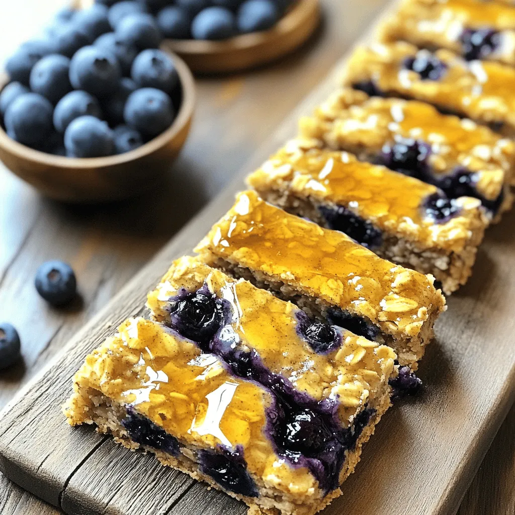 To make these tasty bars, you need a few key ingredients: - 2 cups rolled oats - 1 cup almond milk (or any milk of choice) - 1 cup fresh or frozen blueberries Rolled oats form the base of these bars. They're great for giving texture and nutrients. Almond milk adds moisture without strong flavors. You can also use any milk you prefer. Blueberries bring natural sweetness and color to the bars. For sweetness and flavor, gather: - 1/4 cup honey or maple syrup - 1/4 cup natural peanut butter (or almond butter) - Optional: 1/4 cup chopped nuts or seeds (e.g., walnuts, chia seeds) Honey or maple syrup adds a touch of sweetness. Natural nut butter gives richness and healthy fats. You can add nuts or seeds for crunch and extra nutrients. They make the bars more filling and fun to eat. To enhance the flavor, gather these spices: - 1/2 teaspoon ground cinnamon - 1 teaspoon baking powder - Pinch of salt - 1/2 teaspoon vanilla extract Ground cinnamon adds warmth and depth. Baking powder helps the bars rise. A pinch of salt balances the sweetness. Finally, vanilla extract gives a lovely aroma and taste. These ingredients make the bars healthy and delicious. For the full recipe, check the section below. Start by preheating your oven to 350°F (175°C). This step is key to getting those bars just right. Next, grab a 9x9 inch baking dish. Line it with parchment paper. This helps with easy removal later. Now, in a large mixing bowl, add your dry ingredients. Combine 2 cups of rolled oats, 1 teaspoon of baking powder, 1/2 teaspoon of cinnamon, and a pinch of salt. Mix them well. This blend sets the flavor for your bars. In a separate bowl, whisk together the wet ingredients. Pour in 1 cup of almond milk, add 1/4 cup of honey or maple syrup, and 1/4 cup of peanut butter. Don’t forget 1/2 teaspoon of vanilla extract. Stir until it is smooth and creamy. Now, pour the wet mix into the dry oats. Stir them together until fully combined. This is where magic happens! Gently fold in 1 cup of blueberries. If you want to, you can add 1/4 cup of chopped nuts or seeds for extra crunch. Pour the mixture into your prepared baking dish. Spread it evenly and press it down gently. This helps the bars hold together. Bake in the preheated oven for about 25 to 30 minutes. Check for doneness by looking for golden edges. After baking, let the bars cool in the pan for 10 minutes. Then lift them out using the parchment paper. Place them on a wire rack to cool completely. Once cool, slice them into bars. You can store them in an airtight container for up to a week. Enjoy your Blueberry Oatmeal Breakfast Bars! For the full recipe, click [Full Recipe]. To get the best Blueberry Oatmeal Breakfast Bars, start by ensuring even baking. This helps achieve a nice texture. Spread the mixture flat in the pan and press it down gently. This will give you a uniform bake. You can also adjust the sweetness to fit your taste. If you like it sweeter, add more honey or maple syrup. For a less sweet bar, use less. Taste the mixture before baking to find your perfect balance. One mistake is overmixing the batter. This can make the bars tough. Mix just until everything is combined. Another common error is not letting the bars cool completely. If you cut them too soon, they may fall apart. Let them cool in the pan for about 10 minutes, then cool fully on a wire rack. This helps them firm up. Serve these bars with yogurt for extra creaminess. You can also add fresh fruit on top for a burst of flavor. They are perfect for breakfast or as snacks on the go. You can pack them for school or work. Enjoy these bars anytime you need a quick, healthy bite. For the full recipe, check out the Blueberry Oatmeal Breakfast Bars recipe! {{image_2}} You can change fruits in these bars. Try raspberries or chopped apples. These fruits add new flavors and textures. You can also swap honey for agave syrup or stevia. These options work well if you want less sugar. Each change keeps the bars tasty and healthy. If you're gluten-free, use certified gluten-free oats. This keeps the bars safe for your diet. You can also make these bars vegan. Just skip the nut butter. Instead, use mashed bananas or applesauce. Both add moisture and flavor without any animal products. Want to make the bars even better? Add chocolate chips or coconut flakes. Both give a sweet, fun twist. Infusing the bars with citrus zest also brightens the flavor. A little lemon or orange zest makes a big difference. Each of these ideas helps you create a snack you'll love. For the full recipe, check out the detailed instructions above. To keep your Blueberry Oatmeal Breakfast Bars fresh, use an airtight container. This helps seal in moisture and flavor. These bars stay tasty for up to one week in the fridge. If you want to keep them longer, freezing works great. To freeze your breakfast bars, let them cool completely. Slice them into bars and wrap each one tightly in plastic wrap. Place the wrapped bars in a freezer-safe bag. They can last up to three months in the freezer. When you are ready to eat, just take one out and thaw it at room temperature. For the best texture, avoid using the microwave. To reheat your bars, place them in the oven at 350°F for about 10 minutes. This warms them up nicely without drying them out. You can also use a toaster oven for a quick warm-up. Serve the warmed bars with yogurt or fresh fruit for an extra tasty treat. For the full recipe, check out the detailed instructions above. Yes, you can make these bars ahead of time. I often prepare a batch on the weekend. Once they cool, store them in an airtight container. Keep them in the fridge for up to a week. This way, you always have a tasty snack ready to go. If you need a milk substitute, try regular cow's milk or soy milk. Coconut milk is also a great option. For a nut-free choice, oat milk works well. Each option gives a nice flavor and texture to the bars. Most oats are safe for gluten-free diets. However, ensure you use certified gluten-free oats. This helps avoid cross-contamination. Always check the label to be sure. With the right oats, these bars can be enjoyed by everyone. These breakfast bars last about a week when stored correctly. Look for signs like a dry or hard texture. If they smell off, it's best to toss them. Enjoy them fresh for the best taste! Yes, adding protein powder boosts the bars' nutrition. Start with one scoop and mix it into the dry ingredients. Adjust the liquid slightly if the mix feels too dry. This way, you keep the bars moist and tasty. For the full recipe, check out the section above. Blueberry oatmeal breakfast bars are a simple and tasty treat. We covered the key ingredients, like oats, almond milk, and blueberries. I gave you clear steps to mix and bake, along with essential tips to avoid mistakes. You can try different fruits and make it fit your diet too. Store them right to keep them fresh, and they’re perfect for breakfast or snacks. These bars can be made ahead, so you always have a healthy option. Enjoy your baking and get creative with your flavors!