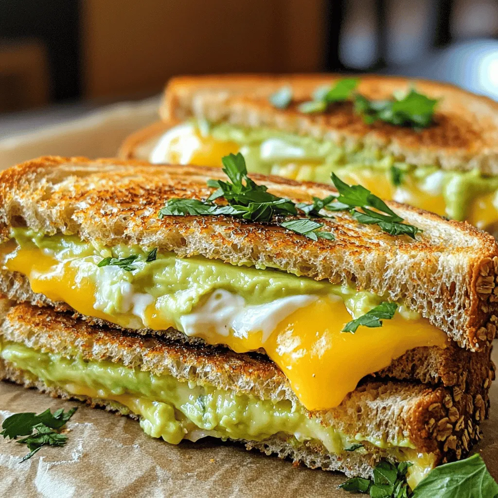 - 2 slices of whole-grain bread - 1 ripe avocado, mashed - 1 cup shredded sharp cheddar cheese - 1/4 cup cream cheese, softened - 1 tablespoon fresh lemon juice The main ingredients for this creamy avocado grilled cheese are simple yet flavorful. Whole-grain bread adds a nutty taste and a nice crunch. A ripe avocado brings creaminess and healthy fats. I love using sharp cheddar cheese for its bold flavor. Cream cheese adds extra richness, while fresh lemon juice brightens the mix. - 1/2 teaspoon garlic powder - Salt and pepper to taste - 1 tablespoon olive oil - Fresh herbs (such as basil or cilantro) for garnish (optional) Seasoning is key to elevating the taste. Garlic powder gives a savory kick, and salt plus pepper balance the flavors. Olive oil helps crisp the bread when cooking. Fresh herbs are optional, but they add a nice touch of color and taste. For the full recipe, check out the complete guide to making this delightful sandwich! First, grab a small bowl. In it, combine these ingredients: - 1 ripe avocado, mashed - 1/4 cup cream cheese, softened - 1 tablespoon fresh lemon juice - 1/2 teaspoon garlic powder - Salt and pepper to taste Mix everything until smooth. You want a creamy texture that spreads easily. Taste it. Adjust the salt and pepper as needed. This mixture will add a rich flavor to your sandwich. Now, take two slices of whole-grain bread. Spread the avocado mixture generously on one side of each slice. This is the star of your sandwich! On the opposite side of one slice, layer 1 cup of shredded sharp cheddar cheese. The cheese will melt beautifully. Close the sandwich by placing the other slice on top, with the avocado mixture facing inwards. This keeps the flavors inside. Heat a skillet over medium heat. Add 1 tablespoon of olive oil. Once the oil is hot, carefully place your sandwich in the skillet. Cook for about 3-4 minutes on one side. Look for a golden brown color. Next, flip the sandwich. Cook for another 3-4 minutes. Check to ensure the cheese melts and both sides are golden. Remove the sandwich from the skillet. Let it sit for a minute before slicing in half. Optionally, garnish with fresh herbs for added flavor. Enjoy your creamy avocado grilled cheese! For the full recipe, check the main article. To make a great grilled cheese, heat is key. I recommend using medium heat. This helps the bread brown evenly without burning. If your heat is too high, the bread may burn before the cheese melts. Soggy bread is a common problem. To avoid this, spread the avocado mix evenly but not too thick. Also, be sure to use a good quality bread. Whole-grain bread adds flavor and helps hold its shape. Want to boost the flavor of your creamy avocado grilled cheese? Try adding sliced tomatoes or crispy bacon. Both add texture and a fresh taste. You can also use different cheeses! For a rich flavor, I love using sharp cheddar. Its tangy taste pairs well with creamy avocado. You might also want to try gouda or pepper jack for a fun twist. For the full recipe, check out the Creamy Avocado Grilled Cheese. {{image_2}} If you need a gluten-free option, choose the right bread. Many brands offer gluten-free bread made from rice, almond, or coconut flour. These breads can give you a great base for your creamy avocado grilled cheese. For cheese, consider dairy-free substitutes. Look for vegan cheese made from nuts or soy. Brands like Daiya and Follow Your Heart offer tasty options. They melt well, giving you that creamy texture you love. You can add more flavor with different spreads. Try hummus for a nutty taste or pesto for a fresh kick. Both add a unique layer to your sandwich. For extra texture, think about toppings. Sliced tomatoes add juiciness, while crispy bacon offers a savory crunch. You can also use fresh spinach or arugula for a peppery bite. Feel free to mix and match to find your favorite combination! Remember, if you want the full recipe, check out the Creamy Avocado Grilled Cheese section above. To store your Creamy Avocado Grilled Cheese, place it in an airtight container. Make sure it cools down first. This helps keep the bread from getting soggy. You can store it in the fridge for up to three days. However, for the best taste, eat it within two days. The longer it sits, the more the avocado will brown. When you want to eat your leftover sandwich, reheat it carefully. The best way is to use a skillet. Preheat the skillet over low heat. Place the sandwich in the skillet for about three minutes on each side. This keeps the bread crispy and warms the cheese nicely. You can also cover the skillet for a minute. This helps melt the cheese without burning the bread. If you're in a hurry, you can use a microwave, but the texture will not be as great. For tips on how to make this delightful dish, check out the Full Recipe. If you want to skip cream cheese, try using Greek yogurt. It adds a nice tang. Another option is to use a nut-based cream cheese. This works well for texture and flavor. You can also blend silken tofu for a smooth, creamy spread that fits your taste. Yes, you can easily make this recipe vegan! Use vegan cream cheese in place of regular cream cheese. For the cheese, choose a plant-based cheese option. These options melt well and taste great. You can also add nutritional yeast for a cheesy flavor without dairy. To keep your sandwich crisp, make sure the bread is dry. You can toast the bread lightly before adding the avocado mixture. Use just enough filling to avoid excess moisture. Cooking on medium heat allows the outside to crisp without burning. Letting the sandwich rest helps keep it crunchy. This blog post covered how to make a creamy avocado grilled cheese. We explored the main ingredients like whole-grain bread and ripe avocado. I shared step-by-step instructions for mixing, assembling, and cooking the sandwich. You learned tips for perfecting flavor and texture, plus variations for different diets. In closing, this grilled cheese is a simple way to enjoy a tasty meal. Try different toppings and enjoy the creativity in your kitchen!