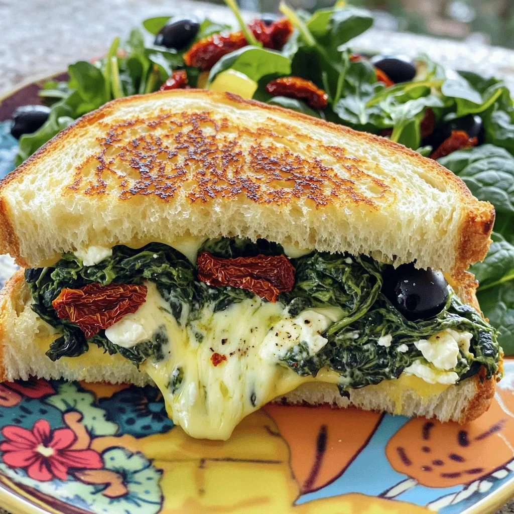 To make a tasty Mediterranean Spinach Grilled Cheese, you need: - 2 slices of whole-grain bread - 1 cup fresh spinach, chopped - 1/4 cup feta cheese, crumbled - 1/4 cup sun-dried tomatoes, chopped - 1 tablespoon black olives, chopped - 1 tablespoon olive oil - 1 tablespoon unsalted butter - Salt and pepper to taste You can add more flavor with these options: - 1/2 teaspoon dried oregano - 1/2 teaspoon dried basil These herbs give your sandwich a nice twist. If you want to change things up, consider these swaps: - Use sourdough or rye bread instead of whole-grain. - Swap feta cheese with goat cheese for a creamier taste. - Replace sun-dried tomatoes with roasted red peppers. These changes keep the dish fresh and exciting. For the full recipe, check out the instructions below! First, heat a small skillet on medium. Add olive oil to the pan. Once hot, toss in the chopped spinach. Cook it until it wilts, about 2-3 minutes. This step helps bring out the spinach's flavor. Next, take a bowl and mix the wilted spinach with crumbled feta cheese. Add in the sun-dried tomatoes and chopped olives. You can include optional herbs like oregano or basil for extra taste. Season this mixture with salt and pepper. Now, set it aside while you prepare the sandwich. Grab two slices of whole-grain bread. Spread butter on one side of each slice. This will help create a nice golden crust. Place one slice in a non-stick frying pan, buttered side down. Spoon the spinach and cheese mixture evenly over this slice. Then, take the second slice of bread and place it on top, buttered side up. This layering creates a delicious filling that melts beautifully. Cook the sandwich on medium heat. Keep an eye on it, as you want a golden brown crust. After about 3-4 minutes, gently flip the sandwich. Grill the other side for another 3-4 minutes. The cheese should melt and the bread should be crispy. If you want to check for doneness, gently press down on the sandwich. It should feel firm yet springy. Once done, remove it from the heat. Let it cool a bit before slicing in half. Enjoy your Mediterranean Spinach Grilled Cheese! For the full recipe, refer to the recipe section above. To get that perfect crunch, use whole-grain bread. It holds up well when grilled. Make sure to butter the outside of each slice. This helps create a golden crust. Heat your pan to medium heat. If it's too hot, the bread burns before the cheese melts. Flip the sandwich carefully to keep the filling inside. This grilled cheese is already a treat for vegetarians. To make it vegan, swap feta cheese for a plant-based version. Use vegan butter instead of regular butter. Check your bread, too; some contain dairy. You can also add more veggies like bell peppers or zucchini for extra flavor. To save time, prep the spinach and cheese mix ahead. You can store it in the fridge for up to two days. When ready to grill, just spread it on your bread. If you're short on time, use pre-chopped veggies or buy store-made feta. These small steps make this dish quick and easy. For the full recipe, click here. {{image_2}} You can boost your Mediterranean Spinach Grilled Cheese by adding protein. Grilled chicken or turkey works great. Simply slice cooked chicken or turkey and layer it on the spinach mix. This extra protein turns your dish into a hearty meal. It also adds flavor and texture that you will enjoy. If you prefer plant-based options, try adding grilled tofu or tempeh instead. This keeps it healthy and filling. Cheese is key to a great grilled cheese. While feta gives a nice tang, you can swap it for other cheeses. Try using mozzarella for a melty texture. You could also use goat cheese for a creamy taste. If you want a sharp flavor, aged cheddar is a good choice. Mixing different cheeses can add depth to your dish. This way, you can create a unique flavor that suits your taste. Enhance your grilled cheese with herbs and spices. Adding dried oregano or basil can brighten the taste. Fresh herbs, like parsley or mint, can add freshness. You could even sprinkle some red pepper flakes for a kick. Seasoning your spinach mixture well is key. This will ensure that every bite is full of flavor. Get creative and find your perfect blend. For the full recipe, check it out for more inspiration. To keep your Mediterranean Spinach Grilled Cheese tasty, store leftovers in an airtight container. Place the sandwich in the fridge. It lasts about 2 days. If you want to keep it longer, consider freezing it. For the best taste, reheat the sandwich in a skillet. Heat it on low to medium. This warms the sandwich and keeps it crispy. You can also use an oven. Heat it to 350°F (175°C) for about 10 minutes. You can freeze the sandwich if you want to save it for later. Wrap it tightly in plastic wrap. Then, place it in a freezer bag. It stays good for about a month. When ready to eat, let it thaw overnight in the fridge before reheating. Enjoy every bite from the [Full Recipe]. To make a gluten-free Mediterranean Spinach Grilled Cheese, use gluten-free bread. Many stores sell tasty options. Check the label to ensure it is safe for your needs. You can follow the same steps in the recipe. The flavors will still shine through the gluten-free bread. This sandwich pairs well with a simple salad. A side of mixed greens with olive oil and lemon juice adds brightness. You can also serve it with tomato soup for a classic touch. Cut the sandwich into triangles for easy dipping! Yes! You can use sourdough, rye, or whole-wheat bread. Each type adds a unique flavor and texture. Just keep the cooking time in mind. Thicker bread may need a little longer to toast. Choose what you love most for your sandwich. Absolutely! You can add bell peppers, artichokes, or zucchini. Just chop them small and sauté them with spinach. This way, they mix well with the cheese. More veggies mean more flavor and nutrition. For a creamier taste, add cream cheese or mozzarella. Spread cream cheese on the bread before adding the spinach mix. This gives a lovely rich texture. Mozzarella melts beautifully and adds a gooey touch. You can prep the spinach and cheese mix in advance. Store it in the fridge for up to one day. When you're ready, just assemble and cook the sandwich. This saves time during busy days. You can try goat cheese, provolone, or mozzarella. Each cheese brings its own flavor. Goat cheese adds a tangy touch, while mozzarella gives a mild flavor. Choose what you enjoy to make your grilled cheese special. In this blog post, we covered all you need for a great Mediterranean Spinach Grilled Cheese. We explored the ingredient list, optional flavors, and helpful substitutions to enhance your dish. You learned step-by-step instructions for making the perfect sandwich, along with tips for the ideal crispiness. We also shared fun variations and storage tips to keep leftovers fresh. Remember, you can make this recipe your own with different proteins and cheeses. Enjoy your cooking adventure and savor each bite!