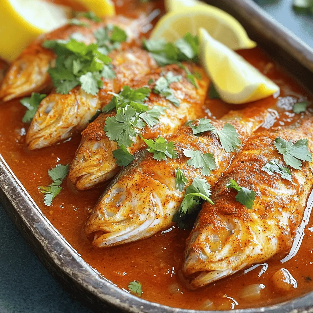 To make Classic Spicy Moroccan Fish, you'll need: - 4 white fish fillets (cod or halibut) - 2 tablespoons olive oil - 1 teaspoon ground cumin - 1 teaspoon ground coriander - 1 teaspoon paprika - ½ teaspoon cayenne pepper (adjust to taste) - 1 teaspoon turmeric - 2 garlic cloves, minced - 1 can (14 oz) diced tomatoes, drained - 1 cup vegetable broth - 1 tablespoon lemon juice - Salt and pepper to taste - Fresh cilantro, chopped (for garnish) - Lemon wedges (for serving) These ingredients come together to create a bold and spicy dish. The fish fillets soak up the rich flavors from the spices and herbs. Cumin and coriander add warmth, while cayenne brings heat. Don't skip the garlic; it adds a lovely depth to the dish. For a well-rounded meal, consider these sides: - Couscous - Crusty bread - Steamed vegetables You can also add optional toppings: - Extra chopped cilantro - Sliced green onions - A drizzle of olive oil These sides and toppings enhance the dish's presentation and flavor. Couscous pairs perfectly, soaking up the spicy tomato sauce. Crusty bread is great for dipping. Enjoy the layers of taste and texture! For the full recipe, check out the detailed instructions provided. To start, we need to marinate the fish fillets. This step is key for flavor. In a bowl, mix together: - 2 tablespoons olive oil - 1 teaspoon ground cumin - 1 teaspoon ground coriander - 1 teaspoon paprika - ½ teaspoon cayenne pepper (adjust to taste) - 1 teaspoon turmeric - 2 garlic cloves, minced - Salt and pepper to taste Coat the fish fillets well with this spice mix. Let them sit for at least 30 minutes. This waiting time lets the spices soak in. For tools, you'll need a mixing bowl and a spatula. A large skillet is also essential for cooking. Next, we will prepare the sauce. Heat a large skillet over medium heat. Add: - 1 can (14 oz) diced tomatoes, drained - 1 cup vegetable broth Bring this mixture to a gentle simmer. Allow it to cook for about 5 minutes. This time helps the flavors blend well. Stir occasionally to prevent sticking. Now it’s time to cook the fish. Carefully place the marinated fillets into the skillet with the sauce. Align them evenly for even cooking. Cover the skillet with a lid. Cook for about 8-10 minutes. The fish is done when it flakes easily with a fork. If it’s still tough, it needs a bit more time. Once cooked, add 1 tablespoon of lemon juice to the sauce and stir gently. Taste your sauce and adjust the seasoning if needed. You can find the full recipe in the earlier section. Enjoy this dish hot and look forward to a burst of Moroccan flavors! To make the best Classic Spicy Moroccan Fish, start with marinating the fish properly. Mix the olive oil and spices in a bowl. Coat each fillet well. Let it sit for at least 30 minutes. This allows the flavors to soak in deep. Keep the fish moist during cooking. Use medium heat in your skillet. Cover it while it cooks. This keeps moisture inside. Check the fish after 8 to 10 minutes. It should flake easily with a fork. If it does, it's done! You can change the heat level by adjusting cayenne pepper. If you want it hotter, add more. For milder spice, cut back on the cayenne. Try different spices to create new flavors. Paprika adds a sweet taste. Ground ginger gives a warm, earthy note. You can also use cumin and coriander for extra depth. Mixing spices can make your dish unique. Feel free to experiment! {{image_2}} You can use many types of fish for this dish. Cod and halibut are great choices, but you can also try tilapia, snapper, or mahi-mahi. Each fish brings a unique taste and texture. If you have dietary needs, you can opt for firm tofu or plant-based fish. These swaps work well with the spice mix and sauce. Often, you may not have fresh tomatoes on hand. Canned tomatoes work just fine and save time. If you want a fresh taste, use diced tomatoes instead. You can also swap out spices based on what you have. Fresh herbs like parsley or mint can replace cilantro for a different flavor. This flexibility helps you enjoy the dish with what you have. For a twist, try adding olives or capers for extra richness. If you want the full recipe, you can find it [here](#). To keep your Classic Spicy Moroccan Fish fresh, store it in an airtight container. Place it in the fridge within two hours of cooking. It will stay good for up to three days. For longer storage, you can freeze the fish. Wrap each fillet tightly in plastic wrap, then place it in a freezer-safe bag. This method helps prevent freezer burn. Your fish can last up to three months in the freezer. When it's time to enjoy your leftovers, reheating is key. You want to keep the fish moist and flavorful. One method is to use the microwave. Place the fish on a microwave-safe plate and cover it with a damp paper towel. Heat it in short bursts, checking every 30 seconds until warm. Another option is to reheat on the stovetop. Place the fish in a skillet with a splash of vegetable broth. Cover and heat on low until warmed through, about 5 minutes. This method helps maintain the dish's rich flavors while keeping the fish tender. What can I serve with Classic Spicy Moroccan Fish? You can serve this dish with couscous, rice, or warm crusty bread. These sides soak up the sauce well and add texture. A fresh salad or roasted vegetables also complement the meal nicely. How can I tell when the fish is cooked through? The fish is done when it flakes easily with a fork. It should be opaque and no longer translucent. Using a food thermometer, the internal temperature should reach 145°F (63°C). Can I make this recipe ahead of time? Yes, you can prepare the fish and sauce a day in advance. Just store them in the fridge. Reheat gently before serving. This allows the flavors to meld well. Is it possible to make this dish spicier? Absolutely! You can add more cayenne pepper or include chili flakes. Adjust the heat to your liking during cooking. What to do if the fish is too spicy? If the dish is too spicy, add a bit of sugar or honey. This helps balance the heat. You can also serve it with a side of yogurt or sour cream to cool it down. How to fix a bland sauce? To enhance a bland sauce, add more spices, garlic, or lemon juice. A splash of vinegar can also brighten the flavors. Taste as you go to reach your desired flavor. This blog post covered the essentials for making Classic Spicy Moroccan Fish. You learned about key ingredients, preparation steps, and tips for perfect results. I shared variations to fit your taste and details on how to store leftovers. Cooking this dish can be fun and rewarding. With practice, you'll master the flavors and techniques. Enjoy making it your own, and don’t be afraid to experiment. Happy cooking!