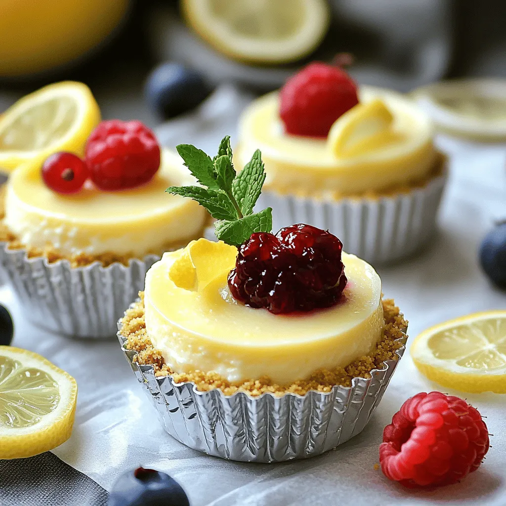 To make Creamy Mini Lemon Cheesecakes, you need specific ingredients. Here’s what you will use: - 1 cup graham cracker crumbs - 1/4 cup unsalted butter, melted - 2 tablespoons sugar - 16 oz cream cheese, softened - 1/2 cup sugar - 1/4 cup sour cream - 2 large eggs - 1 teaspoon vanilla extract - Zest of 1 lemon - 1/4 cup freshly squeezed lemon juice - Optional: Fresh berries and mint for garnish These ingredients create a rich and tangy flavor that everyone loves. If you need substitutions, here are some ideas: - Graham cracker crumbs: Use crushed digestive biscuits or vanilla wafers. - Unsalted butter: Coconut oil works well if you want a dairy-free option. - Sugar: You can use honey or maple syrup for a natural sweet flavor. - Sour cream: Greek yogurt gives a similar taste and texture. - Cream cheese: Dairy-free cream cheese is a great option for a vegan version. These swaps can still make tasty cheesecakes. You’ll need some basic tools to make this recipe easy: - Muffin tin - Mini cupcake liners - Mixing bowls - Electric mixer - Measuring cups and spoons - Rubber spatula - Cooling rack Having these tools ready will help you create your delicious mini cheesecakes. For the complete recipe, check the Full Recipe section! First, preheat your oven to 325°F (160°C). Grab a muffin tin and line it with mini cupcake liners. In a medium bowl, mix 1 cup of graham cracker crumbs, 1/4 cup melted unsalted butter, and 2 tablespoons of sugar. Stir until it looks like wet sand. Now, take this mixture and press it firmly into the bottom of each muffin liner. This step is key for a good crust. Next, in a large bowl, beat 16 oz of softened cream cheese with an electric mixer. Mix until it's smooth and creamy. Then, add 1/2 cup sugar, 1/4 cup sour cream, 1 teaspoon vanilla extract, the zest of 1 lemon, and 1/4 cup freshly squeezed lemon juice. Combine these well. Now, add in 2 large eggs, one at a time. Mix gently after each one. Be careful not to overmix. This filling will be rich and creamy. Now, pour the cheesecake filling over your crusts. Fill each cup about 3/4 full. Place the muffin tin in the preheated oven. Bake for 18 to 20 minutes. You want the edges to set while the center jiggles slightly. After baking, turn off the oven and crack the door. Let the cheesecakes cool slowly for about 30 minutes. Remove them and let them cool to room temperature. Finally, refrigerate for at least 3 hours before serving. For the full recipe, check out the details above. To get a smooth and creamy texture, start with softened cream cheese. Cold cream cheese makes lumps. Use a hand mixer for the best results. Beat the cream cheese until it's fluffy. This takes about two minutes. Add other ingredients one at a time. Mix gently after adding each one. Overmixing can cause cracks in your cheesecake. Let the cheesecake filling rest before pouring it into your crust. This helps the bubbles escape. One common mistake is skipping the cooling step. Allow cheesecakes to cool slowly in the oven. This helps them set without cracking. Don’t open the oven door too early. Sudden temperature changes can ruin your mini cheesecakes. Always use fresh lemon juice and zest for the best flavor. Old ingredients can dull your taste. Lastly, avoid overbaking. Cheesecakes should jiggle slightly in the middle when done. Presentation matters! Garnish each cheesecake with fresh berries and mint. This adds color and freshness. Use a small dollop of whipped cream for extra flair. Arrange your cheesecakes on a nice platter. This makes them look more inviting. Serve them chilled for the best taste. For a fun touch, drizzle some lemon sauce over the top. This makes your mini cheesecakes pop. Check out the Full Recipe for more tips on serving! {{image_2}} You can easily change the flavor of your mini cheesecakes. Try using different fruits or extracts. For a berry twist, use mashed strawberries or blueberries instead of lemon. Chocolate lovers can add melted chocolate for a rich taste. You can even try a pumpkin spice version for fall. The options are endless! If you want a vegan version, swap the cream cheese for cashew cream or a store-bought vegan cream cheese. Use coconut milk or almond milk in place of sour cream. For eggs, you can use flaxseed meal or applesauce. This way, everyone can enjoy these tasty treats! To make your mini cheesecakes more fun, try serving them in unique ways. Use clear cups for a beautiful layer effect. Top them with fresh berries and mint for a colorful look. You can also serve them with a drizzle of fruit sauce or chocolate. Pair with a refreshing drink, like iced tea or lemonade. These ideas will surely impress your guests! To keep your creamy mini lemon cheesecakes fresh, store them in the fridge. Use an airtight container to avoid drying out. You can place parchment paper between layers to prevent sticking. They will stay good for about five days in the fridge. If you want to save some for later, freezing works well. Wrap each mini cheesecake in plastic wrap. Then, place them in a freezer-safe bag or container. They can last up to three months in the freezer. When ready to enjoy, move them to the fridge to thaw overnight. For the best taste, serve cheesecakes cold. If you want to warm them slightly, do so gently. Place them in a preheated oven at 200°F (93°C) for about 10 minutes. Keep an eye on them to avoid overheating. Add fresh berries or mint just before serving for a nice touch. For the full recipe, refer to the original instructions. To keep your cheesecakes smooth, bake them gently. Start by preheating your oven to the right temperature. Place a pan of water on the bottom rack. This adds moisture and helps prevent cracks. Also, avoid overmixing your batter. Mix just until the ingredients are combined. Lastly, let the cheesecakes cool slowly in the oven. Cracking often happens when they cool too fast. Yes, you can! While lemon gives a fresh taste, other fruits work well too. Try lime for a zesty twist or orange for a sweeter flavor. Just remember to adjust the amount of juice to keep the balance. The zest will add extra flavor, so use the zest from your chosen fruit as well. If you lack mini muffin liners, here are some easy fixes. You can grease the muffin tin well with butter or cooking spray. This will help the cheesecakes release easily. Another option is to use parchment paper. Cut small squares, press them into the tin, and fill them as usual. Both methods work great for keeping your mini cheesecakes intact. For the full recipe, check out the details above! These creamy mini lemon cheesecakes are fun and easy to make. We covered all the key ingredients, tools, and tips. Avoid common mistakes for the best texture. Explore flavors with fun variations and great serving ideas. Store extras well to enjoy later. Now, you can create your perfect mini cheesecakes confidently. Dive into this recipe and impress friends and family. Enjoy the tasty journey of making these treats!