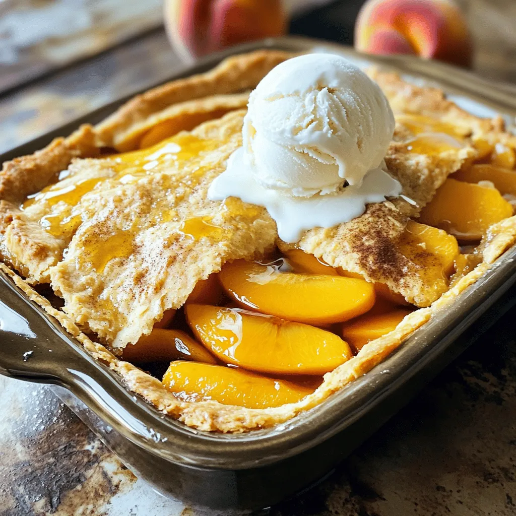 To make a delicious cake mix peach cobbler, you'll need some simple ingredients. Here’s what to gather: - 2 cans (15 oz each) sliced peaches in syrup or 4 cups fresh peaches, sliced - 1 cup granulated sugar - 1 tsp ground cinnamon - 1 box (15.25 oz) yellow cake mix - 1/2 cup unsalted butter, melted - 1/2 cup water - 1 tsp vanilla extract - Ice cream or whipped cream (for serving, optional) These ingredients create a sweet and fruity base with a soft cake topping. If you use fresh peaches, adjust the sugar based on how sweet they are. The yellow cake mix gives the cobbler a light and fluffy texture. Next, let’s talk about why this combo works so well. The peaches bring a juicy sweetness. The sugar enhances that flavor, while cinnamon adds warmth. The cake mix and butter create that comforting, cake-like topping. This recipe is easy and quick. It requires just a few steps and about 15 minutes of prep time. You can find the full recipe later, but with these ingredients, you are on your way to a delightful dessert that everyone will love! - Preheat the oven to 350°F (175°C). - Prepare a 9x13-inch baking dish by greasing it lightly. - In a large bowl, combine two cans of sliced peaches, one cup of sugar, and one teaspoon of cinnamon. Mix well. Spread this peach mixture evenly in the prepared baking dish. - In another bowl, take one box of yellow cake mix. Add half a cup of melted butter, half a cup of water, and one teaspoon of vanilla extract. Stir until just combined. Avoid overmixing. - Pour the cake batter over the peaches. Spread it gently to cover the peaches well. - Bake in the preheated oven for 35-40 minutes. Check for doneness by inserting a toothpick into the center. It should come out clean when done. This cake mix peach cobbler is easy to make and tastes amazing. Enjoy the warm, sweet flavors! For the full recipe, check the earlier section. - Choosing the right peaches: Select ripe peaches that are firm but slightly soft. Look for a sweet aroma. Fresh peaches are ideal, but canned peaches work well too. If using canned, pick those in light syrup for better flavor. - Adjusting sweetness based on peach ripeness: Taste your peaches first. If they are very sweet, cut down on the sugar. If they are less sweet, you may need to add a bit more sugar to balance the flavors. - Overmixing the batter: Mix just until combined. Overmixing can make the cake tough. Remember, lumps are okay! This ensures a light and fluffy texture. - Not greasing the baking dish properly: Always grease your dish well. This helps prevent sticking. Use butter or cooking spray for best results. - Adding spices like nutmeg or cloves: A pinch of nutmeg or cloves can add warmth. Start with a small amount and adjust to taste. These spices complement the peaches nicely. - Experimenting with flavored extracts: Try adding almond or lemon extract. This can bring a new twist to your cobbler. Just a teaspoon can elevate the flavor profile. For the complete recipe, check out the Full Recipe. {{image_2}} You can switch out peaches for other fruits. Berries like blueberries or strawberries work well. Apples add a nice crunch and flavor. You can also mix different fruits for a fun twist. A combination of peaches and raspberries makes a vibrant cobbler. Just keep the sugar amount right based on the fruit’s sweetness. The yellow cake mix is great, but you have options. Angel food cake mix gives a light texture. Spice cake mix adds warm flavors like cinnamon and nutmeg. If you need gluten-free options, many brands offer gluten-free cake mixes. These will keep your cobbler delicious without gluten. Serving your cobbler can be fun. Try drizzling caramel sauce on top for a sweet finish. Whipped cream adds a creamy touch that many enjoy. You can even turn this dessert into breakfast. Serve it warm with yogurt or fresh fruit on the side. It makes a tasty morning treat! For the full recipe, check the link. To store your peach cobbler, let it cool completely first. Place it in an airtight container. This keeps it fresh and prevents it from drying out. If you don’t have a container, cover it tightly with plastic wrap. In the fridge, peach cobbler lasts about 3 to 4 days. You can enjoy it warm or cold, so it's easy to grab a slice anytime! For reheating peach cobbler, the best method is to use the oven. Preheat your oven to 350°F (175°C). Place the cobbler in a baking dish and cover it with foil. Heat it for about 15 to 20 minutes. This helps keep it moist. If you're in a hurry, you can use the microwave. Place a slice on a microwave-safe plate and cover it with a damp paper towel. Heat it for 30 seconds to 1 minute. This way, it warms up without getting too dry. Yes, you can freeze peach cobbler! First, let it cool completely. Cut it into slices, then wrap each piece in plastic wrap. Place the wrapped slices in a freezer-safe bag. To thaw, move it to the fridge overnight. For best results, reheat it in the oven after thawing. This ensures you keep that lovely texture from the Full Recipe. Yes, you can use frozen peaches! Just make sure to thaw them first. Drain any excess liquid before adding them to the dish. This helps keep the cobbler from getting too watery. You may want to add a bit more sugar if the peaches are not very sweet. Your peach cobbler is ready when the top is golden brown. A toothpick inserted into the center should come out clean. The edges should bubble slightly, and the peaches will be soft. This usually takes about 35-40 minutes in the oven. You can prepare the peach cobbler in advance! Mix the peaches and sugar, and store them in the fridge for up to a day. Keep the cake mix batter separate until you are ready to bake. Just combine it right before baking for the best results. Serve your peach cobbler warm for the best taste. Top it with vanilla ice cream or whipped cream for a sweet finish. You can also add a sprinkle of cinnamon or a drizzle of caramel for extra flavor. A soggy cobbler often comes from too much liquid. Ensure you drain canned peaches well. If using frozen peaches, thaw and drain them before adding. Overmixing the batter can also make it dense and heavy, so mix just until combined. Peach cobbler is a simple and delicious dessert. We covered the key ingredients, like peaches and cake mix. I shared step-by-step instructions for making it perfectly. You learned tips to avoid mistakes and ideas for variations. Remember, the right peaches make a big difference. With these insights, you can bake a tasty cobbler your loved ones will enjoy. Now grab your ingredients and start baking!