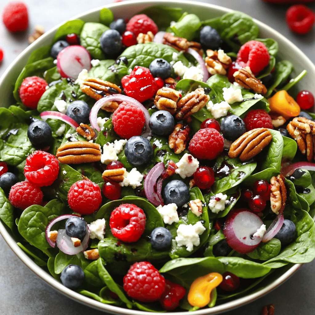 - 5 cups fresh baby spinach - 1 cup mixed berries (strawberries, blueberries, raspberries) - 1/2 cup pecans, toasted Fresh ingredients make this salad pop! Spinach brings a crisp feel, and berries add sweetness. You can mix strawberries, blueberries, and raspberries for a colorful touch. The toasted pecans give a crunch that is hard to resist. - 1/4 red onion, thinly sliced - 1/4 cup feta cheese, crumbled - 1/4 cup balsamic vinaigrette Now, let's add some flavor. The red onion gives a nice bite, while feta adds creaminess. A drizzle of balsamic vinaigrette ties everything together. You can use store-bought or make your own for an extra touch. - Salt and pepper to taste Finally, season to your liking. A pinch of salt and a dash of pepper can elevate the taste. It’s all about balancing flavors in this Berry Spinach Salad with Pecans. For the full recipe, check the detailed instructions above. - Step 1: Add spinach to a large salad bowl. This forms the base of your salad. Make sure the spinach is fresh. Rinse it well to remove any dirt. Pat it dry with a clean towel. The leaves should be crisp and bright green. - Step 2: Prepare the mixed berries. Rinse your strawberries, blueberries, and raspberries under cold water. Use a paper towel to dry them gently. Slice the strawberries into halves or quarters, depending on their size. This makes them easier to eat. Add all the berries to the bowl with the spinach. - Step 3: Add pecans and red onion. Toast the pecans in a dry pan for a few minutes. This brings out their nutty flavor. Thinly slice the red onion. Add both to the salad. The crunch from the pecans and the bite from the onion make the salad exciting. - Step 4: Sprinkle feta cheese. Crumble the feta cheese over the salad. The creamy cheese balances the flavors. It adds a lovely touch to each bite. - Step 5: Drizzle dressing and toss gently. Pour the balsamic vinaigrette over the salad. Use just enough to coat the ingredients. Toss gently to combine. Be careful not to crush the berries. You want them to stay whole for texture. - Step 6: Season and serve. Add salt and pepper to taste. This simple step enhances all the flavors. Serve the salad right away for the best taste. Enjoy your Berry Spinach Salad with Pecans! For the full recipe, check out the recipe section. To keep your salad fresh, toss it gently. This helps to prevent crushing the berries. When berries get crushed, they lose their shape and flavor. Choose berries that are ripe but firm. This way, they hold up better in the salad. A quick homemade balsamic vinaigrette is easy to make. Simply mix equal parts balsamic vinegar and olive oil. Add a pinch of salt and pepper. Shake well to blend. You can also add honey or mustard for extra flavor. Try different herbs too, like basil or oregano, to change it up. Serving your salad in individual bowls looks nice. It makes each guest feel special. For a pop of color, garnish with extra berries on top. A sprinkle of feta cheese adds a nice touch. Use a small sprig of mint for a fresh finish. These little details make your salad stand out. For the full recipe, check out the sections above! {{image_2}} You can make this salad your own by switching the nuts. If you prefer a different crunch, use walnuts or almonds. Both options bring their unique taste and texture to the dish. Cheese choices also add flair. Instead of feta, try creamy goat cheese or tangy blue cheese. These cheeses can bring a whole new flavor profile to your salad. Seasonal fruits can enhance the flavor. In autumn, add crisp apples or juicy pears. These fruits not only add sweetness but also a nice crunch. For creaminess, consider incorporating avocado. Its smooth texture complements the spinach and berries well. Experimenting with dressings can change the whole vibe of your salad. Try a citrus vinaigrette for a fresh, tangy kick. This bright dressing pairs well with the berries. If you want something richer, use a creamy dressing. It offers a different taste that contrasts nicely with the fresh ingredients. For the full recipe, check out the Berry Spinach Salad with Pecans. Store any leftover Berry Spinach Salad in an airtight container. This keeps it fresh and tasty. If you want to store the salad for later, separate the dressing. Mix it in just before serving. This way, the spinach stays crisp. To keep your ingredients fresh, use whole berries instead of cut ones. Wash and dry the spinach right before making the salad. This helps avoid sogginess. In the fridge, this salad lasts about 2 days. If it has dressing mixed in, eat it within 24 hours. For the best taste, eat it fresh. To store individual components, keep berries and nuts in separate containers. They will stay fresh longer this way. Spinach should stay in a breathable bag. This helps it avoid wilting. You cannot freeze a spinach salad. Freezing changes the texture and taste of spinach. However, you can freeze some components. For example, freeze berries in a single layer on a tray. Once frozen, move them to a bag. This way, you can use them later. Keep nuts in a cool, dry place. They can last longer if you store them in the fridge. For the full recipe, check out the Berry Spinach Salad with Pecans. What can I substitute for pecans? If you want a nutty crunch, walnuts or almonds work well. You can also use sunflower seeds for a nut-free option. Each choice brings a unique flavor and keeps the salad tasty. Can I make the salad ahead of time? Yes, you can prep the salad ingredients ahead. Store the spinach, berries, and nuts separately. Mix them right before serving to keep everything fresh and crisp. What are the health benefits of spinach and berries? Spinach is rich in vitamins A, C, and K. It also has iron and calcium, which are great for bones. Berries are full of antioxidants and can boost your heart health. Together, they make a powerful, nutritious combo. Is this salad low in calories? Yes, this salad is low in calories. A serving has about 150 calories. It is light yet filling, perfect for a healthy meal or side dish. What goes well with a Berry Spinach Salad? This salad pairs well with grilled chicken or fish. You can also serve it with a warm quiche or a light pasta dish. The fresh flavors balance rich meals perfectly. Can I add protein to this salad? Absolutely! You can add grilled chicken, shrimp, or even chickpeas for a plant-based option. This addition makes the salad more filling and nutritious. For the full recipe, check out the Berry Spinach Salad with Pecans. The Berry Spinach Salad combines fresh spinach, mixed berries, and pecans for a delicious meal. You learned how to mix flavors with red onion, feta, and a simple balsamic dressing. With tips on storage, dressing variations, and ingredient swaps, this salad is sure to please everyone. Whether you're looking for a light lunch or a tasty side, you can enjoy this healthy dish year-round. Get creative with your ingredients and enjoy the process. Your taste buds will thank you!