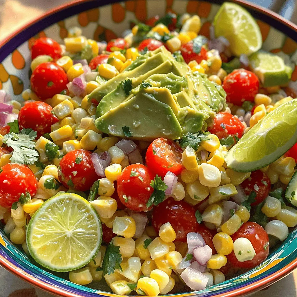 To make a bright and tasty summer corn salad, gather these ingredients: - 4 cups fresh corn kernels (about 5-6 ears of corn) - 1 red bell pepper, diced - 1 cup cherry tomatoes, halved - 1/2 red onion, finely chopped - 1/4 cup fresh cilantro, chopped - 1 avocado, diced - 3 tablespoons lime juice - 2 tablespoons olive oil - 1 teaspoon honey - Salt and pepper to taste - 1/2 teaspoon chili powder (optional) Choosing fresh corn is key for a great salad. Look for ears that feel heavy for their size. The husk should be bright green and tightly wrapped. Check the silk at the top; it should be brown and sticky. Fresh kernels should be plump and juicy. Press a kernel with your thumb; it should burst with sweet liquid. Avoid any ears that look dry or have dark spots. You can make this salad your own! Try adding these optional ingredients for more fun: - Diced cucumber for crunch - Crumbled feta cheese for a tangy kick - Black beans for protein - Fresh jalapeño for heat - Chopped green onions for extra flavor Feel free to mix and match based on your taste. This keeps your summer corn salad fresh and exciting. For the full recipe, check out the Zesty Summer Corn Salad Delight section. To make this salad, start with fresh corn. Shuck the ears and remove the kernels. Use a sharp knife for this. Cut down the sides of the cobs to release the kernels into a bowl. You want about 4 cups of corn. Next, heat a skillet on medium heat. Sauté the corn for 3-4 minutes. This helps to bring out the sweet flavor while keeping it crisp. Let the corn cool before mixing it with the veggies. Dice a red bell pepper and chop half a red onion. Halve a cup of cherry tomatoes and chop a quarter cup of fresh cilantro. All these ingredients add color and taste to your salad. Now, let’s make the dressing. In a small bowl, whisk together three tablespoons of lime juice and two tablespoons of olive oil. Add one teaspoon of honey for a touch of sweetness. Season with salt and pepper to taste. If you like a kick, add half a teaspoon of chili powder. This dressing ties all the flavors together. You can adjust the lime juice for more tang or the honey for more sweetness. This dressing can also be made ahead of time. Just keep it in the fridge until you are ready to use it. In a large mixing bowl, combine the sautéed corn with your chopped veggies. Pour the dressing over the corn mixture. Gently toss everything to coat. Be careful not to mash the ingredients. Finally, fold in a diced avocado. This adds creaminess and richness to the salad. You can serve it right away or chill it for up to an hour. It’s perfect for summer gatherings. Serve in a colorful bowl, maybe with extra cilantro or lime wedges on top. Enjoy this fresh and vibrant summer corn salad! For the full recipe, check the earlier section. To boost your Summer Corn Salad, use fresh ingredients. Fresh corn makes a big difference. Try grilling the corn for a smoky taste. The heat brings out the natural sweetness. You can also add lime zest for a bright kick. Fresh herbs like basil or mint add a nice twist. A pinch of chili powder gives it a spicy edge. Experiment with flavors that you love. This salad shines at parties. Serve it in a large bowl for everyone to enjoy. Add colorful garnishes like lime wedges or extra herbs. Pair it with grilled meats or tacos for a full meal. It also works well as a light lunch. Offer it alongside crusty bread for a nice touch. Your guests will love the fresh and vibrant taste. Avoid using old corn; it can taste bland. Always taste your salad before serving. Adjust the seasoning if needed. Don’t overmix the salad; you want to keep the avocado intact. Too much dressing can drown the flavors. Make sure to let the salad chill for a bit. This helps the flavors blend nicely. Follow these tips for a perfect Summer Corn Salad. For the Full Recipe, check out the details above. {{image_2}} To add a smoky flavor, try grilling the corn. Start by husking the corn and soaking the cobs in water for 30 minutes. This keeps them moist while grilling. Preheat your grill to medium-high heat. Grill the corn for about 10 minutes, turning often. The kernels should get nice char marks. Once done, let the corn cool, then cut the kernels off the cob. Mix those grilled kernels with the other ingredients from the full recipe. The char adds a great depth to the salad. For a fun twist, make a Mexican street corn salad. After cooking the corn, mix it with mayonnaise, lime juice, and chili powder. Add crumbled cotija cheese and some chopped cilantro. This version is rich, creamy, and full of flavor. It gives a fresh take on your summer corn salad. It’s perfect for summer barbecues or family gatherings. If you love creaminess, add avocado. Dice one ripe avocado and fold it into the salad right before serving. The avocado adds a creamy texture that pairs well with the crunch of the corn. It also brings a rich flavor that enhances the overall dish. This variation is great for those who enjoy a richer, heartier salad. Plus, it makes the dish even more filling. To store leftover summer corn salad, place it in an airtight container. This keeps the salad fresh and prevents strong odors from other foods. If you have added avocado, it may brown quickly. To avoid this, add lime juice to the avocado before mixing it in. Store the salad in the fridge for best results. When stored properly, summer corn salad can last about 2 to 3 days in the fridge. After this time, the vegetables may become mushy. Always check for any off smells or changes in texture before eating. If you notice these signs, it is best to toss the salad. Reheating summer corn salad is not recommended. The salad is best enjoyed cold or at room temperature. If you want to warm it slightly, do so gently in the microwave. Heat for a short time, just enough to take the chill off. Be careful not to overheat, as this can make the veggies soft and less crunchy. Yes, you can use frozen corn. It saves time and is convenient. Frozen corn is often picked at its peak, so the flavor is still good. Just thaw and drain it before using. You might skip the sauté step since frozen corn is already cooked. It can save you about 5 minutes of prep time. A zesty lime dressing works best with corn salad. Lime juice gives a bright flavor. You can also add olive oil, honey, and a pinch of chili powder for a kick. This combination enhances the sweetness of the corn and adds depth. For a creamier dressing, try mixing in some yogurt or avocado. To make a vegan version, simply omit the honey. You can replace it with agave syrup or maple syrup. The rest of the ingredients remain the same. This keeps the salad fresh and flavorful while sticking to a vegan diet. It still tastes delicious and vibrant without any animal products. For the complete details, check out the Full Recipe above. This recipe will guide you step by step to create this tasty summer dish. Enjoy every bite! This blog post covered how to make a great summer corn salad. We explored the best ingredients, from fresh corn to optional add-ins. I shared simple steps for preparation and making a tasty dressing. You learned tips to enhance flavor and serve it well. We even discussed variations and how to store leftovers safely. In conclusion, get creative with your corn salad. Try different ingredients and flavors. Enjoy making it your own and share it with others!