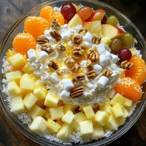 Here are the main ingredients you need to make Ambrosia Salad: - 1 cup mini marshmallows - 1 cup shredded coconut - 1 cup pineapple chunks (fresh or canned, drained) - 1 cup mandarin oranges (canned, drained) - 1 apple, diced (any variety) - 1/2 cup grapes, halved (red or green) - 1 cup whipped cream (or cool whip for a lighter option) - 1/2 teaspoon vanilla extract - 1 tablespoon honey (optional, for added sweetness) - Chopped nuts (such as walnuts or pecans) for garnish These ingredients create a sweet and fruity dish. The mini marshmallows add a soft texture. Shredded coconut gives a tropical flair. Pineapple chunks and mandarin oranges bring bright flavors. Diced apples add crunch, while halved grapes provide juiciness. Whipped cream binds everything together, making it creamy and delicious. You can also adjust the recipe to your taste. For example, use fresh fruits if you prefer. The honey is optional but adds a nice touch of sweetness. You can even skip the nuts if you want a nut-free version. For the full recipe, check out the section on instructions. Enjoy making this delightful dish! 1. Mixing the fruit ingredients Start by taking a large mixing bowl. Add the mini marshmallows, shredded coconut, pineapple chunks, mandarin oranges, diced apple, and halved grapes. Use a spatula to gently mix all the fruit. Make sure the pieces are well distributed. 2. Preparing the whipped cream mixture In a separate bowl, take the whipped cream. Add the vanilla extract and honey if you want it sweeter. Whisk until the mixture is fluffy and smooth. This adds a nice creamy texture to your salad. 3. Folding ingredients together Take the whipped cream mixture and gently fold it into the fruit mixture. Use a spatula and be careful not to mash the fruit. You want everything to be evenly coated, but the fruit should still hold its shape. 4. Chilling instructions Once everything is mixed, cover the bowl with plastic wrap. Place it in the fridge for at least 1 hour. This chilling time helps the flavors blend together nicely. Before serving, give it a gentle stir. Transfer the salad to a serving dish and top it with chopped nuts. This adds a lovely crunch. For the full recipe, refer back to the previous section. Recommended fruit combinations Use fresh or canned fruits for great taste. I love adding berries for a pop of color. You can mix in cherries, strawberries, or even bananas. These fruits add sweetness and a nice texture. Choose fruits that you enjoy and that balance well with the creamy base. Choosing the right whipped cream You can use fresh whipped cream or Cool Whip. Fresh whipped cream gives a rich taste. If you want a lighter option, Cool Whip works well. When using fresh cream, chill your bowl and beaters first. This helps it whip up well and stay fluffy. How to achieve the best texture The key is to fold gently. After mixing the fruits, add the whipped cream slowly. Use a spatula to fold, not stir. This keeps your fruits whole and the salad light. If you want more texture, add chopped nuts at the end. They add a nice crunch and flavor. Enjoy your delicious creation! For the full recipe, check the earlier section. {{image_2}} You can change up your ambrosia salad with different fruits. Try using berries, bananas, or even mango. Each fruit adds its own taste. I love adding strawberries for a fresh touch. Instead of whipped cream, you can use yogurt. Greek yogurt gives it a creamy feel without the extra calories. It also adds a slight tang. If you want a lighter option, use Cool Whip. It keeps the fluffiness while cutting back on fat. Want to make your ambrosia salad even better? Add some citrus zest. A bit of lime or orange zest brightens the flavors. It gives a nice twist to the sweetness. You can also incorporate spices like cinnamon or nutmeg. They add warmth and depth to the dish. Just a pinch can make a big difference. Experiment with these options and find your favorite mix! To keep your ambrosia salad fresh, store it in the fridge. Use an airtight container. This helps prevent the salad from drying out. The cool environment keeps the flavors vibrant. Your salad will stay fresh for about three days. After that, the fruits may start to lose their texture. If you notice any changes in smell or color, it's best to discard it. Freezing ambrosia salad is not ideal. The texture of the fruits and whipped cream may change. If you must freeze it, use a freezer-safe container. However, I recommend enjoying the salad fresh for the best taste. For the full recipe, check back to make your ambrosia salad at home. What is the origin of Ambrosia Salad? Ambrosia salad dates back to the Southern United States. It began as a dish for special occasions. The name "ambrosia" comes from Greek mythology. It refers to the food of the gods. This salad mixes fruits and sweet cream. It became a favorite at potlucks and holiday meals. Can I make Ambrosia Salad ahead of time? Yes, you can make Ambrosia salad ahead of time. It tastes better after sitting in the fridge for a bit. I recommend chilling it for at least one hour. This helps the flavors blend well. You can prepare it the day before an event for easy serving. Are there any allergens in this recipe? This recipe contains common allergens. It has dairy from whipped cream. Also, it includes nuts if you choose to add them. Be cautious with guests who have nut allergies. Always check for fruit allergies too, especially with citrus. How can I make it dairy-free? To make Ambrosia salad dairy-free, use coconut whipped cream. It gives a great taste and texture. Make sure your other ingredients are dairy-free too. This way, everyone can enjoy this tasty fruit delight! For the full recipe, check above. Ambrosia salad is a fun and tasty treat made with fresh fruit and creamy ingredients. I shared the key ingredients and simple steps for making it. You learned helpful tips to make it even better and discovered some unique variations. Remember, you can store it properly to keep it fresh. Enjoy your ambrosia salad at parties or as a sweet snack. With so many options, this dish is sure to please everyone. Get creative, and have fun making it your own!