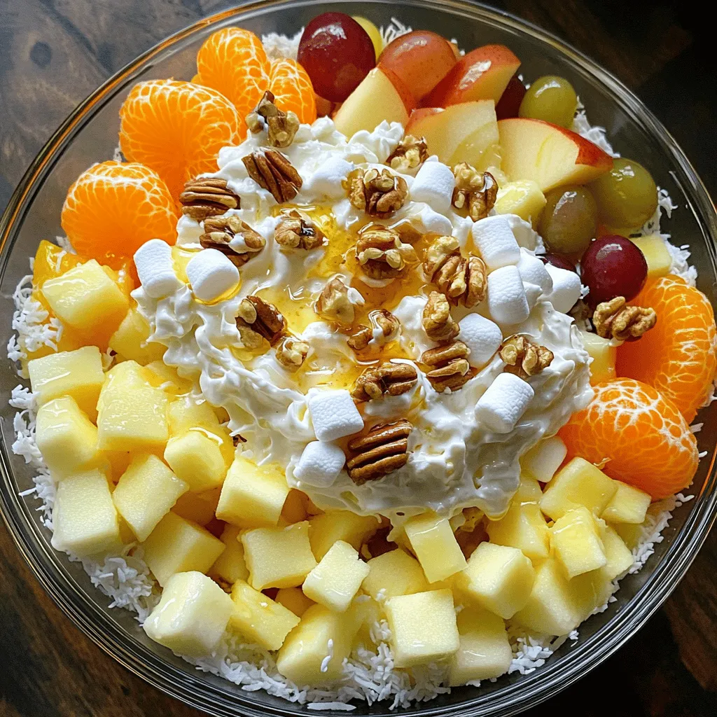 Here are the main ingredients you need to make Ambrosia Salad: - 1 cup mini marshmallows - 1 cup shredded coconut - 1 cup pineapple chunks (fresh or canned, drained) - 1 cup mandarin oranges (canned, drained) - 1 apple, diced (any variety) - 1/2 cup grapes, halved (red or green) - 1 cup whipped cream (or cool whip for a lighter option) - 1/2 teaspoon vanilla extract - 1 tablespoon honey (optional, for added sweetness) - Chopped nuts (such as walnuts or pecans) for garnish These ingredients create a sweet and fruity dish. The mini marshmallows add a soft texture. Shredded coconut gives a tropical flair. Pineapple chunks and mandarin oranges bring bright flavors. Diced apples add crunch, while halved grapes provide juiciness. Whipped cream binds everything together, making it creamy and delicious. You can also adjust the recipe to your taste. For example, use fresh fruits if you prefer. The honey is optional but adds a nice touch of sweetness. You can even skip the nuts if you want a nut-free version. For the full recipe, check out the section on instructions. Enjoy making this delightful dish! 1. Mixing the fruit ingredients Start by taking a large mixing bowl. Add the mini marshmallows, shredded coconut, pineapple chunks, mandarin oranges, diced apple, and halved grapes. Use a spatula to gently mix all the fruit. Make sure the pieces are well distributed. 2. Preparing the whipped cream mixture In a separate bowl, take the whipped cream. Add the vanilla extract and honey if you want it sweeter. Whisk until the mixture is fluffy and smooth. This adds a nice creamy texture to your salad. 3. Folding ingredients together Take the whipped cream mixture and gently fold it into the fruit mixture. Use a spatula and be careful not to mash the fruit. You want everything to be evenly coated, but the fruit should still hold its shape. 4. Chilling instructions Once everything is mixed, cover the bowl with plastic wrap. Place it in the fridge for at least 1 hour. This chilling time helps the flavors blend together nicely. Before serving, give it a gentle stir. Transfer the salad to a serving dish and top it with chopped nuts. This adds a lovely crunch. For the full recipe, refer back to the previous section. Recommended fruit combinations Use fresh or canned fruits for great taste. I love adding berries for a pop of color. You can mix in cherries, strawberries, or even bananas. These fruits add sweetness and a nice texture. Choose fruits that you enjoy and that balance well with the creamy base. Choosing the right whipped cream You can use fresh whipped cream or Cool Whip. Fresh whipped cream gives a rich taste. If you want a lighter option, Cool Whip works well. When using fresh cream, chill your bowl and beaters first. This helps it whip up well and stay fluffy. How to achieve the best texture The key is to fold gently. After mixing the fruits, add the whipped cream slowly. Use a spatula to fold, not stir. This keeps your fruits whole and the salad light. If you want more texture, add chopped nuts at the end. They add a nice crunch and flavor. Enjoy your delicious creation! For the full recipe, check the earlier section. {{image_2}} You can change up your ambrosia salad with different fruits. Try using berries, bananas, or even mango. Each fruit adds its own taste. I love adding strawberries for a fresh touch. Instead of whipped cream, you can use yogurt. Greek yogurt gives it a creamy feel without the extra calories. It also adds a slight tang. If you want a lighter option, use Cool Whip. It keeps the fluffiness while cutting back on fat. Want to make your ambrosia salad even better? Add some citrus zest. A bit of lime or orange zest brightens the flavors. It gives a nice twist to the sweetness. You can also incorporate spices like cinnamon or nutmeg. They add warmth and depth to the dish. Just a pinch can make a big difference. Experiment with these options and find your favorite mix! To keep your ambrosia salad fresh, store it in the fridge. Use an airtight container. This helps prevent the salad from drying out. The cool environment keeps the flavors vibrant. Your salad will stay fresh for about three days. After that, the fruits may start to lose their texture. If you notice any changes in smell or color, it's best to discard it. Freezing ambrosia salad is not ideal. The texture of the fruits and whipped cream may change. If you must freeze it, use a freezer-safe container. However, I recommend enjoying the salad fresh for the best taste. For the full recipe, check back to make your ambrosia salad at home. What is the origin of Ambrosia Salad? Ambrosia salad dates back to the Southern United States. It began as a dish for special occasions. The name "ambrosia" comes from Greek mythology. It refers to the food of the gods. This salad mixes fruits and sweet cream. It became a favorite at potlucks and holiday meals. Can I make Ambrosia Salad ahead of time? Yes, you can make Ambrosia salad ahead of time. It tastes better after sitting in the fridge for a bit. I recommend chilling it for at least one hour. This helps the flavors blend well. You can prepare it the day before an event for easy serving. Are there any allergens in this recipe? This recipe contains common allergens. It has dairy from whipped cream. Also, it includes nuts if you choose to add them. Be cautious with guests who have nut allergies. Always check for fruit allergies too, especially with citrus. How can I make it dairy-free? To make Ambrosia salad dairy-free, use coconut whipped cream. It gives a great taste and texture. Make sure your other ingredients are dairy-free too. This way, everyone can enjoy this tasty fruit delight! For the full recipe, check above. Ambrosia salad is a fun and tasty treat made with fresh fruit and creamy ingredients. I shared the key ingredients and simple steps for making it. You learned helpful tips to make it even better and discovered some unique variations. Remember, you can store it properly to keep it fresh. Enjoy your ambrosia salad at parties or as a sweet snack. With so many options, this dish is sure to please everyone. Get creative, and have fun making it your own!