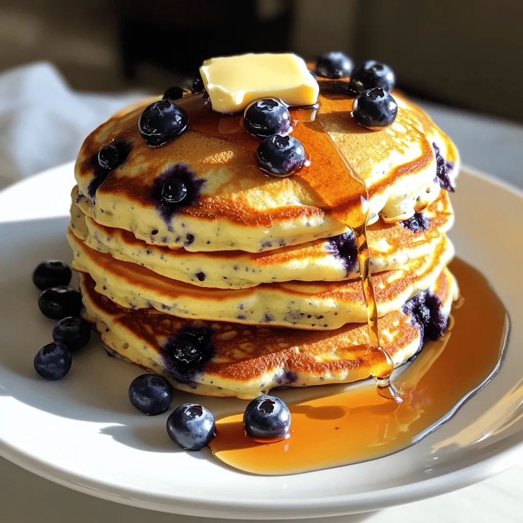 For the fluffiest blueberry pancakes, you will need: - 1 cup all-purpose flour - 2 tablespoons sugar - 2 teaspoons baking powder - 1/2 teaspoon baking soda - 1/4 teaspoon salt - 1 cup buttermilk (or make your own with 1 cup milk + 1 tablespoon lemon juice) - 1 large egg - 2 tablespoons unsalted butter, melted, plus more for cooking - 1 cup fresh blueberries (or frozen, thawed) - 1 teaspoon vanilla extract Each ingredient plays a vital role in achieving the perfect pancake. The flour gives structure, while the sugar adds sweetness. Baking powder and baking soda create air bubbles, making the pancakes light. Salt enhances flavor, and buttermilk adds moisture and tang. Eggs bind everything together, and melted butter makes them rich. You can swap some ingredients for better options. If you need a gluten-free pancake, use a gluten-free flour blend. If you want a dairy-free version, substitute buttermilk with a plant-based milk and lemon juice. When it comes to blueberries, fresh is best. They burst with juice and flavor when cooked. Frozen blueberries work too, but thaw them first. This helps keep your batter from turning blue. It is all about getting those lovely pops of flavor in each bite! For the full recipe, check out the details on how to bring these delicious pancakes to life. Start by mixing the dry ingredients. In a large bowl, add 1 cup of all-purpose flour, 2 tablespoons of sugar, 2 teaspoons of baking powder, 1/2 teaspoon of baking soda, and 1/4 teaspoon of salt. Use a whisk to blend everything well. Proper measurements are key for fluffiness. Too much flour can weigh down your pancakes. Always level off your measuring cup. Next, we prepare the wet ingredients. If you don't have buttermilk, you can make your own. Just mix 1 cup of milk with 1 tablespoon of lemon juice and let it sit for 5 minutes. In another bowl, combine the buttermilk, 1 large egg, 2 tablespoons of melted unsalted butter, and 1 teaspoon of vanilla extract. Mix until smooth, but do not overmix. This keeps the pancakes airy. Now it's time to cook! Preheat a non-stick skillet or griddle over medium heat. Lightly grease it with melted butter. Pour 1/4 cup of batter for each pancake. Cook until bubbles form on the surface, about 2-3 minutes. Watch for the edges to look set. When it's time to flip, do so gently. Cook the other side for 1-2 minutes until golden brown. Repeat with the remaining batter, adding more butter as needed. For the full recipe, refer to the section above. To make your pancakes fluffy, do not overmix the batter. Overmixing makes the pancakes dense. Stir the mixture gently until just combined. A few lumps are okay. This keeps the batter light and airy. Using room temperature ingredients is also key. Cold ingredients can lead to uneven cooking. For best results, let your eggs and buttermilk sit out for about 30 minutes before mixing. This simple step makes a big difference. Choose the right skillet or griddle for cooking. A non-stick surface helps prevent sticking and ensures even cooking. I like to use a cast iron skillet for a nice golden finish. When it comes to fat, seasonal choices matter. In colder months, I prefer butter for its rich flavor. In warmer months, I often use oil, as it has a higher smoke point. This can help you avoid burning your pancakes. Serving pancakes well makes them even more enjoyable. Stack them on a plate and sprinkle extra blueberries on top. A drizzle of warm maple syrup adds a sweet touch. You can also pair your pancakes with toppings like whipped cream, yogurt, or nuts. For a twist, try adding lemon zest or a sprinkle of cinnamon for extra flavor. For the complete recipe, check out the Full Recipe. {{image_2}} You can change up the flavor of your pancakes with different fruits. Raspberries, strawberries, or blackberries work great. Each fruit adds its own taste and sweetness. You can even mix several berries for a fun twist! Besides berries, consider using banana slices or diced apples. Both fruits add moisture and a unique taste. For an extra zing, try adding lemon zest or a sprinkle of cinnamon. These small changes can make your breakfast more exciting. If you need gluten-free pancakes, you can swap all-purpose flour for a gluten-free blend. Look for one that contains xanthan gum. This helps keep the pancakes fluffy and holds them together. For a vegan version, replace the egg with a flaxseed or chia seed mix. Use plant-based milk, like almond or oat milk, instead of buttermilk. You can also use coconut oil instead of butter. These options keep your pancakes light and delicious while catering to different diets. For the full recipe, check out the earlier section. To keep your blueberry pancakes fresh, store them in an airtight container. If you have leftovers, cool them first. Then, place them in the container. You can refrigerate them for up to three days. If you want to save them longer, freeze the pancakes. Place parchment paper between each pancake. This prevents them from sticking together. Put them in a freezer-safe bag or container. They will stay good for about two months. To reheat your pancakes, use a toaster or microwave. For the toaster, set it to medium. Toast until warm and crispy. If using the microwave, heat them for 30 seconds. Check if they need more time. Make sure they are hot all the way through for the best texture. Blueberry pancakes last about three days in the fridge. In the freezer, they can last up to two months. Always check for any signs of spoilage. If they smell sour or have a weird color, toss them out. A good way to know if they are bad is by looking closely. Mold is a clear sign of spoilage. If you see any, do not eat them. Keeping track of how long they have been stored helps you enjoy them safely. Enjoy your pancakes while they are fresh and tasty. To make blueberry pancakes fluffier, avoid a few common mistakes. First, do not overmix the batter. Mixing too much makes pancakes dense. You want lumps in the batter; they help keep the pancakes light. Second, use fresh baking powder. Old baking powder loses its strength and won't help your pancakes rise. Lastly, make sure your skillet is hot. A hot pan cooks the pancakes nicely and gives them a fluffy texture. You can use regular milk, but it changes the texture. Buttermilk adds a nice tang and makes pancakes tender. If you don’t have buttermilk, you can make your own. Mix one cup of regular milk with one tablespoon of lemon juice. Let it sit for five minutes. This gives you a substitute that works well. Your pancakes will still be good, but buttermilk makes them extra special. Blueberry pancakes pair well with many tasty sides. You can serve them with maple syrup for sweetness. Fresh whipped cream adds a nice touch too. Try adding sliced strawberries or bananas on the side for extra fruit. A sprinkle of powdered sugar also looks nice. For a protein boost, serve with crispy bacon or sausage. These sides make a complete breakfast meal. Enjoy your delicious pancakes! To make fluffy blueberry pancakes, start with fresh ingredients and precise measurements. Mixing dry and wet items correctly is key. Don't overmix your batter for the best fluff. Use the right cooking surface and temperature to get golden pancakes. You can try different fruits or adapt the recipe for dietary needs. Store leftovers properly to maintain freshness. These tips ensure a delicious pancake experience. Enjoy your cooking and happy eating!