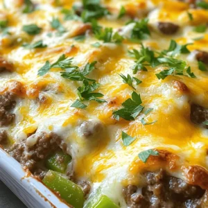 - 1 lb ground beef - 1 green bell pepper, sliced - 1 yellow onion, sliced - 2 cloves garlic, minced - 8 oz cream cheese, softened - 2 cups shredded provolone cheese To make this cheesy low carb Philly cheesesteak casserole, you need ground beef as the base. Use fresh bell peppers and onions for a sweet crunch. Cream cheese adds a rich, creamy texture, while provolone cheese brings that melty goodness. - 1 cup beef broth - 1 teaspoon Worcestershire sauce - Salt and pepper to taste - 1 teaspoon Italian seasoning - 1/2 teaspoon paprika These seasonings enhance the flavor. Beef broth keeps the dish moist. Worcestershire sauce adds depth. Italian seasoning and paprika bring warmth and a hint of spice. Salt and pepper balance all the flavors. - Fresh parsley for garnish - Additional cheese types (optional) For a pop of color, sprinkle fresh parsley on top. You can also use other cheese types to change the flavor profile. Try mozzarella or cheddar for a fun twist. For the full recipe, check the details above. 1. Preheat the oven: Set your oven to 350°F (175°C). This step is key for a perfect bake. 2. Cook the meat: In a large skillet, brown 1 pound of ground beef over medium heat. It takes about 5-7 minutes. Drain any extra fat. 3. Sauté vegetables: Add 1 sliced green bell pepper, 1 sliced yellow onion, and 2 minced garlic cloves to the skillet. Cook until tender, around 3-4 minutes. 4. Mix in cream cheese and broth: Stir in 8 ounces of softened cream cheese and 1 cup of beef broth. Add 1 teaspoon of Worcestershire sauce, 1 teaspoon of Italian seasoning, and 1/2 teaspoon of paprika. Season with salt and pepper to taste. Mix until smooth. 5. Incorporate seasonings and cheese: Remove the skillet from heat and add in 1 cup of shredded provolone cheese. Mix until it melts slightly into the mixture. 6. Transfer to casserole dish: Pour the beef and cheese mix into a greased 9x13-inch casserole dish. Spread it out evenly. 7. Top with cheese: Sprinkle the remaining 1 cup of shredded provolone cheese on top of the casserole. 8. Bake: Place the dish in your preheated oven. Bake for 20-25 minutes until the cheese is bubbly and golden. Enjoy this cheesy low-carb dish right out of the oven! You can find the Full Recipe for more details. To brown ground beef effectively, start with a hot skillet. Use medium heat and break the meat into smaller pieces. This helps it cook evenly. Stir it often to ensure no bits stick to the pan. Drain any excess fat after cooking for a leaner dish. For melting cream cheese, make sure it is softened. You can leave it out at room temp for an hour or two. If you're short on time, microwave it for about 20 seconds. Then, mix it into the meat and veggies while everything is warm. This helps it melt smoothly without lumps. For a complete meal, serve this casserole with a side salad. A simple green salad with your favorite dressing works well. You can also add some steamed broccoli or cauliflower for extra veggies. Both add color and flavor without many carbs. Garnish the dish with fresh parsley for a nice touch. This adds a pop of color and a fresh taste. You can also sprinkle some extra provolone cheese on top just before serving for a cheesy finish. To keep it low-carb, focus on using lean ground beef. This reduces fat without sacrificing flavor. Stick to non-starchy veggies, like bell peppers and onions, to keep carbs low. You can also swap in cauliflower rice for extra bulk without the carbs. When adjusting daily nutrition, remember to balance meals. Pair this casserole with a high-fiber salad. This helps you feel full and satisfied. Drink plenty of water, too, as it aids digestion and helps with weight management. {{image_2}} If you want to mix things up, try different ingredients. For cream cheese, you can use sour cream or Greek yogurt. Both add creaminess but with different flavors. You might also enjoy using ricotta cheese for a smoother texture. For cheese choices, provolone is a classic, but mozzarella works too. Cheddar cheese can add a sharp kick. Feel free to combine these cheeses for a richer taste. When it comes to protein, ground beef is great, but you can swap it for ground turkey or chicken. Thinly sliced steak is another tasty option. This gives a more traditional Philly cheesesteak feel. Want to spice it up? Add some cayenne pepper or red pepper flakes for heat. A touch of smoked paprika can give it a smoky depth. You can also toss in veggies like mushrooms or spinach. They not only boost the flavor but also add nutrients. Just sauté them with the onions and peppers. Try adding a splash of hot sauce for an extra zing. This can really elevate the whole dish. If you're looking for a dairy-free option, use a dairy-free cream cheese. There are many brands available that taste great. For the cheese, try a dairy-free cheese blend. For a gluten-free option, make sure your Worcestershire sauce is gluten-free. Most brands are, but it’s good to double-check the label. You can serve this casserole with a side salad for a complete meal without any gluten. This dish can adapt to many dietary needs while still being delicious. To keep your cheesy low carb Philly cheesesteak casserole fresh, cool it first. Then, place it in an airtight container. Refrigerate it for up to four days. When you're ready to eat, reheat portions in the microwave. You can also warm it in the oven at 350°F for about 15-20 minutes. This keeps the cheese nice and melty. The best storage containers are glass or BPA-free plastic. They seal tightly and are easy to clean. I recommend using smaller containers for individual servings. This helps with quick meal options. You can freeze the casserole for later. Let it cool completely before freezing. Wrap it tightly in plastic wrap and then in foil. This prevents freezer burn. Label it with the date and name for easy access. When you want to reheat from frozen, take it out of the freezer. Let it thaw in the fridge overnight. Then, bake it at 350°F for about 30-40 minutes. Cover it with foil for the first 20 minutes to keep it moist. In the fridge, the casserole lasts about four days. If you freeze it, it can stay good for up to three months. Always check for signs of spoilage before eating. Look for off smells, discoloration, or mold. If you see any of these, it’s best to throw it away. Enjoy your leftovers while they’re fresh! To make this casserole for more people, simply scale up the ingredients. - Use 1.5 lbs of ground beef for 8 servings. - Add 1.5 cups of cream cheese and cheese for extra creaminess. - Increase the veggies like bell peppers and onions to keep balance. - Adjust the beef broth to 1.5 cups to maintain flavor. This way, everyone gets a hearty portion of cheesy goodness. Yes, you can swap out provolone for other cheeses. - Cheddar adds a sharp flavor that many love. - Mozzarella gives a gooey texture. - Swiss cheese can add a nutty taste. You can even mix different cheeses for a unique twist! Pair this casserole with simple side dishes. - A fresh green salad adds crunch and color. - Steamed broccoli brings a healthy touch. - Cauliflower rice can keep it low-carb and filling. These sides will help round out your meal nicely. Absolutely! This casserole is great for meal prep. - Make it ahead of time and store it in the fridge. - Portion it into containers for easy lunches. - It reheats well in the microwave or oven. For best results, reheat until it's hot and bubbly. You can find the full recipe to guide your meal prep! This blog post gave you all you need to make a tasty casserole. We looked at ingredients like ground beef, cheeses, and seasonings. I shared easy steps for preparation, mixing, baking, and even tips for perfecting your dish. You can customize the recipe with different ingredients or make it fit special diets. Remember to store leftovers properly for later enjoyment. This dish is not just a meal; it's a warm, filling experience. Enjoy cooking and sharing this delicious recipe with others!