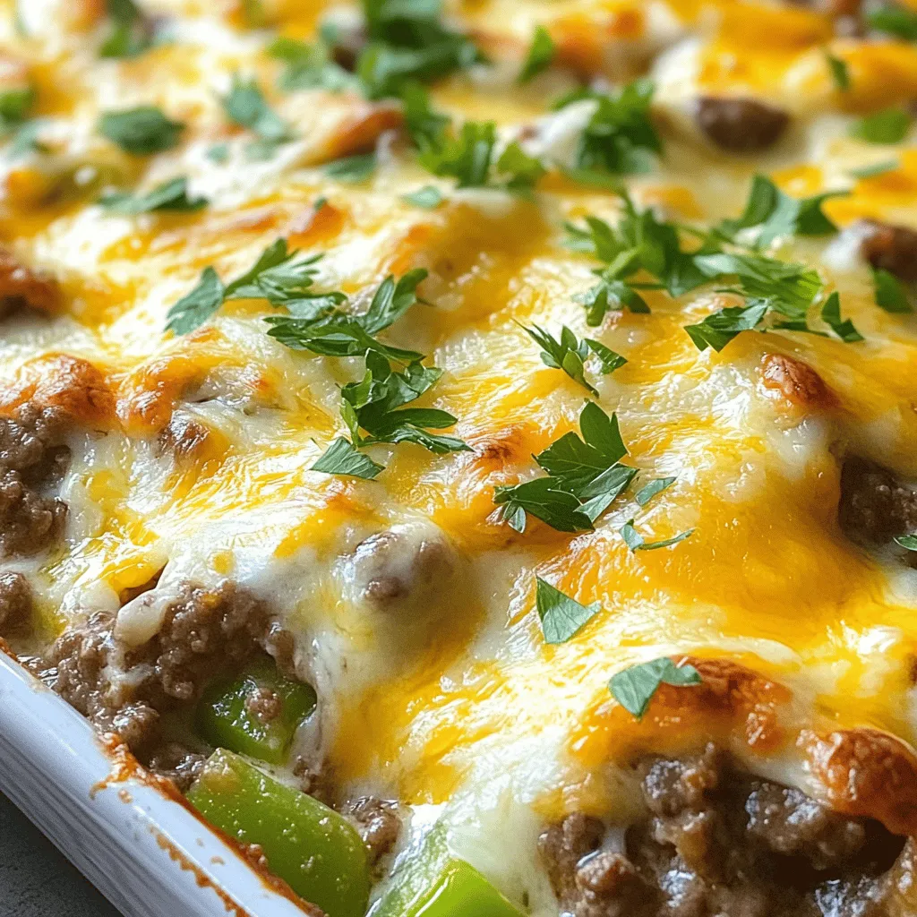 - 1 lb ground beef - 1 green bell pepper, sliced - 1 yellow onion, sliced - 2 cloves garlic, minced - 8 oz cream cheese, softened - 2 cups shredded provolone cheese To make this cheesy low carb Philly cheesesteak casserole, you need ground beef as the base. Use fresh bell peppers and onions for a sweet crunch. Cream cheese adds a rich, creamy texture, while provolone cheese brings that melty goodness. - 1 cup beef broth - 1 teaspoon Worcestershire sauce - Salt and pepper to taste - 1 teaspoon Italian seasoning - 1/2 teaspoon paprika These seasonings enhance the flavor. Beef broth keeps the dish moist. Worcestershire sauce adds depth. Italian seasoning and paprika bring warmth and a hint of spice. Salt and pepper balance all the flavors. - Fresh parsley for garnish - Additional cheese types (optional) For a pop of color, sprinkle fresh parsley on top. You can also use other cheese types to change the flavor profile. Try mozzarella or cheddar for a fun twist. For the full recipe, check the details above. 1. Preheat the oven: Set your oven to 350°F (175°C). This step is key for a perfect bake. 2. Cook the meat: In a large skillet, brown 1 pound of ground beef over medium heat. It takes about 5-7 minutes. Drain any extra fat. 3. Sauté vegetables: Add 1 sliced green bell pepper, 1 sliced yellow onion, and 2 minced garlic cloves to the skillet. Cook until tender, around 3-4 minutes. 4. Mix in cream cheese and broth: Stir in 8 ounces of softened cream cheese and 1 cup of beef broth. Add 1 teaspoon of Worcestershire sauce, 1 teaspoon of Italian seasoning, and 1/2 teaspoon of paprika. Season with salt and pepper to taste. Mix until smooth. 5. Incorporate seasonings and cheese: Remove the skillet from heat and add in 1 cup of shredded provolone cheese. Mix until it melts slightly into the mixture. 6. Transfer to casserole dish: Pour the beef and cheese mix into a greased 9x13-inch casserole dish. Spread it out evenly. 7. Top with cheese: Sprinkle the remaining 1 cup of shredded provolone cheese on top of the casserole. 8. Bake: Place the dish in your preheated oven. Bake for 20-25 minutes until the cheese is bubbly and golden. Enjoy this cheesy low-carb dish right out of the oven! You can find the Full Recipe for more details. To brown ground beef effectively, start with a hot skillet. Use medium heat and break the meat into smaller pieces. This helps it cook evenly. Stir it often to ensure no bits stick to the pan. Drain any excess fat after cooking for a leaner dish. For melting cream cheese, make sure it is softened. You can leave it out at room temp for an hour or two. If you're short on time, microwave it for about 20 seconds. Then, mix it into the meat and veggies while everything is warm. This helps it melt smoothly without lumps. For a complete meal, serve this casserole with a side salad. A simple green salad with your favorite dressing works well. You can also add some steamed broccoli or cauliflower for extra veggies. Both add color and flavor without many carbs. Garnish the dish with fresh parsley for a nice touch. This adds a pop of color and a fresh taste. You can also sprinkle some extra provolone cheese on top just before serving for a cheesy finish. To keep it low-carb, focus on using lean ground beef. This reduces fat without sacrificing flavor. Stick to non-starchy veggies, like bell peppers and onions, to keep carbs low. You can also swap in cauliflower rice for extra bulk without the carbs. When adjusting daily nutrition, remember to balance meals. Pair this casserole with a high-fiber salad. This helps you feel full and satisfied. Drink plenty of water, too, as it aids digestion and helps with weight management. {{image_2}} If you want to mix things up, try different ingredients. For cream cheese, you can use sour cream or Greek yogurt. Both add creaminess but with different flavors. You might also enjoy using ricotta cheese for a smoother texture. For cheese choices, provolone is a classic, but mozzarella works too. Cheddar cheese can add a sharp kick. Feel free to combine these cheeses for a richer taste. When it comes to protein, ground beef is great, but you can swap it for ground turkey or chicken. Thinly sliced steak is another tasty option. This gives a more traditional Philly cheesesteak feel. Want to spice it up? Add some cayenne pepper or red pepper flakes for heat. A touch of smoked paprika can give it a smoky depth. You can also toss in veggies like mushrooms or spinach. They not only boost the flavor but also add nutrients. Just sauté them with the onions and peppers. Try adding a splash of hot sauce for an extra zing. This can really elevate the whole dish. If you're looking for a dairy-free option, use a dairy-free cream cheese. There are many brands available that taste great. For the cheese, try a dairy-free cheese blend. For a gluten-free option, make sure your Worcestershire sauce is gluten-free. Most brands are, but it’s good to double-check the label. You can serve this casserole with a side salad for a complete meal without any gluten. This dish can adapt to many dietary needs while still being delicious. To keep your cheesy low carb Philly cheesesteak casserole fresh, cool it first. Then, place it in an airtight container. Refrigerate it for up to four days. When you're ready to eat, reheat portions in the microwave. You can also warm it in the oven at 350°F for about 15-20 minutes. This keeps the cheese nice and melty. The best storage containers are glass or BPA-free plastic. They seal tightly and are easy to clean. I recommend using smaller containers for individual servings. This helps with quick meal options. You can freeze the casserole for later. Let it cool completely before freezing. Wrap it tightly in plastic wrap and then in foil. This prevents freezer burn. Label it with the date and name for easy access. When you want to reheat from frozen, take it out of the freezer. Let it thaw in the fridge overnight. Then, bake it at 350°F for about 30-40 minutes. Cover it with foil for the first 20 minutes to keep it moist. In the fridge, the casserole lasts about four days. If you freeze it, it can stay good for up to three months. Always check for signs of spoilage before eating. Look for off smells, discoloration, or mold. If you see any of these, it’s best to throw it away. Enjoy your leftovers while they’re fresh! To make this casserole for more people, simply scale up the ingredients. - Use 1.5 lbs of ground beef for 8 servings. - Add 1.5 cups of cream cheese and cheese for extra creaminess. - Increase the veggies like bell peppers and onions to keep balance. - Adjust the beef broth to 1.5 cups to maintain flavor. This way, everyone gets a hearty portion of cheesy goodness. Yes, you can swap out provolone for other cheeses. - Cheddar adds a sharp flavor that many love. - Mozzarella gives a gooey texture. - Swiss cheese can add a nutty taste. You can even mix different cheeses for a unique twist! Pair this casserole with simple side dishes. - A fresh green salad adds crunch and color. - Steamed broccoli brings a healthy touch. - Cauliflower rice can keep it low-carb and filling. These sides will help round out your meal nicely. Absolutely! This casserole is great for meal prep. - Make it ahead of time and store it in the fridge. - Portion it into containers for easy lunches. - It reheats well in the microwave or oven. For best results, reheat until it's hot and bubbly. You can find the full recipe to guide your meal prep! This blog post gave you all you need to make a tasty casserole. We looked at ingredients like ground beef, cheeses, and seasonings. I shared easy steps for preparation, mixing, baking, and even tips for perfecting your dish. You can customize the recipe with different ingredients or make it fit special diets. Remember to store leftovers properly for later enjoyment. This dish is not just a meal; it's a warm, filling experience. Enjoy cooking and sharing this delicious recipe with others!