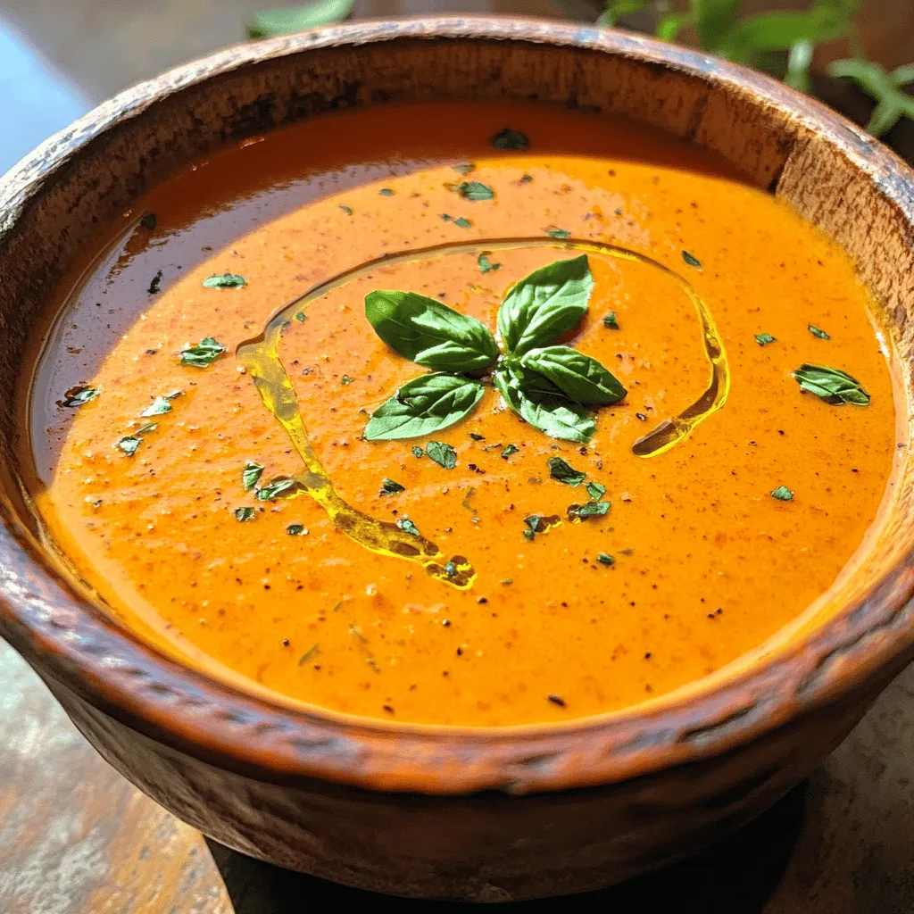 - 8 ripe tomatoes, halved - 1 head of garlic - 2 tablespoons olive oil - 1 medium onion, diced To create a perfect creamy roasted garlic tomato soup, we start with fresh and ripe ingredients. The tomatoes bring sweetness and depth. A whole head of garlic adds a rich, roasted flavor. Olive oil helps the flavors meld together, while the onion adds a savory base. - 1 teaspoon dried basil - 1 teaspoon dried oregano - Salt and pepper to taste Herbs play a key role in this recipe. Dried basil and oregano add warmth and aroma. Salt and pepper enhance all the flavors. These simple seasonings transform the soup into a comforting dish. - 3 cups vegetable broth - 1 cup heavy cream (or coconut cream for a dairy-free version) - Fresh basil leaves for garnish For a smooth and creamy texture, use vegetable broth and heavy cream. If you prefer dairy-free, coconut cream works well. Fresh basil leaves add a pop of color and a fresh taste to the soup. You can find the full recipe for more details on cooking steps. - Preheat the oven to 400°F (200°C). - Prepare tomatoes and garlic for roasting. First, I preheat the oven. This step is key for getting the right flavor. Next, I prepare my tomatoes. I cut them in half and place them on a baking sheet. I take a head of garlic, cut the top off, and add it to the sheet too. This helps the garlic roast well. I drizzle some olive oil over the tomatoes and garlic. A sprinkle of salt and pepper adds great flavor. - Roast tomatoes and garlic in the oven. - Sauté onions until translucent. Now, I put the baking sheet in the oven. I roast the tomatoes and garlic for about 30-35 minutes. I want the tomatoes to caramelize and the garlic to soften. While they roast, I heat a large pot on medium heat. I add diced onion to this pot and sauté it until it turns translucent. This usually takes around 5 minutes. The smell is wonderful! - Combine roasted ingredients with seasonings. - Blend the soup and finish with cream. Once the tomatoes and garlic are done, I take them out of the oven. I squeeze the soft garlic cloves into the pot with the onions. Next, I add the roasted tomatoes, dried basil, and oregano. I pour in the vegetable broth and bring it to a boil. After that, I lower the heat and let it simmer for 10-15 minutes. When it's ready, I blend the soup until it's smooth. I stir in the heavy cream, adjusting salt and pepper to taste. For the final touch, I warm it gently and serve it hot. You can find the Full Recipe above for more details. Caramelization adds deep flavor to your soup. It brings out the natural sweetness in tomatoes and garlic. To get this right, season your veggies well. Use salt and pepper generously. A drizzle of olive oil helps too. This ensures a rich, balanced taste. When blending, you have two main options: an immersion blender or a traditional blender. An immersion blender is easy to use and keeps your pot clean. If you use a traditional blender, blend in small batches to avoid splatter. To keep your soup creamy, blend until smooth, but don’t overdo it. You want a velvety texture, not a watery one. This soup pairs well with crusty bread. A grilled cheese sandwich is also a great choice. For toppings, consider a swirl of cream or a sprinkle of fresh herbs. Fresh basil leaves add a lovely touch and enhance the soup's aroma. You can find more ideas in the Full Recipe. {{image_2}} For a vegan twist, replace the heavy cream with coconut cream. This swap gives the soup a rich and creamy texture. If you want to add a cheesy flavor, consider including nutritional yeast. It adds depth and a hint of umami. To keep the soup gluten-free, check your broth and any seasonings. Some store-bought broths may contain gluten. You can easily adjust the recipe to ensure safe eating by using gluten-free broth and seasonings. This way, everyone can enjoy the soup without worry. Want to kick up the flavor? Add spices like cayenne or paprika. They bring warmth and a nice kick to each bite. You can also add fresh herbs, like thyme or parsley, at the end for a vibrant finish. These simple additions make each bowl even more delightful. For the full recipe, check out the details provided earlier. After you make the creamy roasted garlic tomato soup, let it cool first. Transfer the soup to an airtight container. This keeps it fresh and prevents spills. Store it in the fridge for up to four days. If you want to enjoy it longer, freezing is a great option. To freeze the soup, allow it to cool completely. Pour the soup into freezer bags or containers. Leave some space at the top, as liquids expand when frozen. You can freeze it for up to three months. When ready to eat, thaw it overnight in the fridge. Reheat the soup slowly on the stove over low heat. This helps maintain its creamy texture. Stir it often to prevent sticking. If the soup seems too thick, add a splash of broth or water. Taste before serving and adjust the seasoning as needed. Enjoy your delicious soup like new! For the full recipe, check out the section above. Yes, you can make this soup ahead of time. It tastes even better the next day. Just store it in an airtight container in the fridge. Reheat it on the stove when you’re ready to serve. To add heat, try these options: - Add a pinch of red pepper flakes. - Stir in some diced jalapeños. - Mix in a splash of hot sauce. These will give your soup a nice kick without overpowering the tomato flavor. Ripe tomatoes work best for this soup. Here are a few great options: - Roma tomatoes for their rich flavor. - Beefsteak tomatoes for their juiciness. - Cherry tomatoes for added sweetness. Using fresh, ripe tomatoes enhances the soup's taste and texture. You can use fresh garlic, but it will change the taste. Roasting garlic makes it sweet and creamy. If you use fresh, add it when you sauté the onions. Be careful not to burn it, as fresh garlic can taste bitter when overcooked. This blog post covered how to make a tasty tomato soup. We reviewed the key ingredients, from ripe tomatoes to fresh herbs. I shared step-by-step cooking directions for easy preparation. Tips on roasting and blending help boost flavor and texture. We also explored variations, like vegan options and gluten-free tips. Finally, I explained how to store your soup for future enjoyment. With these methods, you can create a delicious soup every time. Dive into your kitchen and enjoy making this hearty dish!
