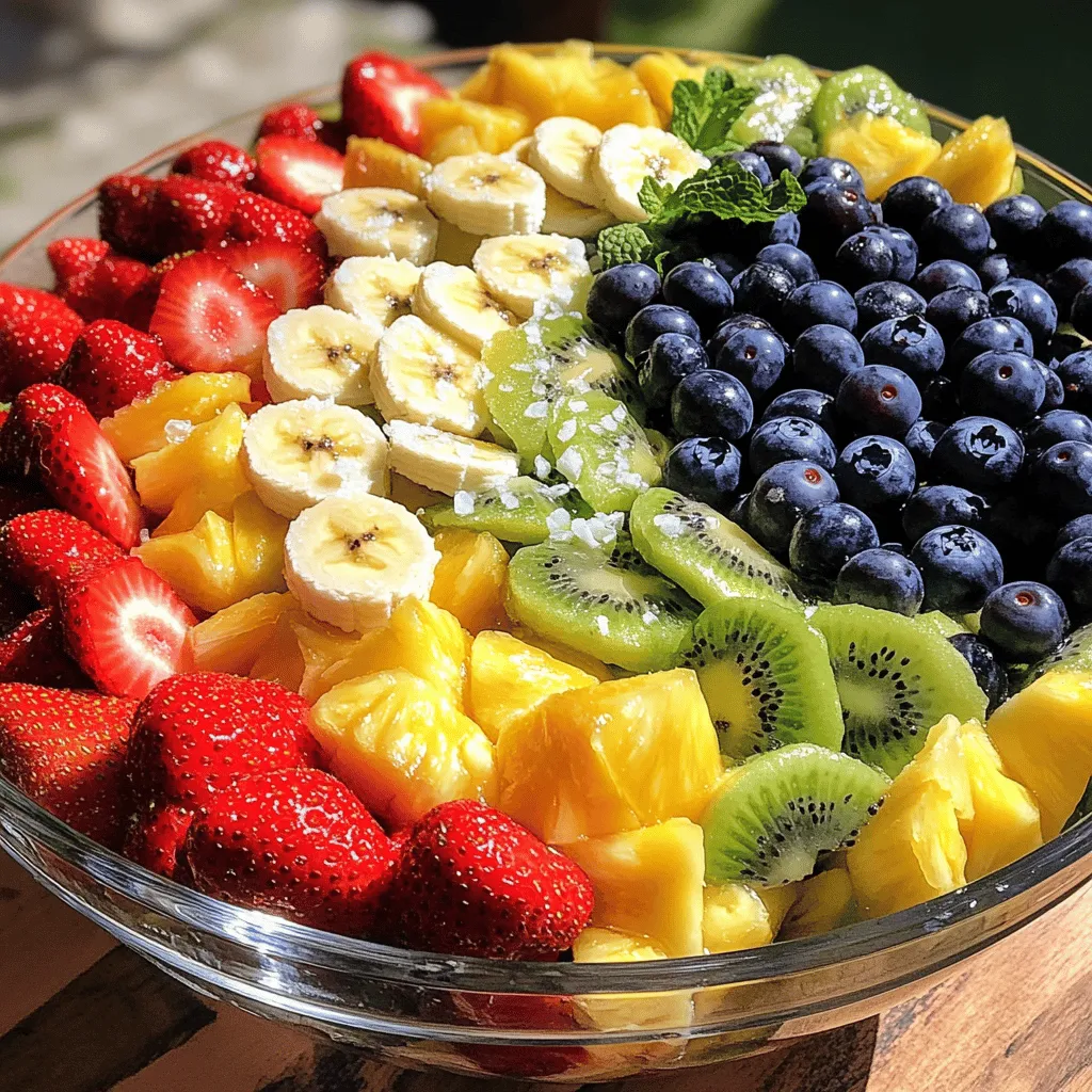 - Fresh strawberries - Ripe pineapple - Blueberries - Kiwi - Banana - Honey - Fresh lime juice - Lime zest - Sea salt - Fresh mint leaves To make a great fruit salad, you need fresh and colorful fruits. Start with fresh strawberries. Look for bright red ones without any bruises. Next, use ripe pineapple, which adds sweetness. Blueberries bring a burst of flavor and color. Kiwi adds a unique taste and vibrant green. Finally, bananas provide creaminess. Choose bananas that are yellow with a few spots. For the honey lime dressing, you need just a few simple ingredients. Honey adds natural sweetness. Fresh lime juice gives it a zesty kick. Lime zest adds more flavor and aroma. A pinch of sea salt balances the sweetness. If you want to elevate your salad, consider adding fresh mint leaves. They add a nice touch and a refreshing taste. You can find the complete recipe with all the details [Full Recipe]. Start by washing all your fruits. For strawberries, hull them and slice them into thin pieces. For the pineapple, remove the skin and core, then dice it into small chunks. Next, rinse the blueberries and set them aside. Peel the kiwi and slice it into rounds. Lastly, slice the banana into coins. Once all your fruits are prepped, take a large mixing bowl. Gently combine the strawberries, pineapple, blueberries, kiwi, and banana in the bowl. Mix them carefully so they stay whole and look pretty. In a small bowl, add two tablespoons of honey. Then, squeeze in two tablespoons of fresh lime juice. Next, add the lime zest and a pinch of sea salt. Use a whisk to blend these ingredients together until smooth. If the dressing is too thick, add a tiny bit of water to loosen it up. Keep whisking until the dressing feels just right. A smooth, pourable consistency works best for drizzling. Now, drizzle the honey lime dressing over the mixed fruit. Use a large spoon to gently toss everything together. Be careful not to mash the fruit while mixing. You want those vibrant pieces to stay intact. After tossing, let the salad rest for about 10 minutes. This resting time allows the flavors to mix and makes each bite burst with taste. Enjoy your deliciously fresh fruit salad with honey lime dressing! For the full recipe, check the details above. To make a great fruit salad, choose ripe fruits. Look for bright colors and a pleasant smell. For strawberries, pick ones that are deep red. They should be firm, not mushy. When selecting pineapple, it should feel heavy for its size and have a sweet aroma. Blueberries should be plump and have a deep blue color. For kiwi, choose those that yield slightly to pressure. Bananas should be yellow with a few brown spots for the best flavor. Seasonal fruits can add unique flavors. In spring, use strawberries and cherries. Summer is perfect for peaches and melons. Fall brings apples and pears, while winter allows for citrus fruits like oranges and grapefruits. You can boost the flavor of your salad with extra ingredients. Consider adding a pinch of cinnamon or a splash of vanilla extract for depth. A touch of ginger can bring warmth and spice. Fresh herbs like basil or cilantro can add a surprising twist. To meld flavors, let the salad sit for a bit. Ten minutes is a good time to let the fruits soak in the honey lime dressing. This resting time helps all the tastes blend together nicely. Fruit salad is great for many occasions. Serve it at picnics, barbecues, or brunches. It’s a refreshing side dish for any meal. You can also use it as a healthy dessert. For presentation, use a clear bowl to show off the colorful fruits. Garnish with extra mint leaves on top. To keep it fresh, serve the salad cold. Refrigerate it for about 30 minutes before serving. This way, everyone enjoys it at its best! You can find the full recipe for this refreshing dish [here](#). {{image_2}} For a tropical twist, use fruits like mango, papaya, and coconut. These fruits add sweetness and a fun texture. You can also sprinkle some shredded coconut on top for extra flair. To adjust the dressing, keep the honey and lime juice but add a splash of orange juice. This change brightens the flavors and matches tropical fruits well. If you love berries, try adding raspberries or blackberries to your salad. These berries add a nice tang and color. You can replace some of the blueberries with these berries for a fresh take. For the dressing, you might want to use less honey since berries are sweet. This keeps the salad balanced. Want to make your fruit salad more filling? Add some yogurt or nuts. Greek yogurt gives a creamy texture and protein boost. If you prefer nuts, almonds or walnuts add crunch. They also enhance the nutritional value. You can mix in yogurt right before serving or sprinkle nuts on top for added flavor and fun. For the full recipe, check out the Fruit Fiesta Salad ! After you enjoy your fruit salad, store any leftovers in the fridge. Use an airtight container to keep the flavors fresh. The fruit salad can stay good for about 2-3 days. However, it tastes best within the first day. If you want to freeze the fruit, do so before mixing. Cut the fruits into small pieces. Lay them flat on a baking sheet to freeze individually. Once frozen, transfer them to a freezer bag. When you defrost, let the fruit sit in the fridge overnight. This keeps it nice and soft for serving. Some fruits brown quickly, like bananas and apples. To prevent this, use citrus juice on them before mixing. This keeps your salad looking bright and fresh. You can also add fresh mint leaves for a pop of color. Yes, you can make the honey lime dressing ahead of time. Mix the honey, lime juice, and zest in a small bowl. Store it in a jar in the fridge. This way, the flavors can blend well. Just give it a quick stir before you use it. Some fruits do not mix well in a salad. Avoid using bananas and apples with strong citrus fruits. Bananas can brown fast, and apples can turn soggy. Also, avoid fruits that release too much juice, like watermelon. This can make the salad watery. To add more color and texture, try using a mix of fruits. You can add pomegranate seeds or orange segments for bright colors. Consider using different textures too. For example, add crunchy nuts or creamy yogurt on top. This will make your salad more appealing and tasty. This fruit salad is a fresh and tasty choice that brightens any meal. You learned about selecting ripe fruits and making a sweet honey lime dressing. We discussed fun variations and served tips. Keep your salad colorful, and enjoy it at parties or quiet evenings. Remember to store leftovers properly to keep them fresh. You can make this dish in advance, ensuring a quick treat ready to serve. Try these ideas for a delightful fruit salad and impress family and friends. Enjoy making and sharing this refreshing dish!
