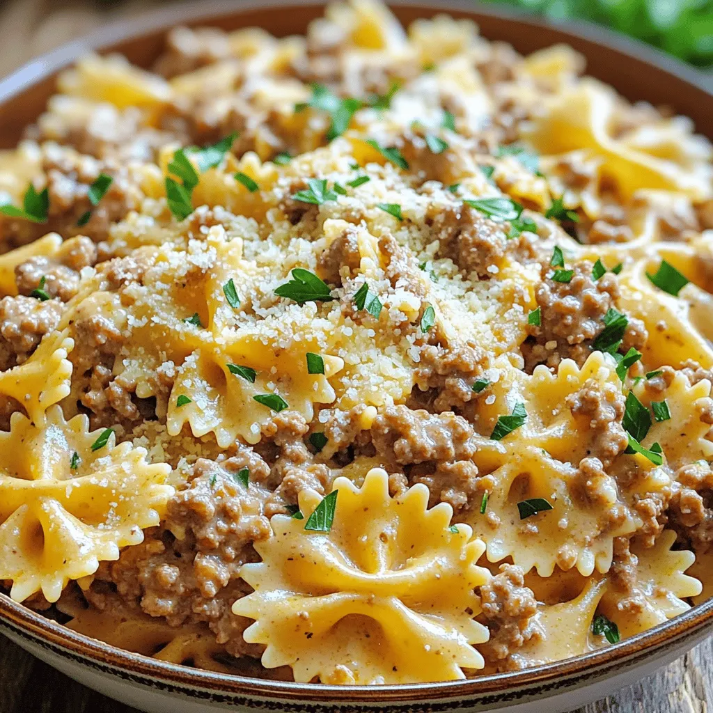 - 8 oz bowtie pasta - 1 lb ground beef - 1 cup heavy cream These main ingredients create the base of the dish. The bowtie pasta gives a fun shape and holds the sauce well. Ground beef adds rich flavor and protein. Heavy cream makes the sauce creamy and smooth. - 4 cloves garlic, minced - 1 cup grated Parmesan cheese - 1 teaspoon Italian seasoning Garlic brings a strong, savory taste to the dish. Parmesan cheese adds a salty, nutty flavor that enhances the creaminess. Italian seasoning blends herbs, boosting the meal's overall taste. - 2 tablespoons olive oil - Salt and pepper to taste Olive oil helps brown the beef and adds healthy fats. Salt and pepper are essential for flavor balance. You can adjust these to suit your taste. For the full recipe, check the details above. - Boil Water and Cook: Start by filling a large pot with water. Add a pinch of salt and bring it to a rolling boil. Once the water is boiling, add the bowtie pasta. Cook it according to the package instructions until it is al dente. This usually takes about 8-10 minutes. - Drain and Set Aside: After cooking, carefully drain the pasta in a colander. Give it a quick rinse under cold water to stop the cooking process, and then set it aside while you prepare the beef and sauce. - Prepare the Skillet: Next, grab a large skillet. Place it on medium heat. Add the olive oil and let it warm up for a minute. - Cooking Process: Add the ground beef to the skillet. Use a spatula to break it apart. Cook it for about 5-7 minutes until it turns brown and no pink remains. This step builds a deep flavor base for your dish. - Adding Broth and Cream: Once the beef is browned, toss in the minced garlic and sauté for 1-2 minutes until fragrant. Then, pour in the beef broth. Bring the mixture to a gentle simmer. - Incorporating Parmesan: Stir in the heavy cream and Italian seasoning. Let it simmer for 3-4 minutes until the sauce thickens a bit. Finally, add the grated Parmesan cheese slowly. Stir continuously until it melts and blends into a creamy sauce. Now, season with salt and pepper to taste. This step-by-step guide ensures you create a creamy and delicious sauce to coat your pasta perfectly. Check out the Full Recipe for all the details! - The Role of Heavy Cream: Heavy cream is key for a rich texture. It gives the sauce that smooth, creamy feel. Use fresh heavy cream for the best results. - Importance of Parmesan Quality: High-quality Parmesan cheese makes a big difference. Freshly grated cheese melts better and adds a deeper flavor. Avoid pre-grated cheese for the best taste. - Suggested Additions: You can add mushrooms or spinach for extra flavor and color. These ingredients blend well with the creamy sauce. - Adjusting Seasoning to Taste: Taste your sauce and adjust the seasoning as needed. More salt or pepper can enhance the dish. Adding a pinch of red pepper flakes adds a nice kick too. - Best Practices for Browning Meat: Use medium heat when browning the beef. This helps develop flavor and keeps the meat juicy. Stir often to cook evenly. - Timing for Adding Ingredients: Add garlic after the beef is browned. This prevents the garlic from burning and keeps its bright flavor. Add the cream and broth after the garlic for a smooth sauce. For more details, check the Full Recipe. {{image_2}} Using Chicken or Turkey You can swap ground beef for chicken or turkey. Both options work great. They add a lighter taste. Simply cook them the same way as the beef. Make sure they are fully cooked before adding the garlic and broth. Vegetarian Option Ideas For a vegetarian dish, use mushrooms or lentils. Both can replace the meat. Sauté the mushrooms until they are soft. If using lentils, cook them separately and mix them in with the sauce. Options for Different Pasta Types Bowtie pasta is fun, but you can use others. Penne or fusilli work well too. They hold the sauce nicely. Just keep an eye on cooking times. Cooking Time Adjustments Different pasta shapes may cook faster or slower. Always check package instructions. Make sure you taste for doneness before draining. This way, you can avoid mushy pasta. Adding Spices for Heat Want to spice it up? Add some red pepper flakes. They give a nice kick. Start with a small amount and adjust to your taste. Incorporating Different Cheeses Parmesan is a star, but try others too! Grated mozzarella or pecorino can add depth. Mix them with the sauce for a creamy blend. You can even sprinkle some on top for extra flavor. For the full recipe, refer to the main section. Store your creamy Parmesan garlic beef bowtie pasta in airtight containers. This keeps it fresh. It lasts up to three days in the fridge. Before serving, check for any off smells or changes in texture. To freeze, let the pasta cool first. Place it in a freezer-safe container. It can last up to three months in the freezer. For best results, divide it into meal-sized portions. When you’re ready to eat, thaw it overnight in the fridge. Reheat in a skillet over low heat. Add a splash of beef broth or cream to keep it moist and creamy. You can make this dish ahead of time. Cook the pasta and meat as directed. Store them separately to keep the pasta from getting soggy. When serving, combine and heat just what you need. This helps with portion control. You can also pack individual servings for easy lunches. For the full recipe, check out the steps I shared earlier. To make the sauce thicker, use a few simple tricks. First, let the sauce simmer longer. This will help reduce the liquid. You can also add a bit more Parmesan cheese. Cheese adds not just flavor but also thickness. If you want, mix a bit of cornstarch with water and stir it in. This will thicken the sauce quickly. Yes, you can use pre-cooked pasta. Just be careful with the cooking time. If the pasta is already cooked, you should only heat it in the sauce. This will help the flavors blend well. You may need less beef broth since pre-cooked pasta will not absorb as much liquid. This dish pairs well with several side options. A simple green salad is a great choice. It adds freshness and crunch. Garlic bread is another favorite. It complements the creamy sauce nicely. You could also serve steamed vegetables to add color and nutrients. Yes, you can make this recipe ahead of time. Just cook the pasta and sauce separately. Store them in the fridge for up to two days. When you are ready to eat, heat them together in a skillet. This will keep the pasta from being mushy. Enjoy your meal without stress. For the Full Recipe, check the earlier sections. In this blog post, we covered how to make Creamy Parmesan Garlic Beef Bowtie Pasta. You learned about the key ingredients, like bowtie pasta and ground beef. I shared cooking steps and tips for achieving extra creaminess. We also explored variations, including different proteins and pasta types. Remember, proper storage helps your dish stay fresh. With these tips, you can whip up a delicious meal and impress everyone. Enjoy experimenting with flavors and enjoy your cooking!