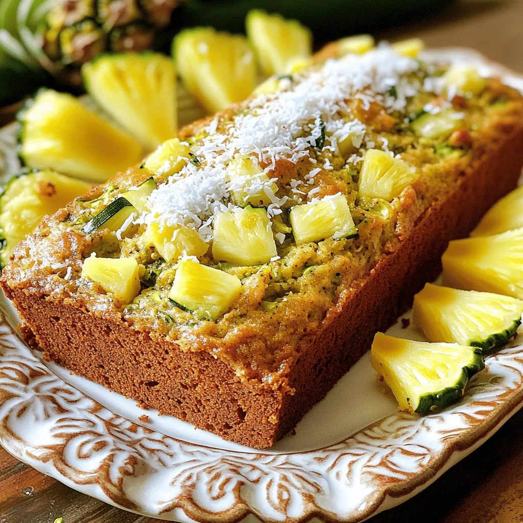 - 1 ½ cups grated zucchini (about 2 medium zucchini) - 1 cup crushed pineapple, drained (reserve juice) - 2 large eggs - ½ cup coconut oil, melted - 1 cup brown sugar - ½ cup granulated sugar - 1 teaspoon vanilla extract - 1 teaspoon coconut extract These ingredients make the base for our Pina Colada Zucchini Bread. The grated zucchini keeps the bread moist, while the crushed pineapple adds sweetness and a fruity flavor. Coconut oil gives a rich taste and binds everything together. The sugars enhance the sweetness, making each bite a delight. - 2 cups all-purpose flour - 1 teaspoon baking soda - ½ teaspoon baking powder - ½ teaspoon salt - 1 teaspoon ground cinnamon - ½ cup shredded coconut, unsweetened The dry ingredients are crucial. Flour provides structure, while baking soda and baking powder help the bread rise. Salt balances the flavors, and cinnamon adds warmth. The shredded coconut gives a fun texture and boosts the tropical vibe. - ½ cup chopped walnuts - Variations in sugar types You can add walnuts for crunch. They pair well with the soft bread. You might also swap the sugars. Brown sugar makes the bread richer, while granulated sugar keeps it light. Choose what you like for your own twist! Check out the Full Recipe for all the steps needed to create this delicious treat. - Preheat your oven to 350°F (175°C). - Grease a 9x5 inch loaf pan with cooking spray or line it with parchment paper. - In a large bowl, mix together the grated zucchini, drained crushed pineapple, and eggs. - Add melted coconut oil, brown sugar, granulated sugar, vanilla extract, and coconut extract. Stir until well blended. - In another bowl, whisk together the flour, baking soda, baking powder, salt, and ground cinnamon. - Gradually mix this dry blend into the wet ingredients. Stir gently until just combined. Avoid overmixing to keep it soft. - Pour the batter into the prepared loaf pan. Smooth the top with a spatula. - Bake for 60-70 minutes. Check for doneness around the 55-minute mark. A toothpick should come out clean. Enjoy your Pina Colada Zucchini Bread warm or at room temperature. For the full recipe, refer to the earlier sections. To make the best Pina Colada Zucchini Bread, focus on texture. First, avoid overmixing your batter. Overmixing makes the bread tough. Mix just until the flour blends into the wet ingredients. This keeps your bread light and airy. Another key point is ingredient temperature. Use room temperature eggs and melted coconut oil. This helps the batter mix evenly. Cold ingredients can cause lumps. Room temperature ingredients blend smoothly. When choosing pineapple, you can use fresh or canned. Fresh pineapple adds bright flavor. Canned pineapple is easier and has good taste, too. Just make sure to drain it well. Excess juice can make the bread soggy. You can also adjust the sweetness. Use brown sugar for a richer, deeper flavor. Granulated sugar gives a lighter sweetness. Feel free to mix the two for balance. Experiment with different sugar types to find your perfect blend. To serve your bread, slice it once it cools. Arrange the slices on a decorative platter. Add garnishes like extra shredded coconut and fresh pineapple wedges. This adds a fun tropical look. For extra sweetness, drizzle a coconut glaze on top. To make this glaze, mix powdered sugar with a little reserved pineapple juice. Just enough to create a smooth, pourable glaze. This glaze makes your bread look beautiful and taste even better. For the full recipe, check out the [Full Recipe]. {{image_2}} Want to add more fun to your Pina Colada Zucchini Bread? You can mix in some tropical fruits. Mango and banana work great. They add sweetness and a fruity twist. Just chop them into small pieces. Fold them in gently with the other ingredients. You can also try different nuts. Chopped macadamia nuts or pecans give a nice crunch. They fit the tropical theme and boost flavor. If you need gluten-free options, swap all-purpose flour for a gluten-free blend. Many brands work well in baking. Just make sure it has a good mix of starches and flours. For vegan versions, replace the eggs with flax eggs. Mix one tablespoon of flaxseed meal with three tablespoons of water. Let it sit for a few minutes until it thickens. You can also use applesauce instead of eggs for moisture. Baking doesn't have to be boring. You can make mini loaves or muffins instead of one big loaf. Adjust the baking time to about 20-25 minutes for muffins. Check them with a toothpick to see if they're done. If you want to try something new, use a slow cooker. Pour the batter into the greased pot. Cover it and cook on low for 2-3 hours. This method keeps the bread moist and tender. For the full recipe, check out the detailed instructions above. To keep your Pina Colada Zucchini Bread fresh, let it cool completely. Place it in an airtight container. You can also wrap it in plastic wrap. This step prevents the bread from drying out. If you have a lot of leftovers, consider slicing it first. This makes it easy to grab a piece later. You can freeze zucchini bread for later. Wrap it tightly in plastic wrap. Then place it in a freezer bag or container. This helps keep it fresh for up to three months. To thaw, move it to the fridge overnight. You can also heat it in the microwave for a quick snack. Pina Colada Zucchini Bread lasts about a week at room temperature. Store it in a cool, dry place. If you notice any mold or strange smells, it’s best to toss it. Always check for signs of spoilage before eating. Keeping your bread in the fridge can extend its shelf life by a few days. Yes, you can use frozen zucchini! First, thaw it completely. Drain excess water to prevent sogginess. Pat it dry with a paper towel. This keeps your bread from getting too wet. Check the bread at 55 minutes. Insert a toothpick into the center. If it comes out clean, the bread is done. If not, bake for another 5 to 10 minutes. Keep an eye on it to avoid overbaking. Absolutely! You can skip the walnuts if you prefer. For texture, try adding extra shredded coconut. You could also use chocolate chips for a fun twist. At room temperature, it lasts about 2 days. In the fridge, it can stay fresh for up to a week. Make sure to store it in an airtight container. This bread pairs well with tropical fruits. Try serving it with fresh pineapple or mango slices. A scoop of vanilla ice cream also adds a nice touch. For a drink, a coconut smoothie works great! Check out the full recipe for more ideas! In this blog post, we explored the key ingredients for making Pina Colada Zucchini Bread, including both wet and dry components. I shared step-by-step instructions to ensure your bread comes out perfectly. We discussed tips for achieving the right texture and enhancing flavors. Additionally, I offered variations, storage tips, and answered common questions. Remember, baking is meant to be fun, so don't hesitate to get creative with your ingredients. Enjoy your baking journey!