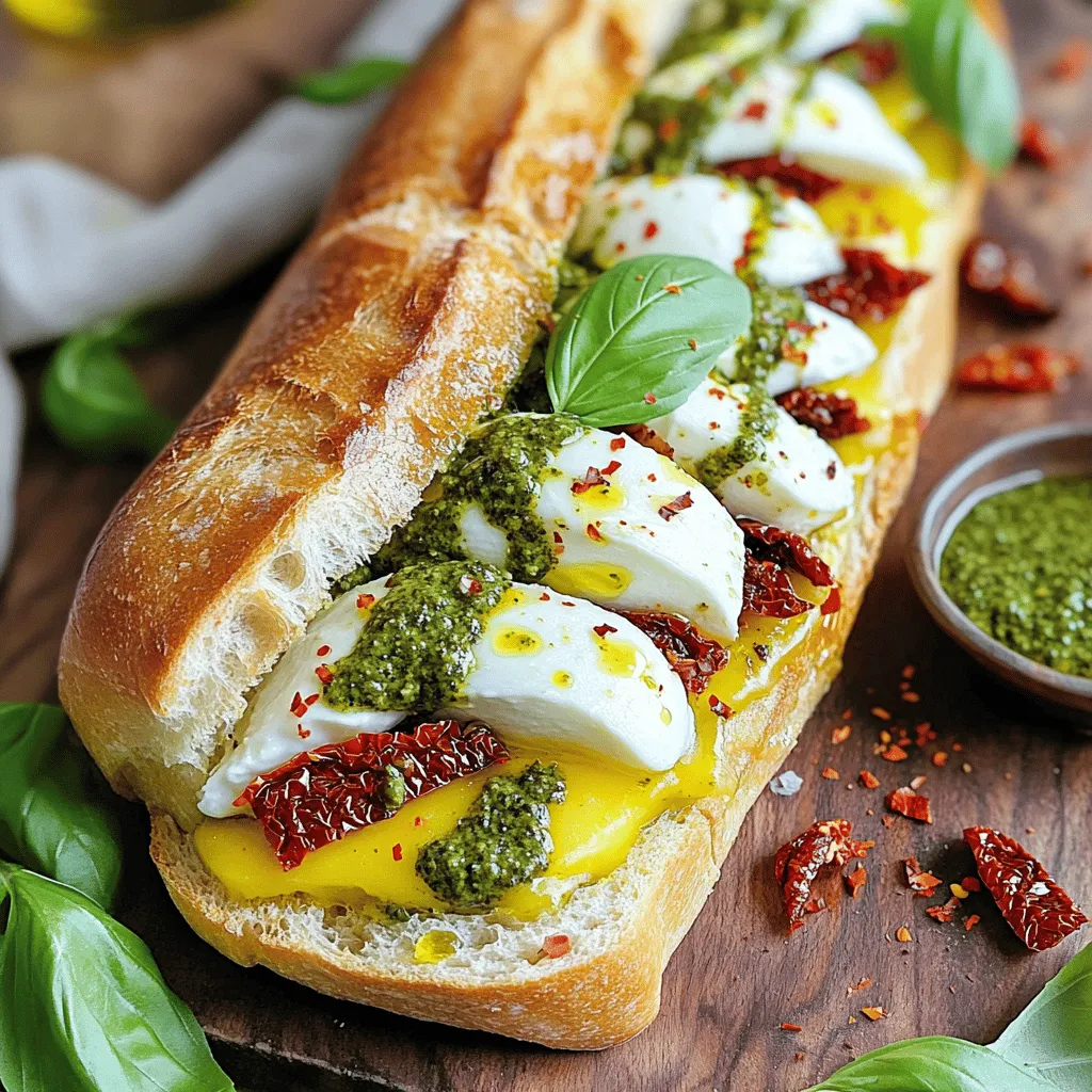 - 2 slices of sourdough bread - 1 cup fresh mozzarella cheese, sliced - 1/4 cup sun-dried tomatoes, chopped - 1/4 cup fresh basil leaves - 2 tablespoons pesto sauce - 2 tablespoons olive oil - Salt and pepper to taste - Optional: Red pepper flakes for added spice When making a grilled mozzarella sandwich, choosing the right bread is key. Sourdough is my favorite. It has a crusty outside and a soft inside. Look for a fresh loaf from a local bakery. For mozzarella, always go for fresh. Fresh mozzarella is soft, creamy, and melts beautifully. Regular mozzarella can dry out and lacks flavor. Sun-dried tomatoes add a sweet and tangy punch. They can vary in quality. Choose ones packed in oil; they are the best for flavor and texture. Using these quality ingredients will make your sandwich shine. For the full recipe, check the detailed cooking steps above. To start, heat a non-stick skillet over medium heat. This step is key for getting that perfect golden crust. While the skillet warms up, take your sourdough bread. Brush one side of each slice with olive oil. This oil side will turn crispy and delicious during cooking. Now, let’s build that tasty sandwich. Take one slice of bread, oiled side down. Spread the pesto sauce evenly on the un-oiled side. Next, layer the fresh mozzarella slices on top of the pesto. Add the chopped sun-dried tomatoes and fresh basil leaves. Sprinkle a pinch of salt and pepper. If you want some heat, add red pepper flakes here. Make sure to distribute the ingredients evenly. This helps every bite taste great. After layering, place the second slice of bread on top, with the oiled side facing out. It’s time to cook your sandwich! Place it carefully into the heated skillet. Let it grill for about 3-4 minutes. This gives the bread a lovely golden color. After that, gently flip the sandwich. Press it down slightly to ensure even cooking. Cook for another 3-4 minutes until the other side is golden and the mozzarella is nice and melty. Once done, remove it from the skillet. Let it sit for a minute before slicing. This helps the cheese set a bit. Enjoy your delicious grilled mozzarella sandwich! For the full recipe, check above. The right cheese temperature is key for a great melt. Cold cheese does not melt well. Let your mozzarella sit at room temp for about 15 minutes before cooking. This helps it get gooey and smooth. To achieve the perfect texture, slice the cheese thin. Thin slices melt more evenly and quickly. Spices can elevate your sandwich. Try adding a pinch of garlic powder for depth. A sprinkle of dried oregano also adds nice flavor. For extra kick, red pepper flakes are a great choice. They give that spicy zing while keeping it fun. Pair your sandwich with condiments like balsamic glaze or a zesty aioli. These add richness and a burst of flavor. Great sides make your meal even better. A simple side salad with fresh greens works well. Crispy potato chips add crunch and fun. For a nice touch, present your sandwich on a wooden board. Slice it diagonally for a neat look. Garnish with fresh basil and a small bowl of pesto for dipping. This makes it look gourmet and appetizing. {{image_2}} You can switch up your grilled mozzarella sandwich with different bread types. Ciabatta adds a chewy texture. You can also try whole grain or even focaccia for a unique taste. For cheese, fresh mozzarella is classic, but provolone offers a sharp twist. Fontina melts well too, giving a creamy finish. If you prefer plant-based meals, substitute cheese with vegan mozzarella. These options melt nicely and taste great. You can also add more veggies, like spinach or roasted peppers. They make your sandwich filling and add flavor without meat. Seasonal herbs and vegetables can elevate your sandwich. In spring, fresh arugula or asparagus adds a lovely crunch. In summer, try adding ripe tomatoes or zucchini. Mixing in these ingredients keeps your sandwich exciting all year long. Try this creativity to make your grilled mozzarella sandwich shine! For the full recipe, check out the Melty Mozzarella Delight Sandwich. To keep your grilled mozzarella sandwich fresh, wrap it tightly in foil or plastic wrap. This helps prevent the bread from drying out. Store it in the fridge for up to two days. When you’re ready to eat it, reheating is key. Use a skillet over low heat. This warms the sandwich evenly. Cook it for about 3-4 minutes on each side. This way, the bread stays crispy and the cheese melts perfectly. Yes, you can freeze grilled sandwiches! To do this, let the sandwich cool completely first. Then, wrap it tightly in plastic wrap and foil. This prevents freezer burn and keeps it fresh. You can freeze it for up to three months. When you want to enjoy it, take it out and thaw it in the fridge overnight. After that, reheat it in a skillet for the best results. This keeps the taste and texture intact. Enjoy your melty mozzarella delight anytime! For the full recipe, see the section above. You can serve many tasty sides with your grilled mozzarella sandwich. Here are a few ideas: - Tomato soup: A classic pairing that complements the flavors of the sandwich. - Salad: A fresh green salad adds a nice crunch. - Chips: Crispy potato chips offer a salty contrast. - Pickles: They add a zesty touch and cleanse the palate. - Beverages: Pair it with iced tea, lemonade, or a light white wine. To achieve that perfect crunch, follow these tips: - Use butter: Instead of olive oil, spread butter on the bread for a richer flavor. - Press down: While cooking, press the sandwich down with a spatula. - Cook on low heat: This allows the bread to brown evenly without burning. - Add more layers: A thicker layer of cheese can create a great contrast with the crispy bread. Yes, you can swap mozzarella for other cheeses. Here are my top picks: - Provolone: It melts well and adds a nice tang. - Cheddar: Sharp cheddar gives a bold flavor. - Fontina: This cheese melts beautifully and adds creaminess. - Goat cheese: For a different taste, try tangy goat cheese. Each cheese brings its own character to the sandwich, so feel free to experiment! For more details, check out the Full Recipe. This blog post explored how to make a delicious grilled mozzarella sandwich. We covered essential ingredients, step-by-step instructions, and helpful tips. Quality ingredients like fresh mozzarella and good sourdough bread make a big difference. Remember to adjust the heat for that perfect crust and gooey cheese. Whether you customize with spices or try a vegan option, enjoy this simple recipe. Now, go out and create your own version for a tasty meal.