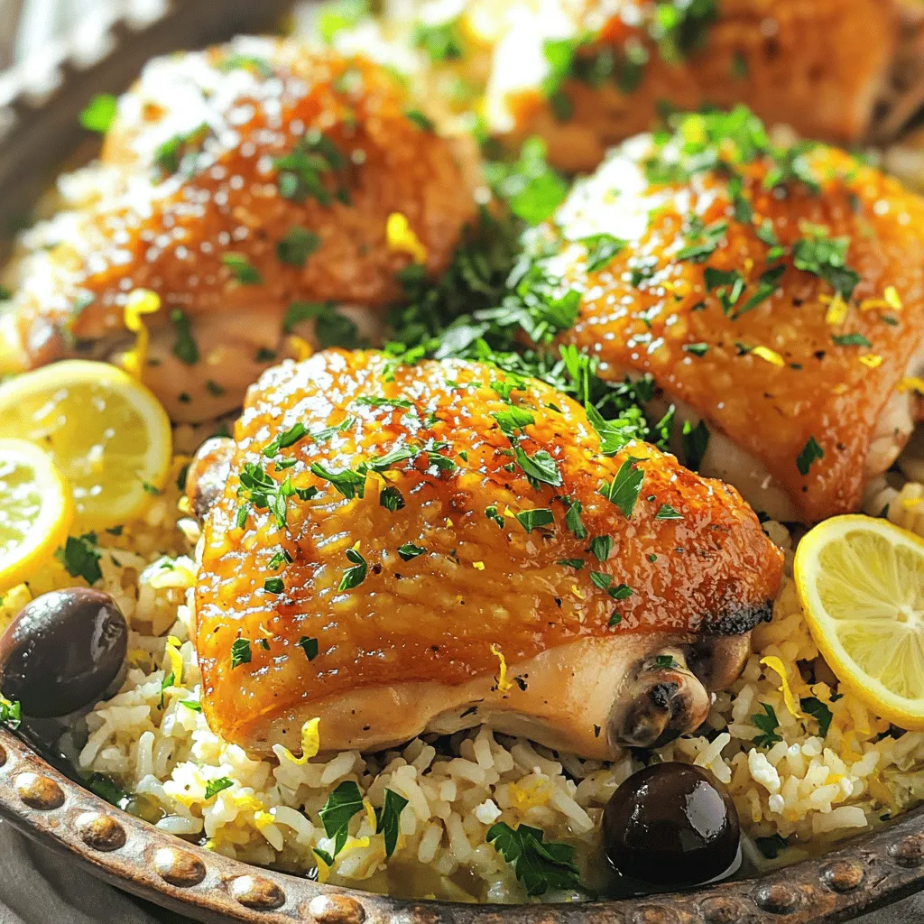 - 4 boneless and skinless chicken thighs - 1 cup long-grain rice (e.g., basmati) - 2 cups chicken broth - 1 large lemon (zested and juiced) - 3 tablespoons olive oil - 4 cloves of garlic, minced - 1 teaspoon dried oregano - 1 teaspoon dried thyme - Salt and pepper to taste - Fresh parsley, chopped - 1/2 cup Kalamata olives, pitted and sliced (optional) - 1/2 cup crumbled feta cheese (optional) When cooking Greek Chicken and Lemon Rice, each ingredient plays a key role. The chicken thighs stay juicy and tender while soaking up flavors. The rice absorbs the broth and lemon juice, creating a tasty base. The olive oil adds richness, and garlic gives it a nice kick. The lemon zest and juice brighten the dish, making it fresh and vibrant. Don't skip the herbs! Oregano and thyme bring the essence of Greece to your plate. You can add optional garnishes for a lovely touch. Fresh parsley adds color and freshness. Kalamata olives and feta cheese add saltiness and depth. These choices let you customize your dish to suit your taste. For the full recipe, check out the step-by-step guide. This dish is not only delicious but also easy to make in one pan. To start, gather your ingredients. Combine olive oil, minced garlic, lemon juice, lemon zest, oregano, thyme, salt, and pepper in a bowl. Mix well to create a flavorful marinade. Next, coat the chicken thighs evenly in this mixture. Make sure each piece is well-covered. Let the chicken marinate for at least 30 minutes. If you have time, refrigerate it for up to 2 hours for better flavor. Heat a large skillet over medium heat. Once hot, remove the chicken from the marinade. Let any excess marinade drip off. Sear the chicken thighs in the skillet for about 5-7 minutes on each side. Look for a golden color and ensure they are cooked through. Once done, remove the chicken from the skillet and set it aside. In the same skillet, add the long-grain rice. Toast it for about 1 minute, stirring gently. This step adds depth to the rice flavor. Next, pour in the chicken broth and bring it to a boil. After it boils, reduce the heat to low. Cover the skillet and let the rice simmer for about 15 minutes. You want all the liquid absorbed and the rice tender. Once the rice is ready, add the cooked chicken back into the skillet. Drizzle any remaining marinade over the chicken and rice. If you like, fold in sliced olives and crumbled feta cheese for extra flavor. Let the dish sit off the heat for 5 more minutes. This resting time helps meld the flavors together. For the full recipe, refer to the ingredients and instructions provided above. To make your chicken full of flavor, marinate it right. Start with a mix of olive oil, minced garlic, lemon juice, lemon zest, oregano, thyme, salt, and pepper. This blend adds depth to the chicken. Aim to marinate for at least 30 minutes. If you have more time, go for up to 2 hours in the fridge. The longer it sits, the better the taste! Fluffy rice is key to this dish. First, toast the long-grain rice in the skillet for about a minute. This step enhances its flavor. Next, pour in the chicken broth. Using homemade broth makes the rice richer and tastier. Bring it to a boil, then lower the heat and cover. Let it simmer for around 15 minutes. The result? Perfectly cooked rice every time. When serving Greek Chicken and Lemon Rice, presentation matters. Use a large platter for family-style dining. This makes it look inviting. You can also serve on individual plates. For a pop of color, garnish with fresh parsley and lemon wedges. Pair it with a Greek salad or tzatziki for a refreshing side. These additions make your meal even more delicious. {{image_2}} You can switch up the main protein in this dish. Instead of chicken thighs, try chicken breasts for a leaner option. Shrimp works well, too. Simply adjust the cooking time since shrimp cooks faster. For a plant-based twist, use tofu. Just press it first to remove excess water and then marinate it like the chicken. Each protein brings a unique taste. While I love long-grain rice, you can use jasmine rice for a floral note. Wild rice gives a nutty flavor and a nice texture. Quinoa is another excellent choice; it adds a protein boost. Just remember to adjust the cooking time and liquid amounts based on the rice type. Each option transforms the dish in fun ways. Want to spice things up? Add paprika or cumin to the marinade. They give a warm, earthy flavor. You can also toss in fresh vegetables to boost nutrition. Spinach wilts beautifully into the rice, while bell peppers add a sweet crunch. These tweaks keep the dish fresh and exciting. Experiment with what you love to make it your own. For the full recipe, check out the complete instructions to get started! To store leftover Greek Chicken and Lemon Rice, let it cool first. Place it in an airtight container. This helps keep the flavors fresh. You can store it in the fridge for up to three days. For the best quality, eat it within two days. If you want to save some for later, freezing is a great option. Divide the portions into smaller containers. Make sure to leave a little space at the top for expansion. You can freeze Greek Chicken and Lemon Rice for about three months. When you're ready to eat, move it to the fridge to thaw overnight. When reheating, the stove is best. It helps keep the dish moist and tasty. Just add a splash of broth or water in a skillet. Heat it over medium-low until warm. If you use a microwave, place it in a microwave-safe dish. Cover it to keep moisture in. Heat for about two minutes, stirring halfway through. Enjoy your meal just as delicious as the first time! You can use water or vegetable broth instead. This helps keep it vegetarian and lower in sodium. If you want more flavor, add lemon juice and zest to the water. You can also toss in herbs like oregano or thyme to enhance the taste. Yes, you can make Greek Chicken and Lemon Rice ahead of time. Cook it fully, then cool it down. Store it in an airtight container in the fridge for up to three days. When ready to eat, reheat it in a pan or microwave. Add a splash of water to keep it moist. Serve it on a large platter for family-style dining. This looks great and makes sharing easy. You can also plate it individually. Garnish each serving with fresh parsley and lemon wedges. This adds color and freshness to your meal. Greek Chicken and Lemon Rice comes from Greece, a land rich in flavors and history. This dish reflects the Mediterranean lifestyle, focusing on fresh ingredients. It is common in Greek homes and restaurants. The lemon adds brightness, while the rice makes it hearty. Yes, Greek Chicken and Lemon Rice can be gluten-free. You just need to choose the right rice. Long-grain rice like basmati is naturally gluten-free. Check that your broth is also gluten-free if you use store-bought. This way, everyone can enjoy this tasty dish. You can find the full recipe for Greek Chicken and Lemon Rice in the step-by-step instructions provided. In this post, we explored how to make Greek Chicken and Lemon Rice. You learned about key ingredients, marinating techniques, and cooking methods. I shared tips to enhance flavor and achieve fluffy rice. You also discovered variations and storage options to keep meals fresh. These steps help you create a flavorful dish packed with nutrition. Try this recipe for a tasty, satisfying meal that’s easy to prepare. Enjoy your cooking adventure with Greek flavors!