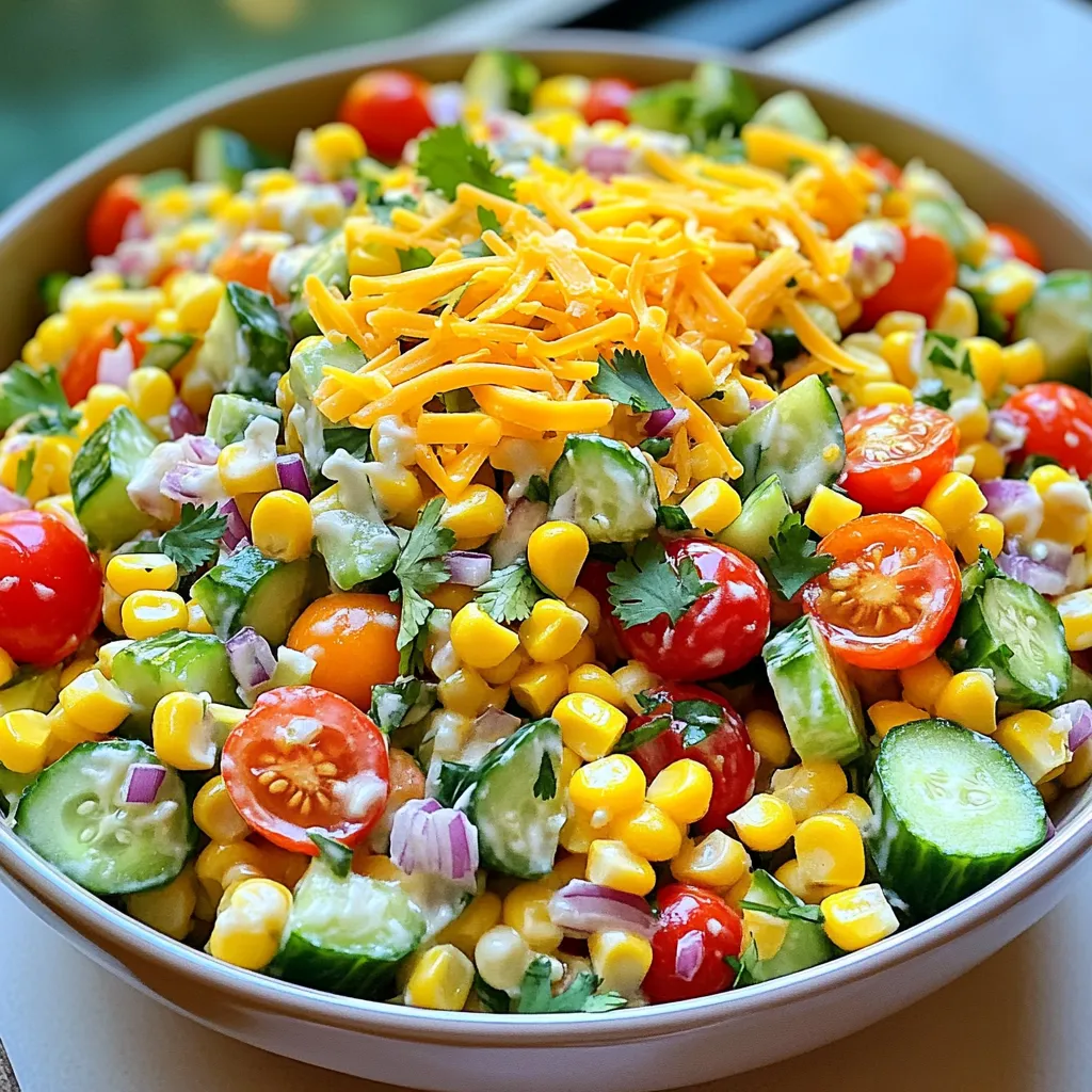 Fresh corn is the star of this dish. I use about 4 cups of corn kernels, which comes from 4 ears of corn. For the best taste, always pick corn that feels firm and has bright green husks. Boil the corn for 5-7 minutes to make it tender. Then, let it cool before cutting off the kernels. I love adding colorful veggies to this salad. You will need: - 1 1/2 cups cherry tomatoes, halved - 1 cup diced cucumbers - 1/2 cup red onion, finely chopped - 1/2 cup bell peppers (mix of colors), diced These veggies add crunch and flavor. Choose firm tomatoes and crisp cucumbers for the best results. To dress the salad, I mix these ingredients: - 1/2 cup mayonnaise - 1 tablespoon apple cider vinegar - 1 tablespoon honey - 1 teaspoon garlic powder - Salt and pepper to taste This dressing ties everything together. The mayonnaise adds creaminess, while vinegar brings a nice tang. Honey adds a hint of sweetness. You can adjust the salt and pepper to your liking. For those who want a colorful and tasty side dish, follow the full recipe. It is simple and delightful! First, you need fresh corn for this dish. If you have corn on the cob, boil it for about 5-7 minutes. This will make the corn tender and sweet. Once it's cooked, drain it and let it cool. After cooling, carefully cut the kernels off the cob. If you use canned corn, make sure to drain and rinse it well. This keeps the salad light and fresh. In a large mixing bowl, gather your corn kernels, cherry tomatoes, diced cucumbers, finely chopped red onion, and colorful bell peppers. These ingredients add crunch and flavor. Gently mix them together to ensure an even distribution. This step is crucial. You want every bite to be full of all the delicious flavors. Now, let’s make the dressing. In a separate bowl, whisk together the mayonnaise, apple cider vinegar, honey, garlic powder, salt, and pepper. Mix until the dressing is smooth and creamy. This dressing brings everything together in a tasty way. Once it's ready, pour it over your corn mixture. Stir gently to coat all the veggies and corn with that creamy dressing. Don't forget to add the shredded cheddar cheese. It adds a nice richness to the salad. Now, taste your salad. Adjust the seasoning if needed. If you like it spicy, try adding a pinch of cayenne pepper or some chopped jalapeños. These little tweaks can make a big difference. After mixing, let the salad chill in the fridge for at least 30 minutes. This helps all the flavors blend together nicely. Before you serve, consider garnishing with fresh cilantro for a pop of color and flavor. Enjoy your fresh and vibrant Crack Corn Salad! For the full recipe, refer to the sections above. To make your Crack Corn Salad shine, try adding spices. A pinch of cayenne gives heat. You can also add lime juice for zest. Fresh herbs bring brightness, too. Consider basil or parsley. If you want more crunch, add sliced radishes. They add a nice bite and color. Serve this salad cold for the best taste. It pairs well with grilled meats, burgers, or tacos. You can also use it as a filling for wraps. For a fun twist, try it on tortilla chips as a dip. This salad is perfect for picnics and barbecues, too. Presentation matters when serving food. Use a clear bowl to show off the bright colors. Garnish with cilantro for a fresh touch. You can also add lime wedges on the side. This adds a pop of color and invites guests to squeeze some juice on top. For the full recipe, check out Crack Corn Salad . {{image_2}} You can make Crack Corn Salad heartier by adding protein. Grilled chicken or shrimp works well. Simply chop them into bite-sized pieces and mix them with the salad. You can also use canned beans, like black beans or chickpeas, for a quick boost. They add great texture and flavor. For a veggie twist, try adding roasted or grilled vegetables. Zucchini, bell peppers, or asparagus add a nice touch. You can also use crumbled feta cheese for a salty flavor that pairs well. This keeps it fresh and light while still being filling. If you like heat, spice up your salad. Add diced jalapeños or a pinch of cayenne pepper to the mix. You can also use a spicy mayonnaise or add hot sauce to the dressing. This gives a nice kick, making the salad exciting and flavorful. Feel free to get creative! Check out the Full Recipe for more ideas on making this salad your own. After you make Crack Corn Salad, store it in the fridge. Use an airtight container to keep it fresh. The salad tastes best when chilled for about 30 minutes before you serve it. If you have leftovers, place them in the fridge right away. This salad can stay fresh for up to three days. Just remember to stir it before serving again to mix the flavors. I do not recommend freezing Crack Corn Salad. The fresh veggies and creamy dressing do not hold up well in the freezer. Freezing can make the veggies mushy and the dressing watery. If you want to prepare it in advance, stick to refrigeration instead. This way, you keep all the flavors and textures intact. Crack Corn Salad is best enjoyed fresh, but it can last in the fridge for about three days. After that, the flavors may fade. If you notice any changes in smell or texture, it’s best to toss it out. Always check for signs of spoilage before serving leftovers. Keeping an eye on freshness helps you enjoy this salad at its best! You can use Greek yogurt as a tasty swap. It adds creaminess without too many calories. You can also try sour cream for a tangy flavor. If you want a lighter option, use mashed avocado. Each choice changes the taste a bit, but they all work well. To make a vegan version, replace mayonnaise with vegan mayo. You can also use cashew cream for a rich texture. Blend soaked cashews with lemon juice and water until smooth. This gives a creamy base that tastes great. Check the cheese too; use a plant-based cheese for that cheesy flavor. Yes, frozen corn works perfectly in this salad. It is quick and easy to use. Just thaw the corn and drain any water before adding it. Frozen corn often has a sweet taste, making it a nice choice. However, fresh corn gives a crunch that some may prefer. This blog post covered all you need for a delicious crack corn salad. We explored fresh corn, vegetables, and dressing components. I shared step-by-step instructions on preparing the corn and combining ingredients. You learned tips to enhance flavor and creative serving ideas. We also discussed variations, storage tips, and common questions. In summary, making this salad fun and flexible is simple. Enjoy creating your own version!