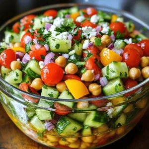 - 1 can (15 oz) chickpeas, drained and rinsed - 1 large cucumber, diced - 1 cup cherry tomatoes, halved - 1/2 red onion, finely chopped - 1 red bell pepper, diced - 1/4 cup fresh parsley, chopped - 1/4 cup feta cheese, crumbled (optional) - 3 tablespoons olive oil - 2 tablespoons lemon juice - 1 teaspoon cumin - Salt and pepper to taste - Alternatives for chickpeas: You can swap chickpeas for black beans or kidney beans. Both add protein and flavor. - Recommended cucumber types: Use English cucumbers for less seeds and a crisper bite. Persian cucumbers are also great for salads. - Feta cheese variations: If you want a dairy-free option, try vegan feta. You can also use goat cheese for a tangy twist. This Chickpea Cucumber Salad is not just easy to make, but it also bursts with fresh flavors. You can find the full recipe in the previous sections. 1. Combining the ingredients: Start by taking a large bowl. Add the drained chickpeas, diced cucumber, halved cherry tomatoes, finely chopped red onion, and diced red bell pepper. These ingredients bring a nice crunch to the salad. 2. Mixing the dressing: In a small bowl, whisk together three tablespoons of olive oil, two tablespoons of lemon juice, one teaspoon of cumin, and salt and pepper to taste. This dressing adds a zesty flavor that ties everything together. 3. Tossing the salad: Pour the dressing over the salad mixture. Toss gently to coat all the ingredients evenly. Make sure everything is mixed well. Taste to see if it needs more salt or pepper. - Chilled vs. room temperature: You can serve this salad chilled or at room temperature. Chilling it for at least 15 minutes helps the flavors blend. I prefer it cold on hot days. - Ideal serving dishes: Use a large clear bowl for serving. This way, the bright colors of the salad shine through. It makes the dish more appealing. - Garnishing tips: Top the salad with extra fresh parsley and a sprinkle of feta cheese, if you like. This adds a nice touch and looks great on the table. - Prep time breakdown: You can make this salad in just 15 minutes. It’s quick and easy! - When to make the dressing: Make the dressing right before you toss the salad. This keeps it fresh and tasty. - Resting time for flavors: Let the salad sit for at least 15 minutes. This resting time allows the flavors to meld together beautifully. For the full recipe, check out the Chickpea Cucumber Fiesta Salad. To keep your chickpea cucumber salad fresh, use an airtight container. Glass or plastic containers work well. The salad stays good in the fridge for up to three days. If you have leftovers, keep them cold until you eat them. Reheating is not needed for this salad. It tastes best cold. If you like it fresh, serve it right after making it. You can add tasty spices to your salad. Try smoked paprika or chili powder for a kick. Fresh herbs like dill or mint boost flavor too. They add a nice touch and freshness. If you want extra protein, mix in grilled chicken or tuna. This makes your salad heartier and more filling. Meal prep is easy with this salad. Chop your veggies a day ahead. Keep them in the fridge to stay fresh. Don’t add dressing until you are ready to serve. Let the salad rest for a little while before serving. This helps the flavors blend together. Aim for at least 15 minutes. For the best taste, make it no more than a day in advance. For the full recipe, check the Chickpea Cucumber Fiesta Salad details. {{image_2}} If you want to mix things up, there are many easy swaps for this salad. - Vegan options: Omit the feta cheese. You can add avocado for creaminess. - Gluten-free modifications: This salad is naturally gluten-free! Just check your dressing for gluten. - Seasonal vegetables to include: Add bell peppers in summer, or roasted sweet potatoes in fall. The dressing can change the salad's taste. Here are some ideas. - Homemade dressing variations: Try mixing tahini, garlic, and lemon juice for a nutty flavor. - Use of store-bought dressings: A balsamic vinaigrette works well. Just pour it on and mix! - Flavor profiles to enhance: Add herbs like dill or mint for freshness. You can serve this salad in many ways. - As a side dish: It pairs great with grilled chicken or fish. - Main course salad ideas: Toss in quinoa or farro for a filling meal. - Pairing with other dishes: Serve it with hummus and pita for a delightful spread. For the full recipe, check out Chickpea Cucumber Fiesta Salad. To keep your salad fresh, use airtight containers. Glass or plastic containers work great. Store your salad in the fridge. The cold slows spoilage and keeps flavors bright. If you see wilting or a bad smell, it’s time to toss it. Can you freeze Chickpea Cucumber Salad? I don’t recommend it. The cucumber gets mushy when thawed. Instead, you can freeze the chickpeas and other veggies separately. To freeze, place them in freezer bags. Remove air and seal tightly. When ready to use, thaw them overnight in the fridge. This helps keep the texture nice. You can transform leftovers into a wrap. Just add some salad to a tortilla and roll it up. It makes a quick lunch. You can also add it to grain bowls. Mix it with rice or quinoa for a hearty meal. Lastly, try repurposing it in pasta. Toss it with cooked pasta for a fresh twist. These ideas help you enjoy every last bite! Chickpea Cucumber Salad lasts about 3 to 5 days in the fridge. Store it in an airtight container to keep it fresh. After this time, the veggies may become soggy. Yes, you can use canned chickpeas. They save time and are ready to use. Just drain and rinse them before adding to your salad. This step helps reduce sodium and improves taste. If you want a feta substitute, try goat cheese or a vegan cheese. You can also use cubes of avocado for creaminess. These options still keep the salad tasty and fresh. Yes, this salad is gluten-free. All the ingredients, like chickpeas and veggies, are safe for gluten-free diets. It’s a great option for anyone avoiding gluten. To boost protein, add grilled chicken or shrimp. You can also mix in some quinoa or nuts like almonds or walnuts. These options make your salad more filling and nutritious. Chickpeas are full of fiber, protein, and vitamins. They can help with digestion and keep you full longer. They also support heart health and may help lower cholesterol. Eating chickpeas is an easy way to add nutrients to your meals. Chickpea Cucumber Salad is simple to make and packed with flavor. We covered ingredients, prep, and tips for storage and variations. This salad is fresh and can meet many dietary needs. You can make it ahead, enjoy it chilled, or serve it at room temperature. Remember, it’s all about using what you love. Feel free to swap ingredients or dressings to fit your taste. Enjoy creating your own version of this tasty salad!