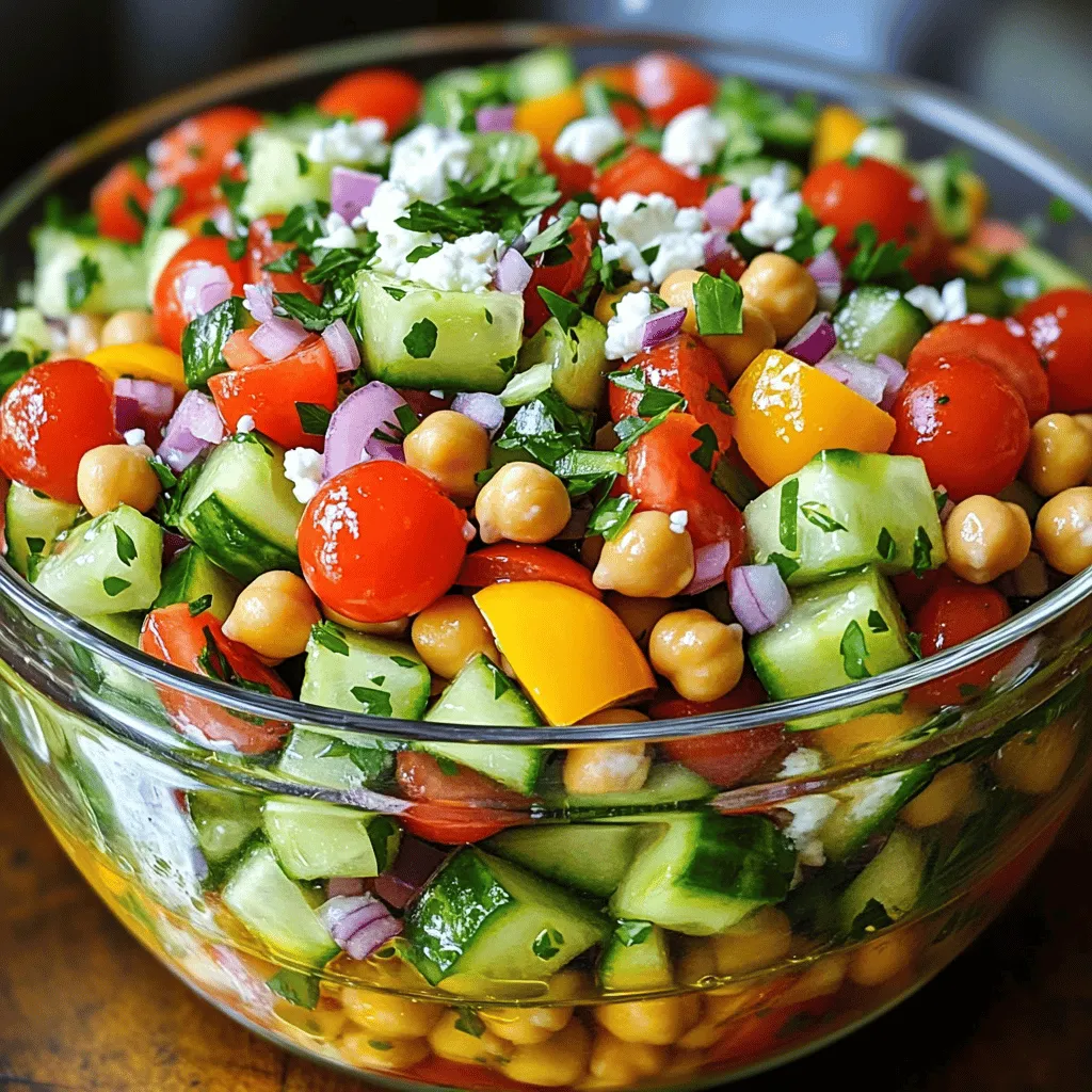 - 1 can (15 oz) chickpeas, drained and rinsed - 1 large cucumber, diced - 1 cup cherry tomatoes, halved - 1/2 red onion, finely chopped - 1 red bell pepper, diced - 1/4 cup fresh parsley, chopped - 1/4 cup feta cheese, crumbled (optional) - 3 tablespoons olive oil - 2 tablespoons lemon juice - 1 teaspoon cumin - Salt and pepper to taste - Alternatives for chickpeas: You can swap chickpeas for black beans or kidney beans. Both add protein and flavor. - Recommended cucumber types: Use English cucumbers for less seeds and a crisper bite. Persian cucumbers are also great for salads. - Feta cheese variations: If you want a dairy-free option, try vegan feta. You can also use goat cheese for a tangy twist. This Chickpea Cucumber Salad is not just easy to make, but it also bursts with fresh flavors. You can find the full recipe in the previous sections. 1. Combining the ingredients: Start by taking a large bowl. Add the drained chickpeas, diced cucumber, halved cherry tomatoes, finely chopped red onion, and diced red bell pepper. These ingredients bring a nice crunch to the salad. 2. Mixing the dressing: In a small bowl, whisk together three tablespoons of olive oil, two tablespoons of lemon juice, one teaspoon of cumin, and salt and pepper to taste. This dressing adds a zesty flavor that ties everything together. 3. Tossing the salad: Pour the dressing over the salad mixture. Toss gently to coat all the ingredients evenly. Make sure everything is mixed well. Taste to see if it needs more salt or pepper. - Chilled vs. room temperature: You can serve this salad chilled or at room temperature. Chilling it for at least 15 minutes helps the flavors blend. I prefer it cold on hot days. - Ideal serving dishes: Use a large clear bowl for serving. This way, the bright colors of the salad shine through. It makes the dish more appealing. - Garnishing tips: Top the salad with extra fresh parsley and a sprinkle of feta cheese, if you like. This adds a nice touch and looks great on the table. - Prep time breakdown: You can make this salad in just 15 minutes. It’s quick and easy! - When to make the dressing: Make the dressing right before you toss the salad. This keeps it fresh and tasty. - Resting time for flavors: Let the salad sit for at least 15 minutes. This resting time allows the flavors to meld together beautifully. For the full recipe, check out the Chickpea Cucumber Fiesta Salad. To keep your chickpea cucumber salad fresh, use an airtight container. Glass or plastic containers work well. The salad stays good in the fridge for up to three days. If you have leftovers, keep them cold until you eat them. Reheating is not needed for this salad. It tastes best cold. If you like it fresh, serve it right after making it. You can add tasty spices to your salad. Try smoked paprika or chili powder for a kick. Fresh herbs like dill or mint boost flavor too. They add a nice touch and freshness. If you want extra protein, mix in grilled chicken or tuna. This makes your salad heartier and more filling. Meal prep is easy with this salad. Chop your veggies a day ahead. Keep them in the fridge to stay fresh. Don’t add dressing until you are ready to serve. Let the salad rest for a little while before serving. This helps the flavors blend together. Aim for at least 15 minutes. For the best taste, make it no more than a day in advance. For the full recipe, check the Chickpea Cucumber Fiesta Salad details. {{image_2}} If you want to mix things up, there are many easy swaps for this salad. - Vegan options: Omit the feta cheese. You can add avocado for creaminess. - Gluten-free modifications: This salad is naturally gluten-free! Just check your dressing for gluten. - Seasonal vegetables to include: Add bell peppers in summer, or roasted sweet potatoes in fall. The dressing can change the salad's taste. Here are some ideas. - Homemade dressing variations: Try mixing tahini, garlic, and lemon juice for a nutty flavor. - Use of store-bought dressings: A balsamic vinaigrette works well. Just pour it on and mix! - Flavor profiles to enhance: Add herbs like dill or mint for freshness. You can serve this salad in many ways. - As a side dish: It pairs great with grilled chicken or fish. - Main course salad ideas: Toss in quinoa or farro for a filling meal. - Pairing with other dishes: Serve it with hummus and pita for a delightful spread. For the full recipe, check out Chickpea Cucumber Fiesta Salad. To keep your salad fresh, use airtight containers. Glass or plastic containers work great. Store your salad in the fridge. The cold slows spoilage and keeps flavors bright. If you see wilting or a bad smell, it’s time to toss it. Can you freeze Chickpea Cucumber Salad? I don’t recommend it. The cucumber gets mushy when thawed. Instead, you can freeze the chickpeas and other veggies separately. To freeze, place them in freezer bags. Remove air and seal tightly. When ready to use, thaw them overnight in the fridge. This helps keep the texture nice. You can transform leftovers into a wrap. Just add some salad to a tortilla and roll it up. It makes a quick lunch. You can also add it to grain bowls. Mix it with rice or quinoa for a hearty meal. Lastly, try repurposing it in pasta. Toss it with cooked pasta for a fresh twist. These ideas help you enjoy every last bite! Chickpea Cucumber Salad lasts about 3 to 5 days in the fridge. Store it in an airtight container to keep it fresh. After this time, the veggies may become soggy. Yes, you can use canned chickpeas. They save time and are ready to use. Just drain and rinse them before adding to your salad. This step helps reduce sodium and improves taste. If you want a feta substitute, try goat cheese or a vegan cheese. You can also use cubes of avocado for creaminess. These options still keep the salad tasty and fresh. Yes, this salad is gluten-free. All the ingredients, like chickpeas and veggies, are safe for gluten-free diets. It’s a great option for anyone avoiding gluten. To boost protein, add grilled chicken or shrimp. You can also mix in some quinoa or nuts like almonds or walnuts. These options make your salad more filling and nutritious. Chickpeas are full of fiber, protein, and vitamins. They can help with digestion and keep you full longer. They also support heart health and may help lower cholesterol. Eating chickpeas is an easy way to add nutrients to your meals. Chickpea Cucumber Salad is simple to make and packed with flavor. We covered ingredients, prep, and tips for storage and variations. This salad is fresh and can meet many dietary needs. You can make it ahead, enjoy it chilled, or serve it at room temperature. Remember, it’s all about using what you love. Feel free to swap ingredients or dressings to fit your taste. Enjoy creating your own version of this tasty salad!
