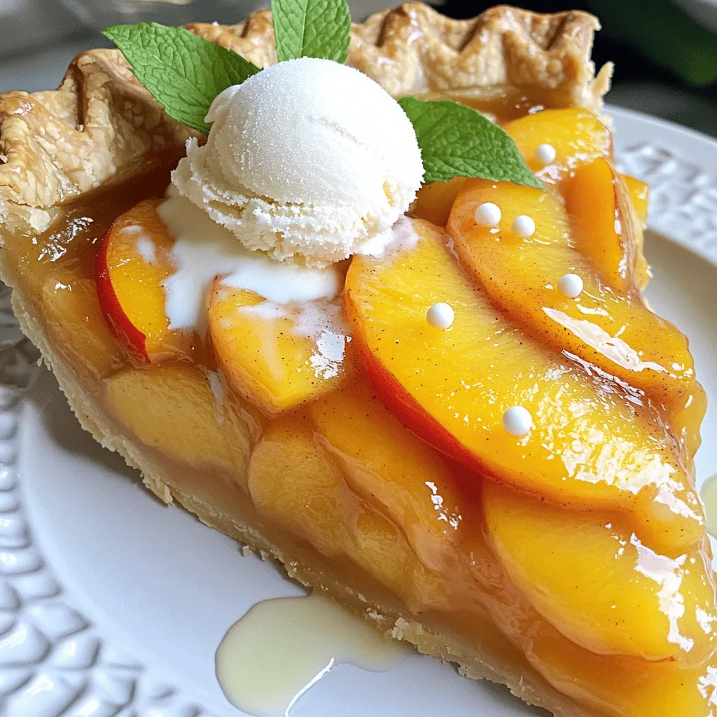 - 6 cups fresh peaches - 1 cup granulated sugar - 1/4 cup all-purpose flour To create a great peach pie, fresh peaches are key. I use ripe peaches for the best flavor. You want them juicy and sweet. The sugar and flour help to thicken the peach juice. This makes a nice filling that won’t run all over your plate. - 1/4 teaspoon ground cinnamon - 1 tablespoon lemon juice - Pinch of salt Cinnamon adds warmth to the pie. It blends well with the peaches. The lemon juice brightens the flavor and keeps the peaches fresh. A pinch of salt balances the sweetness. Together, these pantry staples enhance the taste of the pie. - 1 package refrigerated pie crusts (2 crusts) - 1 tablespoon butter, cut into small pieces - 1 egg, beaten (for egg wash) Using refrigerated crusts saves time. They are easy to use and taste great. Butter adds richness to the pie filling. The beaten egg gives the crust a lovely golden color when baked. For the full recipe, check out the details above. - Preheat the oven to 425°F (220°C). - In a big bowl, mix the sliced peaches with sugar, flour, cinnamon, lemon juice, and salt. Toss gently so the peaches coat well. Let it sit for 20 minutes. This step helps the peaches release their juices. - Roll out the first pie crust and place it in a 9-inch pie dish. Press it gently against the sides. - Pour the peach filling into the crust. Spread it evenly and dot it with small pieces of butter for extra flavor. - Cover the filling with the second crust. Seal the edges by crimping with your fingers. Cut small slits in the top crust to let steam escape. - Brush the top crust with a beaten egg. This gives it a lovely golden color when baked. - Bake the pie in the preheated oven for 45-50 minutes. Look for a golden brown crust and bubbling filling. - Let the pie cool for at least 2 hours before slicing. This helps the filling set. For the full recipe, check the detailed instructions. To make a great pie crust, keep your dough cold. Cold dough helps form a flaky crust. If you notice a soggy bottom, try these tips: - Use a fork to poke holes in the bottom crust. This allows steam to escape. - Pre-bake the crust for 10 minutes before adding the filling. This helps it stay crisp. Crimping edges gives your pie a nice look. Here’s how to do it: - Use your fingers to pinch the edges together. - For a decorative touch, use a fork to press down on the edges. Boost the flavor of your peach pie with a few simple additions. Try using spices like nutmeg or allspice. These spices add warmth and depth to your filling. You can also use brown sugar instead of white sugar. Brown sugar gives a richer taste and adds moisture. Serve your peach pie warm. A scoop of vanilla ice cream on top is a classic choice. The creaminess pairs well with the sweet peaches. For a lovely presentation, slice the pie and add fresh mint on the side. It adds color and a fresh flavor. Enjoy your delicious creation! {{image_2}} You can swap out peaches for other fruits. Berries like blueberries or raspberries work great. Apples also make a tasty pie. Just follow the same steps in the full recipe. Making a mixed fruit pie can be fun too. Combine peaches, berries, and apples for a colorful treat! If you need a gluten-free option, many stores sell gluten-free pie crusts. You can also make your own with almond flour or oats. Another fun idea is to use a crumble topping instead of a second crust. This adds a nice texture and flavor to the pie. Just mix flour, butter, and sugar, then sprinkle it on top! To make your peach pie special, try infusing the filling with vanilla or bourbon. Just add a teaspoon of vanilla extract or a splash of bourbon to the peach mix. You can also experiment with citrus zest. A little lemon or orange zest brightens the flavor. These simple changes can make your pie stand out! To store leftover peach pie at room temperature, cover it loosely with foil or wax paper. This keeps the crust from getting too soft. If you want to keep it fresh longer, put it in the fridge. Wrap the pie tightly in plastic wrap or put it in an airtight container. This helps it stay tasty for days. If you want to save peach pie for later, freezing is best. Let the pie cool completely before wrapping it in plastic wrap. Then, place it in a freezer bag or container. Make sure to label it with the date. When you are ready to enjoy it, thaw the pie in the fridge overnight. To reheat, place it in a preheated oven at 350°F (175°C) for about 20 minutes. This warms it nicely and keeps the crust crisp. In the fridge, peach pie lasts about 3 to 4 days. After that, the taste and texture start to go down. Watch for signs of spoilage, like a sour smell or mold. If you notice any changes, it's best to toss the pie. Enjoy your peach pie while it is fresh for the best flavor! If you don’t have fresh peaches, don’t worry! You can use canned or frozen peaches. Canned peaches are easy to find. Just make sure to drain them well. Frozen peaches are also great. Thaw and drain them before using. Both options will still give you a tasty pie. You’ll know the pie is done when the crust turns golden brown and the filling bubbles. A golden crust shows that it baked well. You can also check the filling. If you see bubbles, it’s ready. This usually takes about 45-50 minutes. Yes, you can make this pie ahead! Prepare the pie and cover it well. Store it in the fridge for up to two days. If you want to freeze it, wrap it tightly. It can last up to three months. Just bake it when you are ready to enjoy it. Let the pie cool for at least two hours before slicing. This cooling time helps the filling set. If you slice it too soon, the filling may run. Cooling also makes the pie easier to cut. You can reduce the sugar in the recipe. Try using less granulated sugar or a sugar substitute. Some options include honey or maple syrup. Just keep in mind that this can change the flavor. Test it to find the right balance for your taste. For more details, check the Full Recipe. Making a peach pie is simple and fun. You use fresh peaches, sugar, and flour for the filling. Don't forget to preheat your oven and prepare your crust well. Remember to check your pie for a golden crust and bubbly filling before taking it out. With these tips, you can create a delicious treat. Enjoy experimenting with different fruits and flavors. This way, every pie can be a new adventure in your kitchen. Happy baking!