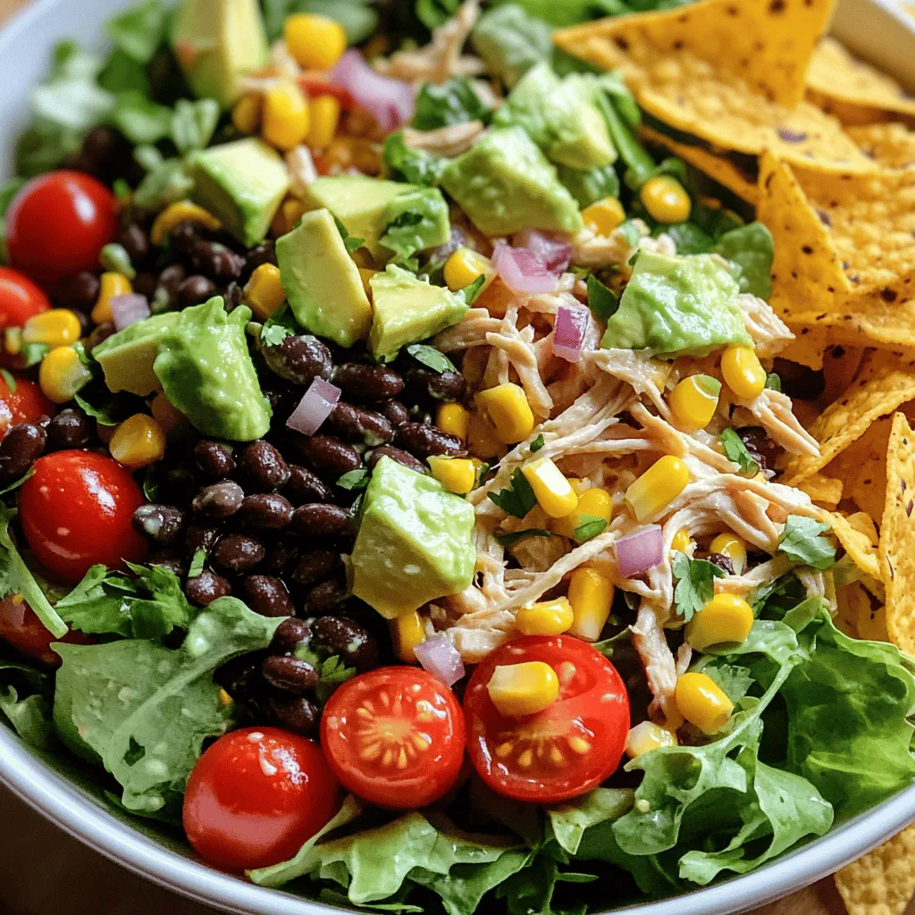 The Easy Zesty Southwest Chicken Salad Bowl is fresh and full of flavor. It takes just 15 minutes to prep and makes four servings. This dish is a great way to enjoy a healthy meal packed with protein and veggies. You can serve it as a main dish or a side. Here are the key ingredients you will need: - 2 cups cooked chicken, shredded or diced - 1 cup black beans, rinsed and drained - 1 cup corn kernels (fresh or frozen) - 1 red bell pepper, diced - 1 avocado, diced - 1 cup cherry tomatoes, halved - 1 cup mixed salad greens (like romaine and spinach) - 1/2 cup diced red onion - 1/3 cup cilantro, chopped - 1 lime, juiced - 3 tablespoons olive oil - 1 teaspoon chili powder - 1 teaspoon cumin - Salt and pepper to taste - Optional: tortilla chips for crunch These ingredients bring together a nice balance of taste and texture. The chicken adds protein, while the veggies give color and crunch. Feel free to customize your salad with these optional ingredients: - Jalapeños for heat - Cheese, like feta or cheddar - Additional veggies, like cucumbers or radishes - Avocado dressing for a creamy touch Mixing in these options can make your salad even more exciting. You can adjust it to fit your taste. Enjoy experimenting! Start with cooked chicken. You can shred or dice it. I prefer using leftover chicken because it saves time. If you need, you can cook chicken breasts in a pan or bake them. Just make sure to season it with salt and pepper. This enhances the flavor. Once cooked, set the chicken aside to cool. In a big bowl, combine the chicken, black beans, corn, red bell pepper, avocado, cherry tomatoes, and mixed greens. I love the colors and textures in this salad. Each bite offers something new. Mixing these fresh ingredients creates a tasty base. Toss them gently to avoid squishing the avocado. For the dressing, grab a small bowl. Whisk together lime juice, olive oil, chili powder, cumin, salt, and pepper. This simple mix adds a zesty kick to the salad. Make sure everything blends well. Pour the dressing over the salad bowl. Toss the salad again to coat all the ingredients evenly. Lastly, sprinkle diced red onion and cilantro on top. This adds freshness and flavor just before serving. You can find the full recipe in the earlier section. Enjoy making this easy zesty southwest chicken salad bowl! Use fresh ingredients for the best taste. Rinse black beans well to remove extra salt. Dice your veggies small for easy bites. If using frozen corn, thaw it before adding. Cut the avocado last to keep it from browning. Add lime zest for a bright kick. Use fresh herbs like cilantro for a burst of flavor. If you like heat, add jalapeños or hot sauce. Let the salad sit for a few minutes after dressing. This allows the flavors to blend nicely. Serve in clear bowls to show off the colorful layers. Sprinkle extra cilantro on top for a pop of green. Add tortilla chips on the side for a crunchy touch. You can also arrange the salad in neat layers on a platter. This makes it look fancy even though it's easy to make. {{image_2}} You can switch out the chicken for many other proteins. Try grilled shrimp for a tasty twist. You can use ground turkey or beef if you want a heartier meal. For a more unique flavor, try smoked tofu or even pulled pork. Each protein brings its own zing to the salad. If you prefer a meatless meal, I have great ideas for you. You can skip the chicken and add more beans instead. Black beans work well, or you can use chickpeas for a different texture. Add some quinoa for protein and a nice chew. Use a vegan dressing made of olive oil and lime for added taste. If you have dietary needs, don't worry! You can easily adapt this recipe. If you need gluten-free options, leave out the tortilla chips or use corn chips instead. For dairy-free, skip the cheese or add a nut-based cheese. Always taste and adjust the spices to suit your needs. You can still enjoy a zesty salad with these simple swaps! For the full recipe, check out the Easy Zesty Southwest Chicken Salad Bowl. To keep your Easy Zesty Southwest Chicken Salad Bowl fresh, place it in an airtight container. This will help keep the flavors bright. Store the salad in the fridge for up to three days. If you plan to eat it later, keep the dressing separate. This way, the salad won’t get soggy. Freezing this salad is not ideal. The fresh veggies and greens do not freeze well. However, you can freeze the cooked chicken and beans. Place them in a freezer-safe bag. They will last for up to three months. When ready to use, thaw them in the fridge overnight. If you stored the chicken and beans, you can reheat them easily. Use a microwave or stovetop. Heat until warm, but do not overcook. Once heated, mix them back into your salad bowl. Add fresh veggies and dressing right before serving for the best taste. For more details, check out the Full Recipe. Yes, you can make this salad ahead. Prepare the chicken and veggies. Mix them in a bowl. Keep the dressing separate until serving. This way, the salad stays fresh. If you store it in the fridge, it tastes great for up to two days. Just remember to add the dressing right before you eat. This keeps it crisp and zesty. This salad pairs well with many sides. Here are some of my favorites: - Tortilla chips for crunch - Grilled corn on the cob - A side of guacamole - Fresh fruit like watermelon or mango - A cool drink, like lemonade or iced tea These options can make your meal even more delightful. Each adds a fun twist to the salad experience. To spice things up, try these simple ideas: - Add more chili powder to the dressing. - Mix in fresh jalapeños, diced small. - Top with spicy salsa or hot sauce. - Use pepper jack cheese instead of regular cheese. These changes will bring a kick to your salad. Adjust the spice level based on your taste. Enjoy experimenting with flavors! This blog post covered a great salad recipe. We looked at key ingredients and how to mix them. I shared steps for preparing chicken and making the dressing. Tips for flavor and great presentation can help you impress. We also discussed variations for different diets and how to store leftovers. Remember, you can make this salad your own. Enjoy experimenting with flavors and options!