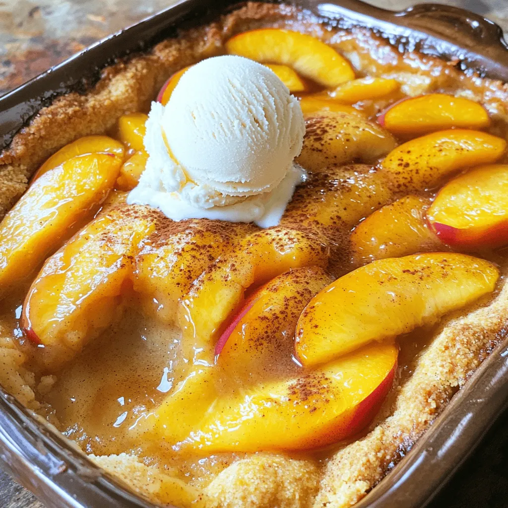 For this Bisquick peach cobbler, fresh peaches are key. You need 4 cups of fresh peaches, peeled and sliced. Look for ripe, juicy peaches. They should be fragrant and slightly soft to the touch. This fruit will give your cobbler its sweet and tangy flavor. Trust me, using fresh peaches makes a huge difference. You will need 1 cup of granulated sugar for this recipe, divided into two parts: ¾ cup for the peaches and ¼ cup for the batter. The sugar helps to enhance the natural sweetness of the peaches. 1 tablespoon of lemon juice is also needed. The lemon juice adds a nice zing that balances the sweetness. It brightens the flavor of the fruit and keeps it fresh. This recipe calls for 1 ½ cups of Bisquick mix. This mix makes your cobbler easy and quick to prepare. It helps create a soft, fluffy texture. You will also need ¾ cup of whole milk and ½ cup of melted unsalted butter. These ingredients work with the Bisquick to create a rich batter. Don’t forget 1 teaspoon of baking powder to help it rise. A hint of ½ teaspoon of vanilla extract and ½ teaspoon of ground cinnamon adds warmth and flavor. Lastly, a pinch of salt brings all the flavors together nicely. If you're ready to dive into this delicious treat, check out the Full Recipe for step-by-step guidance! Start by peeling and slicing four cups of fresh peaches. Choose ripe peaches for the best flavor. In a large bowl, mix the sliced peaches with three-quarters cup of granulated sugar and one tablespoon of lemon juice. This step helps bring out the peach flavor. Toss the peaches gently to coat them. Let the mixture sit for about ten minutes. This resting time lets the peaches soak up the sugar and juice, making them even sweeter. While the peaches rest, grab another bowl. Combine one and a half cups of Bisquick mix, one teaspoon of baking powder, and the remaining quarter cup of sugar. Next, add three-quarters cup of whole milk, half a cup of melted unsalted butter, half a teaspoon of vanilla extract, half a teaspoon of ground cinnamon, and a pinch of salt. Whisk everything together until you have a smooth batter. This batter will create a light and fluffy texture in your cobbler. Now, preheat your oven to 350°F (175°C). Grease a 9x13 inch baking dish to prevent sticking. Pour the batter into the dish, spreading it evenly across the bottom. Gently spoon the peach mixture, along with its juices, over the batter. Do not stir. This creates a lovely layered look. Bake your cobbler for 45 to 50 minutes. It’s done when it turns golden brown and a toothpick inserted in the center comes out clean. After baking, let it cool for at least 15 minutes before serving. Enjoy your delicious creation! For the complete recipe, refer to the Full Recipe above. To get the best texture, use ripe peaches. They should feel soft but not mushy. When mixing the batter, don’t overmix. Stir just until combined to keep it light and fluffy. Pour the batter into a greased dish, then spoon the peaches on top. This way, you create a lovely layer. The batter rises around the fruit, giving you a great final look and feel. Serve this cobbler warm for the best taste. It pairs wonderfully with vanilla ice cream or whipped cream. You can also add a slice of fresh peach on top for extra flair. For a twist, try a drizzle of caramel sauce. This adds a rich flavor that makes each bite even better. If you have leftovers, store them in an airtight container. Keep it in the fridge for up to three days. To reheat, place a slice in the microwave for about 30 seconds. This keeps it soft and warm. If you want to save it longer, you can freeze it for up to three months. Just make sure to wrap it well to prevent freezer burn. {{image_2}} You can make your cobbler even more tasty by adding spices. Cinnamon brings warmth, while nutmeg adds a cozy touch. Just a pinch of each can change the flavor. If you like a little heat, try a pinch of cayenne. It gives the dish a fun kick! Mix spices into the batter or sprinkle them on the peaches. Experiment to find your favorite blend. Peaches are great, but you can use other fruits too. Try blueberries for a sweet burst or blackberries for a tangy twist. Apples give a crisp texture, and pears add a soft bite. You can even mix fruits for a colorful cobbler. Just keep the same amount of fruit to ensure the right texture. Your cobbler will be unique and fun! If you need a gluten-free option, it's easy to adjust. Use a gluten-free baking mix instead of Bisquick. Many brands offer great substitutes that taste just as good. You can also make your own mix with gluten-free flour, baking powder, and a pinch of salt. This way, everyone can enjoy your delicious cobbler without worry. For the full recipe, check out my complete guide on Bisquick Peach Cobbler. After you bake your Bisquick peach cobbler, let it cool down. Once it’s cool, cover it tightly. Store it in the fridge for up to three days. The cobbler will keep its flavor and texture in the fridge. If you want to enjoy it cold, just scoop out a piece and serve. To freeze your cobbler, let it cool completely first. Cut it into squares for easy serving. Wrap each piece in plastic wrap and place them in a freezer bag. This way, you can freeze it for up to three months. When you’re ready to eat it, you can thaw it in the fridge overnight. To reheat your cobbler, preheat your oven to 350°F (175°C). Place the cobbler in an oven-safe dish. Heat it for about 15-20 minutes. If you like it warm and crispy on top, cover it with foil for the first 10 minutes. Then, remove the foil to let it crisp up. You can also use a microwave. Just heat a slice for 30 seconds to 1 minute. Enjoy your cobbler warm! For the full recipe, check out the details above. Yes, you can use canned peaches for this recipe. Just make sure to drain them well. Canned peaches are softer than fresh ones. They will still taste great in the cobbler. You might need less sugar since canned peaches are often sweetened. Taste the peaches first before adding sugar. You can tell the cobbler is done by its color. It should be golden brown on top. You can also use a toothpick. Insert it into the center of the cobbler. If it comes out clean, it is ready. The edges should also look firm, not jiggly. Serving this cobbler warm is a must! A scoop of vanilla ice cream adds a creamy touch. Whipped cream is another great option. You can also garnish with a slice of fresh peach. This makes it look pretty and tasty. For a fun twist, try a drizzle of caramel sauce. For the full recipe, check out the details above. Enjoy your baking! This blog covered how to make a tasty peach cobbler with fresh peaches, sugar, and Bisquick. You learned each step from prepping to baking. I shared tips for perfect texture and storage info. Don’t forget, adding spices or other fruits can change the flavor. You can also use canned peaches if fresh ones aren’t available. Enjoy making your cobbler and impressing your family!