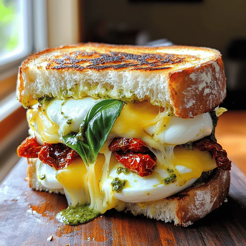 To make the best Italian grilled cheese, you need key ingredients. Here’s what you should gather: - 4 slices of sourdough bread - 1 cup fresh mozzarella cheese, sliced - 1 cup fontina cheese, shredded - 1/2 cup sun-dried tomatoes, chopped - 1/4 cup fresh basil leaves, chopped - 2 tablespoons pesto - 2 tablespoons olive oil - Salt and pepper to taste These ingredients bring together a mix of creamy, tangy, and savory flavors. The mozzarella offers a soft, melty texture while the fontina adds a rich, nutty taste. Sun-dried tomatoes provide a sweet and tangy burst in each bite, and fresh basil brings a fragrant aroma. Choosing the right brands makes a big difference. For cheese, I love using BelGioioso mozzarella and Emmi fontina. They melt well and taste great. For bread, Acme Bread Company sourdough is my top pick. It’s crusty and has a nice chew. These brands enhance the flavor and texture of your sandwich. If you want to kick up the flavor, try adding these optional ingredients: - A sprinkle of garlic powder - A dash of crushed red pepper flakes - A layer of roasted red peppers - A slice of prosciutto These additions can bring unique tastes and textures to your grilled cheese. Garlic powder gives an aromatic boost, while crushed red pepper adds heat. Roasted red peppers offer sweetness, and prosciutto adds a salty, savory touch. You can mix and match to find your favorite flavor combo. For the complete recipe, check out the Full Recipe. To make a tasty Italian grilled cheese, follow these simple steps. Start by gathering your ingredients. You will need: - 4 slices of sourdough bread - 1 cup fresh mozzarella cheese, sliced - 1 cup fontina cheese, shredded - 1/2 cup sun-dried tomatoes, chopped - 1/4 cup fresh basil leaves, chopped - 2 tablespoons pesto - 2 tablespoons olive oil - Salt and pepper to taste Now, heat a non-stick skillet over medium heat. Brush one side of each slice of sourdough with olive oil. On the unbuttered side of two slices, spread 1 tablespoon of pesto each. Next, layer the mozzarella and fontina cheese evenly over the pesto. Add the sun-dried tomatoes and fresh basil, seasoning with salt and pepper. Place the other two slices on top, pressing down gently. You can cook your sandwich in two ways: a panini press or a skillet. A panini press cooks the sandwich evenly and gives it nice grill marks. It also saves time, as you can cook both sides at once. If you choose a skillet, you will need to flip the sandwich. Cook the first side for about 3-4 minutes until golden brown. Use a spatula to press down gently. Then, flip the sandwich and cook for another 3-4 minutes. This method allows you to control the heat better. Both methods work well, so choose the one you prefer! Serve your Italian grilled cheese warm for the best taste. You can pair it with a simple salad or a bowl of tomato soup. For extra flavor, drizzle some balsamic glaze on top. This adds a sweet and tangy touch to your meal. If you want to impress guests, cut the sandwich into small triangles. Arrange them on a platter with fresh basil leaves for a nice touch. Enjoy your delicious creation! For the full recipe, check the details above. Choosing the right cheese is key to a great melt. I recommend using fresh mozzarella. It gives a soft, creamy texture. Fontina cheese is also a great choice. It melts well and adds a rich flavor. Mixing different cheeses enhances taste and texture. Try using a blend of mozzarella and fontina for a delightful experience. This combination creates a gooey center that pulls apart beautifully. To keep the bread crispy, use a good quality sourdough. Its sturdy crust holds up well. Before cooking, brush the outside with olive oil. This adds flavor and helps it brown nicely. Cook on medium heat; too high can burn the bread. Press down gently with a spatula while cooking. This ensures even crispiness and makes the cheese melt perfectly. You can personalize your Italian grilled cheese easily. Add ingredients like sun-dried tomatoes or fresh basil for extra flavor. If you like spice, try adding red pepper flakes. For a savory twist, include prosciutto or salami. Don’t be afraid to experiment! Each addition makes the sandwich your own. For the complete details and steps, check out the Full Recipe. {{image_2}} The classic Italian grilled cheese uses simple, fresh ingredients. It features sourdough bread, mozzarella, and maybe a hint of basil. The gourmet version takes it up a notch. It adds rich flavors with sun-dried tomatoes, pesto, and fontina cheese. Each bite bursts with deliciousness. The key is to balance flavors and textures. You want a crispy outside and a gooey inside. Try both styles to see what you love best. Adding protein can make your sandwich heartier. Thin slices of prosciutto or salami work great. They add a salty kick that pairs well with cheese. If you prefer plant-based options, try roasted vegetables or tempeh. Both add depth and flavor. Layer your choice on top of the cheese, just before grilling. This makes every bite more satisfying and filling. For a vegetarian option, stick to the classic ingredients. You can use rich cheeses and fresh herbs. If you're vegan, swap cheese for a plant-based alternative. Look for vegan mozzarella or cashew cheese. Both melt well and taste great. Add extra veggies like spinach or mushrooms for even more flavor. These choices keep your meal tasty and satisfying while meeting dietary needs. You can find the full recipe [here]. After enjoying your Italian grilled cheese, store leftovers in an airtight container. This keeps the bread from getting soggy. Let the sandwich cool before placing it in the fridge. It stays fresh for up to three days. If you want to keep it longer, consider freezing. To reheat, use a skillet for the best results. Heat the skillet on low. Place the sandwich in and cover it with a lid. This method warms the cheese without burning the bread. Cook for about five minutes on each side. If you prefer a microwave, wrap the sandwich in a damp paper towel. Heat it for 30 seconds, then check. Add more time if needed. You can freeze the Italian grilled cheese for later. Wrap each sandwich tightly in plastic wrap, then place it in a freezer bag. This prevents freezer burn. It can last up to three months in the freezer. When you're ready to eat, thaw it in the fridge overnight before reheating. Enjoy the taste of Italy anytime with this simple storage method! To make your grilled cheese crispy, use enough oil. I suggest olive oil or butter. Coat the bread well on each side. Heat your skillet to medium heat. This helps the bread toast evenly. Flip the sandwich carefully to avoid spills. Cooking it slow gives the cheese time to melt. For Italian grilled cheese, I love fresh mozzarella and fontina. They melt well and taste great. You can also try provolone or aged cheddar for a twist. Each cheese adds its own flavor. Mixing cheeses gives you a richer taste. Don't forget to use good quality cheese for the best results. Yes, you can make Italian grilled cheese ahead of time. Cook the sandwiches, but don’t slice them yet. Let them cool, then wrap in foil. Store in the fridge for up to two days. When you’re ready, reheat them in a skillet. This keeps the bread crispy while warming the cheese. For the full recipe, check out the detailed instructions above. Italian grilled cheese combines simple ingredients with tasty options. We explored essential cheeses and breads that make this dish shine. You learned cooking methods, like using a panini press or skillet. We also discussed tips for achieving the perfect melt and keeping your bread crisp. Don’t forget about flavor variations, including adding proteins or making it vegetarian. Store leftovers properly for the best taste when reheating. Now, it's time to enjoy your delicious creation!