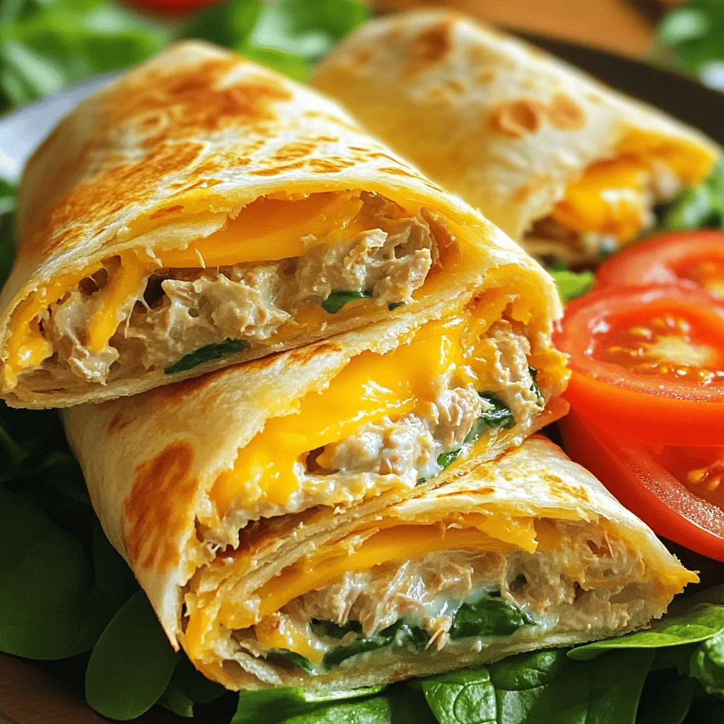 - 1 can of tuna in water, drained - 2 tablespoons mayonnaise - 1 tablespoon Dijon mustard - 1/4 cup finely chopped red onion - 1/4 cup diced celery - 1/2 cup shredded cheddar cheese - 4 large flour tortillas - 1 cup fresh spinach leaves - Salt and pepper to taste - Sliced tomatoes for garnish - Olive oil for grilling Tuna is the star here. It gives the wrap protein and flavor. Mayonnaise and Dijon mustard add creaminess and a slight kick. The cheddar cheese melts beautifully, making each bite rich and satisfying. The onions and celery add crunch and freshness. Flour tortillas hold everything together, while spinach adds a healthy touch. Don’t forget the seasoning. A pinch of salt and pepper brings all the flavors to life. - Mixing bowl - Skillet for grilling - Measuring cups and spoons Use a mixing bowl to blend the tuna mix. A skillet works best for grilling the wraps. Measuring cups and spoons help get the right amounts. These tools make the process easy and fun. You'll be ready to enjoy a tasty Tuna Melt Wrap in no time. For a full recipe, check out the details provided above. To start, gather your ingredients. You need one can of drained tuna, two tablespoons of mayonnaise, and one tablespoon of Dijon mustard. Also, chop a quarter cup of red onion and a quarter cup of celery. 1. In a mixing bowl, combine the tuna, mayonnaise, and Dijon mustard. Mix until smooth. 2. Next, fold in the chopped red onion and celery. This adds crunch and flavor. 3. Finally, mix in half a cup of shredded cheddar cheese. Season with salt and pepper to your taste. Now it's time to put it all together. 1. Lay out your large flour tortillas on a clean surface. 2. At the center of each tortilla, add a handful of fresh spinach leaves. This gives a fresh taste. 3. Spoon a generous amount of the tuna mixture over the spinach. Make sure to cover it well. Now we will grill the wraps to get them nice and crispy. 1. Heat a drizzle of olive oil in a skillet over medium heat. 2. Place the wraps seam-side down in the skillet. Grill for about 3 to 4 minutes on each side. Look for a golden brown color and melted cheese. 3. Once done, remove them from the skillet. Let them cool slightly before slicing in half. For the complete recipe, check out the [Full Recipe]. Enjoy your delicious Tuna Melt Wrap! You can adjust the seasoning to fit your taste. If you like it spicy, add some hot sauce. If you prefer a milder flavor, skip it. You can also substitute canned chicken for tuna if you want a change. Try Greek yogurt instead of mayonnaise for a lighter version. Get creative with your mix-ins, like adding chopped pickles or capers for extra zing. To prevent spills, don’t overfill your wrap. Aim for a generous scoop but leave space at the edges. Start rolling from the bottom while tucking in the sides. This way, your filling stays inside. Make sure to roll tightly, but not so tight that it tears the tortilla. You want it snug and secure. Set your skillet to medium heat for the best results. Too hot, and the wrap burns; too low, and it won't crisp up. Grill each wrap for about 3-4 minutes on each side. Check for a golden color and melted cheese. If your wraps are thick, add a minute more to each side. This ensures a warm, gooey center without overcooking the outside. {{image_2}} If you need a gluten-free option, switch to gluten-free tortillas. These come in many flavors and styles. Just make sure they fit your taste and diet. You can also change up the filling. Use canned tuna, but swap out regular mayonnaise for a gluten-free brand. This small change makes a big difference. For a healthier twist, add sliced avocado or extra vegetables. Veggies like bell peppers or cucumbers work well. They add crunch and flavor. You can also use low-fat mayonnaise. It keeps the wrap creamy without too many calories. This way, you can enjoy your meal without feeling guilty. Want to spice things up? Try different cheeses. Instead of cheddar, use mozzarella or pepper jack. Each cheese brings its own taste. You can also experiment with spices. Adding a pinch of paprika or garlic powder gives your wrap a new kick. These little changes can make your tuna melt wrap exciting and fresh. To keep your Tuna Melt Wraps fresh, place them in the fridge. Use an airtight container to stop moisture. This helps keep the wraps tasty for up to three days. If you have extra filling, store it in a separate container. When you want to enjoy your wraps again, heat them up in a skillet. This keeps the outside crispy and the cheese melty. Warm each wrap over medium heat for about three minutes on each side. You can also use a microwave, but this may make them soft. To keep the texture, cover them lightly with a paper towel in the microwave. You can freeze Tuna Melt Wraps for later. Wrap each one in plastic wrap and then in foil. This keeps them fresh for up to three months. When you’re ready to eat, take them out and let them thaw in the fridge overnight. Reheat them in a skillet to bring back that crispy goodness. Yes, you can use canned tuna in oil. It will change the flavor and texture. Tuna in oil is richer and creamier. This can add a nice depth to your wrap. Just be aware that it can also make your filling a bit greasier. If you like a stronger taste, go for it! Tuna Melt Wraps taste great with many sides. You can serve them with a fresh salad. A crunchy side, like carrot sticks or chips, adds a nice touch. For drinks, try iced tea or lemonade. These drinks will balance the flavors well. If you want something warm, soup is a good choice. A light tomato soup pairs nicely. Tuna Melt Wraps last about three days in the fridge. Keep them in an airtight container. This keeps them fresh and safe to eat. If you notice any odd smells or changes in texture, toss them out. Always trust your senses when it comes to food safety. Enjoy your wraps while they are fresh! Tuna Melt Wraps are easy to make and tasty. We've explored the key ingredients, including tuna, cheese, and veggies. I shared simple steps to prepare and grill them. Remember to adjust the filling to your liking and try different flavors. Don’t forget how to store and reheat them for later. Enjoy experimenting with variations that suit your taste. With these tips, you can make the best Tuna Melt Wraps your way. Happy cooking!