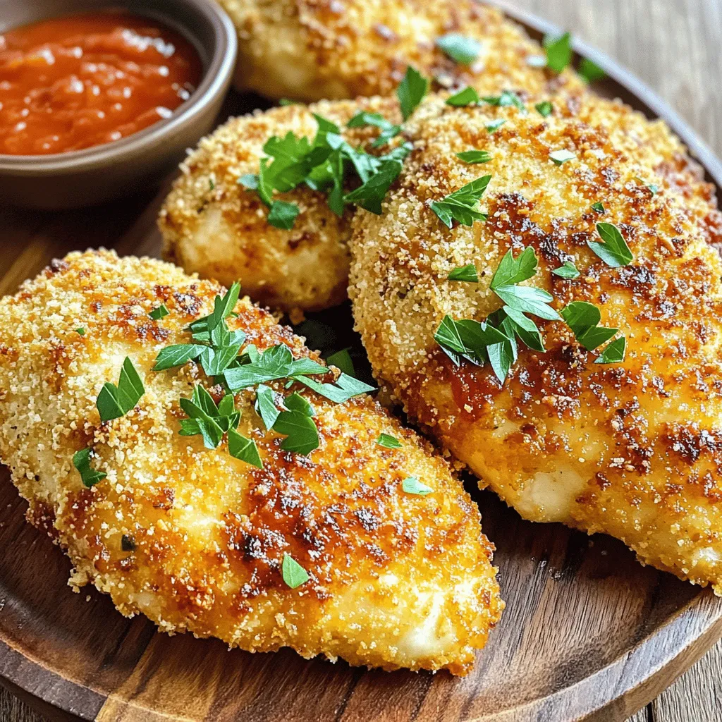 - 4 boneless, skinless chicken breasts - 1 cup grated Parmesan cheese - 1 cup breadcrumbs (Panko works best for extra crispiness) - 1 teaspoon garlic powder - 1 teaspoon Italian seasoning - 1 teaspoon paprika - Salt and pepper to taste - 2 tablespoons olive oil - Fresh parsley, chopped (for garnish) For this crispy Parmesan chicken, you need a few key items. First, boneless, skinless chicken breasts form the base. They cook quickly and stay juicy. Next, grated Parmesan cheese adds a rich, savory flavor. It also helps the coating become nice and crispy. Breadcrumbs, especially Panko, give an extra crunch that you will love. Seasonings are just as important. Garlic powder brings a warm taste that complements the cheese. Italian seasoning adds a mix of herbs that give a nice aroma. Paprika gives a hint of color and flavor, while salt and pepper enhance everything. Olive oil is your secret weapon. It helps the chicken brown beautifully and adds moisture. Finally, fresh parsley adds a pop of color when you serve the dish. Make sure to gather these ingredients before you start cooking. You can find the full recipe to walk you through each step. This will help ensure your dinner is a hit! Preheating the Oven First, preheat your oven to 400°F (200°C). This helps the chicken become crispy and golden. A hot oven is key for a great texture. Preparing the Baking Sheet Next, line a baking sheet with parchment paper. This prevents the chicken from sticking and makes clean-up easy. It also helps achieve even cooking. Dipping in Egg Mixture Take two large eggs and whisk them in a bowl. Now, dip each chicken breast into the egg mixture. Make sure it's well-coated. This helps the dry coating stick to the chicken. Coating in Parmesan and Breadcrumb Mixture In a separate bowl, mix grated Parmesan cheese, breadcrumbs, garlic powder, Italian seasoning, paprika, salt, and pepper. Press each chicken breast firmly into this mixture. The goal is to cover the chicken well. This creates that crunchy outer layer. Baking Time and Temperature Place the coated chicken on the baking sheet. Drizzle some olive oil on top for extra crispiness. Bake the chicken in your preheated oven for 25-30 minutes. Checking for Doneness To know if the chicken is ready, check the internal temperature. It should reach 165°F (74°C). The outside should look golden brown. Let it rest for 5 minutes before serving. This easy family dinner is a winner! For the full recipe, check the details above. To get that perfect crunch, use Panko breadcrumbs. Panko is lighter and flakier than regular breadcrumbs. This helps your chicken become extra crispy. Make sure to press the breadcrumbs firmly onto the chicken. This will help them stick better. Drizzling with olive oil is another great way to add crispiness. The oil helps the breadcrumbs brown nicely in the oven. Just a tablespoon or two will do the trick. It adds flavor and helps create a golden crust. Garnishing with fresh parsley makes your dish look vibrant. A sprinkle of chopped parsley adds color and a fresh taste. Just a little goes a long way in making your meal look gourmet. For serving suggestions, pair the chicken with marinara sauce. It adds a nice contrast and a pop of flavor. You can serve the chicken on a platter with a small bowl of sauce for dipping. This makes it not just tasty but also fun to eat. Check out the Full Recipe for more details. {{image_2}} You can easily change the taste of crispy Parmesan chicken. One way is by adding spices to the coating. Try adding cayenne pepper for heat. You can also use lemon zest for a fresh twist. These small changes can make a big difference. Another fun option is incorporating herbs into the mixture. Fresh basil or thyme adds a nice flavor. If you want, use dried herbs like oregano or rosemary. Mix these in with the breadcrumbs and cheese. This will give your chicken extra flavor and aroma. To make the dish healthier, consider baking instead of frying. Baking reduces the oil you use. It also keeps the chicken moist while making it crispy. With this method, you avoid adding extra calories. You can also substitute chicken with turkey. Turkey breasts work well and are leaner. Just follow the same steps as with chicken. You will still enjoy a tasty meal, and it's a great way to switch things up. For more detailed instructions, check the Full Recipe. To keep your crispy Parmesan chicken fresh, follow these simple tips: - Refrigerating Leftovers: Let the chicken cool to room temperature. Place it in an airtight container. Store in the fridge for up to three days. This helps maintain its flavor and moisture. - Freezing for Long-Term Storage: For longer storage, wrap the chicken tightly in plastic wrap. Then, place it in a freezer bag. You can freeze it for up to three months. When ready to eat, thaw it in the fridge overnight. To enjoy your crispy Parmesan chicken again, use these methods: - Best Methods for Retaining Crispiness: The oven is the best way to reheat. Preheat to 350°F (175°C). Place the chicken on a baking sheet and reheat for about 10-15 minutes. This keeps the coating crispy. - Suggested Microwave Settings: If you use a microwave, place the chicken on a microwave-safe plate. Cover it with a damp paper towel. Heat on medium power for 1-2 minutes. This helps keep it moist, but the coating may lose some crispiness. The best way to ensure your chicken is cooked properly is by checking its internal temperature. You want the thickest part of the chicken to reach 165°F (74°C). This ensures it is safe to eat and tender. To check doneness, use a meat thermometer. Insert it into the thickest part of the chicken, avoiding bones. If it reads 165°F, your chicken is ready. If not, return it to the oven and check again in a few minutes. Yes, you can make crispy Parmesan chicken ahead of time! It is great for meal prep. You can coat the chicken and refrigerate it for up to 24 hours before baking. This allows the flavors to blend well. When you’re ready to bake, simply follow the cooking instructions from the Full Recipe. If you want to reheat leftovers, use the oven for best results. Preheat it to 350°F (175°C) and bake for about 10-15 minutes. This keeps the chicken crispy and tasty. You can serve crispy Parmesan chicken with many sides. Here are some great options: - Roasted Vegetables: Carrots, broccoli, or asparagus are perfect. - Potato Dishes: Mashed potatoes or baked potatoes work well. - Salads: A fresh green salad adds a nice touch. For dips and sauces, marinara sauce pairs nicely. You can also try ranch dressing or a zesty lemon aioli. These options add flavor and fun to your meal! In this post, we explored a simple recipe for Crispy Parmesan Chicken. We covered the main ingredients like chicken breasts and Parmesan cheese. You learned the step-by-step process for perfecting this dish and smart tips for crispiness. Plus, we talked about fun variations and proper storage methods. Remember, this meal is easy to make and delicious. Try it out, impress your family, and enjoy every bite!