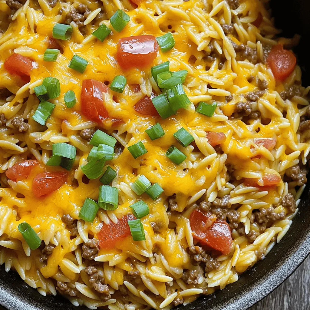 - 1 lb ground beef - 1 cup orzo pasta - 1 medium onion, diced - 2 cloves garlic, minced To make a tasty One-Pot Cheeseburger Orzo Skillet, you need some key items. First, ground beef gives the dish a hearty base. I like using 80/20 beef for a good balance of flavor and fat. Next, you’ll need orzo pasta. It cooks quickly and absorbs all those yummy flavors. Onions add sweetness and depth. Diced onions will mix well with the beef. Garlic is a must for an extra kick. Mince it finely to release its aroma. - 2 cups beef broth - 1 cup shredded cheddar cheese - 1 cup diced tomatoes with green chilies (canned) - 1 tablespoon Worcestershire sauce For flavor, beef broth is your best friend. It keeps everything moist while adding richness. Shredded cheddar cheese melts beautifully into the dish. You get that creamy texture that everyone loves. Diced tomatoes with green chilies bring some tanginess and a little heat. Worcestershire sauce gives depth and a savory punch. Don't skip it! - 1 teaspoon Italian seasoning - Salt and pepper to taste - Chopped green onions for garnish Seasonings are crucial for making this dish shine. Italian seasoning adds a nice herbal note. Use salt and pepper to bring out all the flavors. Top with chopped green onions for a fresh crunch. You can find the full recipe above. It’s simple and so satisfying! - Step 1: Brown the ground beef and onion Start by heating a large skillet over medium heat. Add 1 pound of ground beef and 1 diced onion. Cook for 5 to 7 minutes. The beef should be browned and the onion should turn soft. Drain any extra fat from the skillet. - Step 2: Sauté garlic until fragrant Next, add 2 minced garlic cloves to the skillet. Stir and cook for 1 to 2 minutes. The garlic should smell very good, but don’t let it burn. - Step 3: Mix in orzo and liquids Now, it’s time to add more ingredients. Stir in 1 cup of orzo pasta, 2 cups of beef broth, and 1 cup of diced tomatoes with green chilies. Also, add 1 tablespoon of Worcestershire sauce, 1 teaspoon of Italian seasoning, salt, and pepper to taste. Mix everything well. - Step 4: Bring to a boil and simmer Increase the heat to bring the mixture to a boil. Once boiling, reduce the heat to low. Cover the skillet and let it simmer for 10 to 12 minutes. Stir occasionally to keep the orzo from sticking. - Step 5: Stir in cheese When the orzo is tender, take the skillet off the heat. Add 1 cup of shredded cheddar cheese. Stir until the cheese melts and becomes creamy. - Step 6: Adjust seasoning and serve Finally, taste the dish. Add more salt or pepper if needed. Serve it hot, and sprinkle some chopped green onions on top for a fresh look. For the full recipe, check out the details above. - Use lean ground beef for a healthier option. This choice reduces fat but keeps taste. - Stir occasionally to prevent sticking. This helps the orzo cook evenly and stay fluffy. - Add extra spices for a kick. Try chili powder or paprika to boost the taste. - Substitute ground turkey or chicken as a healthier meat option. These meats are leaner and still delicious. - Pair with a side salad. A fresh salad adds crunch and balances the meal. - Serve in bowls for easy eating. This makes it fun for everyone at the table. For the full recipe, check out the detailed instructions above! {{image_2}} You can easily change ingredients in this dish to suit your taste. - Try using quinoa instead of orzo for added protein. - Incorporate different cheeses like mozzarella or pepper jack for a fun twist. Adding more ingredients can enhance the flavor and nutrition. - Add bell peppers or corn for extra veggies and color. - Include olives for a briny flavor that adds depth. You can make this meal fit different diets. - For a gluten-free version, use gluten-free pasta instead of orzo. - Create a vegan alternative with plant-based meat and dairy-free cheese. These variations keep your One-Pot Cheeseburger Orzo Skillet fresh and exciting. Check out the Full Recipe to explore more ways to make this dish your own! To store leftovers properly, let the dish cool first. Place it in an airtight container. This keeps the meal fresh and tasty. I recommend eating it within 3 to 4 days. This way, you enjoy the best flavor and texture. Freezing this dish is simple. Use a freezer-safe container. Leave some space at the top, as the orzo may expand when frozen. You can freeze it for up to 3 months. When you're ready to enjoy it again, thaw it overnight in the fridge. Reheat it on the stove over low heat. Add a splash of beef broth or water to help with moisture. To revive the dish, gently heat it in a skillet. Stir often to warm it evenly. If it seems dry, add a little beef broth or water. This helps bring back its creamy texture. Enjoy your meal as if it were fresh! How long does it take to cook One-Pot Cheeseburger Orzo Skillet? It takes about 30 minutes to cook. This includes prep time and cooking time. You can have a warm meal ready in no time. Can I make this recipe ahead of time? Yes, you can make it ahead. Cook the dish, let it cool, and store it in the fridge. It stays good for about 3 days. Just reheat it when you are ready to eat. What can I use instead of beef broth? You can use chicken broth or vegetable broth. Both will add nice flavor to the dish. If you want, use water, but add more seasonings. How do I make it spicier? Add red pepper flakes or diced jalapeños. You can also use spicy diced tomatoes. These will give your meal a nice kick without much effort. Is it necessary to drain the ground beef? Yes, you should drain the ground beef if there's a lot of fat. This will help keep the dish from being greasy. You want to keep it tasty and healthy. Can I substitute orzo with another type of pasta? Absolutely! You can use any small pasta like ditalini or macaroni. Just check the cooking time, as it might vary a bit. The dish will still taste great. For the full recipe, check the earlier section! In summary, the One-Pot Cheeseburger Orzo Skillet offers a simple and tasty meal. We covered essential ingredients, step-by-step cooking, and helpful tips. You can customize it with different veggies or meats. Don’t forget to store leftovers right for future meals. This dish is easy to make and sure to please. Whether for a busy weeknight or a casual gathering, it brings flavor and comfort. Enjoy your cooking adventure with this recipe!